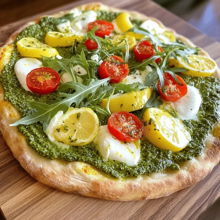 To make Lemon Basil Pesto Pizza, gather these ingredients: - Pre-made pizza dough - Fresh basil leaves - Pine nuts - Grated Parmesan cheese - Olive oil - Lemon (zest and juice) - Garlic - Fresh mozzarella cheese - Cherry tomatoes - Salt and pepper These items create a fresh and zesty flavor. The basil and lemon combine well, making each bite a delight. You can easily swap some ingredients. For the pizza dough, use gluten-free dough or a cauliflower crust. If you want a dairy-free option, try cashew cheese or almond cheese. For nut-free pesto, replace pine nuts with sunflower seeds or omit nuts altogether. To add more flavor, consider these tips: - Mix herbs like oregano or thyme into the dough. - Top with fresh arugula or spinach for a peppery kick. - Try lime or orange zest for a different citrus twist. These simple changes can take your pizza to the next level. Enjoy exploring new flavors! - Preheat the oven: Set your oven to 475°F (245°C). This makes the pizza cook fast and evenly. - Make the lemon basil pesto: In a food processor, add the fresh basil leaves, toasted pine nuts, grated Parmesan cheese, minced garlic, lemon zest, and lemon juice. Pulse until the mix is finely chopped. - Add olive oil: While the processor runs, slowly drizzle in the olive oil. This will give your pesto a smooth and creamy texture. Taste it and add salt and pepper as needed. - Prepare the pizza dough: On a floured surface, roll out the pre-made pizza dough. Go for your favorite thickness. When done, transfer it to a baking sheet or pizza stone. - Spreading the pesto: Take the lemon basil pesto you made and spread it evenly over the pizza dough. Leave a small border around the edges for the crust. - Arranging the cheese and toppings: Place slices of fresh mozzarella cheese on top of the pesto. Then, add halved cherry tomatoes to give a sweet pop of flavor. - Baking times and temperature settings: Slide your pizza into the oven. Bake it for 12-15 minutes. Keep an eye on it until the crust turns golden brown and the cheese bubbles. - Tips on checking doneness: Look for a golden crust. If the cheese is melted and bubbly, your pizza is ready. - Serving suggestions: Take the pizza out and let it cool for a few minutes. For an extra touch, you can top it with fresh arugula before slicing. Serve it hot for the best taste. For the complete cooking process, check out the Full Recipe. To get the best crust, start with a hot oven at 475°F. This heat makes the crust crispy and golden. Roll your dough to about a quarter-inch thick. If you like a thicker crust, use less dough. Don’t forget to leave a border for the crust. Soggy pizza is a common issue. To prevent it, add toppings wisely. Use less sauce or pesto on wetter toppings. You can also pre-bake the crust for a few minutes before adding toppings. This helps the crust stay firm. Fresh basil is key for great pesto. Store basil in water, like a bouquet, to keep it fresh. Cover it loosely with a plastic bag. If you have extra basil, freeze it in ice cube trays with a bit of olive oil. This way, you’ll have fresh basil on hand later! When blending your pesto, pulse the ingredients first. This ensures everything mixes well without turning to mush. Slowly add the olive oil while blending. This gives your pesto a nice, creamy texture. Pair your Lemon Basil Pesto Pizza with a crisp white wine, like Sauvignon Blanc. It enhances the lemon and basil flavors. If you prefer non-alcoholic drinks, try sparkling water with a slice of lemon. For side dishes, a light salad works well. A simple mix of greens, cherry tomatoes, and a lemon vinaigrette is ideal. You can also serve garlic bread for a tasty addition. For the full recipe, check out the Lemon Basil Pesto Pizza section. {{image_2}} You can easily change the toppings on your lemon basil pesto pizza. Adding seasonal vegetables makes the dish fresh and exciting. Try using zucchini, bell peppers, or asparagus in spring. In the fall, add roasted butternut squash or caramelized onions for a sweet touch. Switching up the cheese is another great option. Instead of mozzarella, you could use goat cheese for a tangy flavor or feta for a salty kick. Each cheese gives a different taste and texture to your pizza. If you need gluten-free options, there are many great choices for pizza dough. Look for pre-made gluten-free crusts at your local store. Or, make your own using almond flour or cauliflower rice. For those who prefer vegan meals, you can still enjoy this pizza. Replace the cheese with a dairy-free alternative. Nutritional yeast is a tasty option to add a cheesy flavor. You can also use a vegan pesto made from nuts and nutritional yeast instead of cheese. To spice things up, try a spicy lemon basil pesto pizza. Add red pepper flakes to the pesto for heat. You can also top the pizza with spicy sausage or jalapeños. Another fun twist is to go Mediterranean with your toppings. Add artichokes, kalamata olives, or sun-dried tomatoes. These flavors pair well with lemon and basil, creating a vibrant dish. Feel free to explore these variations to create your perfect lemon basil pesto pizza. You can find the full recipe above to get started! To keep your leftover Lemon Basil Pesto Pizza fresh, store it properly. Place slices in an airtight container. Make sure each slice is separated by parchment paper. This helps prevent sticking and keeps the toppings intact. The best containers for storing pizza are glass or plastic with tight-fitting lids. These containers keep moisture out, so your pizza stays tasty. If you don’t have a container, wrap the pizza tightly in aluminum foil or plastic wrap. When reheating pizza, you have two main choices: the microwave or the oven. The microwave is quick but may make the crust soggy. For the best results, use the oven. Preheat the oven to 375°F (190°C). Place the pizza on a baking sheet and heat for about 10 minutes. To keep the crust crispy, place a baking sheet upside down in the oven. This method helps the crust heat evenly and stay crunchy. If you want a quick fix, use a skillet on the stovetop. Heat the skillet over medium heat and add the pizza. Cover it for a few minutes to warm the toppings while keeping the crust crispy. Freezing Lemon Basil Pesto Pizza is a great way to save leftovers. First, let the pizza cool completely. Then, slice it into wedges. Wrap each slice in plastic wrap, then place them in a freezer-safe bag. This method prevents freezer burn and keeps flavors intact. For best results, consume frozen pizza within two months. To thaw, place the pizza in the fridge overnight. If you're in a hurry, you can use the microwave. Heat on low power for a few minutes, checking often to avoid overcooking. The full recipe for Lemon Basil Pesto Pizza is a great starting point for this dish. How to make the dough from scratch? To make pizza dough from scratch, mix flour, water, yeast, and salt. Knead until smooth. Let it rise in a warm spot for about an hour. Roll it out when ready. Can I use store-bought pesto instead of homemade? Yes, store-bought pesto can save time. Look for a quality brand with fresh ingredients. This can still give you great flavor. What are the best toppings to pair with lemon basil pesto? Some tasty toppings include: - Fresh mozzarella cheese - Halved cherry tomatoes - Grilled chicken - Spinach - Arugula These add color and flavor to your pizza. Where to find fresh basil and quality olive oil? You can find fresh basil at farmers' markets or local grocery stores. Look for vibrant green leaves. For olive oil, choose extra virgin for the best flavor. Specialty stores often carry high-quality options. Can I buy Lemon Basil Pesto Pizza from local restaurants? Many restaurants offer unique pizzas. Check local menus for lemon basil pesto options. Call ahead to ask if they have it on the menu. How far in advance can I prep the pizza? You can prep the pizza dough one day ahead. Store it in the fridge. Assemble the pizza just before baking for the best taste. Can I assemble the pizza and bake later? Yes, you can assemble the pizza and store it in the fridge for a few hours. Bake it when you’re ready for a fresh, hot meal. In this article, you learned how to make a delicious lemon basil pesto pizza. We covered the key ingredients, substitutions, and seasoning tips. I shared step-by-step instructions for preparation, assembly, and baking. You also got tips for perfecting your pizza and ideas for variations. Remember to store leftovers correctly and consider reheating methods. Whether you’re making it for a special occasion or just for fun, enjoy the process. Now, you’re ready to impress with your homemade pizza!