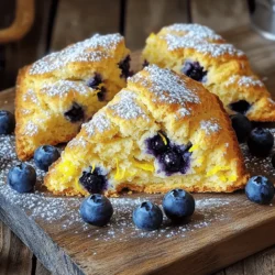 To make these scones, you need just a few key ingredients. Here’s what you’ll gather: - 2 cups all-purpose flour - 1/3 cup granulated sugar - 1 tablespoon baking powder - 1/2 teaspoon salt - 1/4 cup unsalted butter, cold and cubed - 1 cup fresh blueberries - Zest of 1 large lemon - 1/2 cup heavy cream - 1 large egg - 1 teaspoon vanilla extract - 1 tablespoon lemon juice (freshly squeezed) These ingredients work together to create a soft and flavorful scone. The blueberries add a burst of sweetness. The lemon zest gives it a bright flavor. You can add a few optional ingredients to make your scones even better. Here are some suggestions: - A pinch of cinnamon for warmth - A handful of chopped nuts for crunch - A tablespoon of honey for extra sweetness These extras can give your scones a unique twist. Feel free to experiment based on your taste. If you need to swap some ingredients, here are some easy substitutions: - Use whole wheat flour instead of all-purpose flour for a nutty flavor. - Greek yogurt can replace heavy cream for a lighter option. - Frozen blueberries work well if fresh ones are not available. These swaps can help you adjust the recipe to fit your pantry and preferences. The goal is to create scones you’ll love! For the complete recipe, check out the [Full Recipe]. To start, preheat your oven to 425°F (220°C). Line a baking sheet with parchment paper. In a large bowl, mix 2 cups of flour, 1/3 cup of sugar, 1 tablespoon of baking powder, and 1/2 teaspoon of salt. Whisk until everything is well combined. Next, add 1/4 cup of cold, cubed butter. Use your fingers or a pastry cutter to mix until it looks like coarse crumbs. Now, gently fold in 1 cup of fresh blueberries and the zest of one lemon. Be careful not to smash the blueberries. In another bowl, whisk together 1/2 cup of heavy cream, 1 large egg, 1 teaspoon of vanilla extract, and 1 tablespoon of freshly squeezed lemon juice. Pour this mixture into the dry ingredients. Stir gently until just combined. Turn the dough onto a lightly floured surface. Shape it into a circle about 1 inch thick. Use a knife or a pizza cutter to cut the dough into 8 wedges. Place the wedges on your prepared baking sheet, leaving about 2 inches between each one. Bake your scones in the preheated oven for 15-17 minutes. They should turn golden brown on the edges. Once done, take them out and let them cool slightly on the baking sheet. After a few minutes, transfer the scones to a wire rack to cool completely. For a special touch, serve them warm with a dusting of powdered sugar and extra blueberries. Enjoy with clotted cream or lemon curd for extra flavor! To make your scones light and fluffy, use cold butter. Cold butter helps create steam during baking. This steam makes your scones rise nicely. Also, don’t overmix the dough. Mix just until combined; lumps are okay. Remember to fold in the blueberries gently. You want them whole, not smashed. One big mistake is not measuring ingredients correctly. Use a kitchen scale or measuring cups for accuracy. Another mistake is opening the oven door too often. This lets heat escape and can affect baking time. Also, don’t skip chilling the dough if your kitchen is warm. A cool dough helps keep the scones fluffy. For a golden brown finish, brush the tops with cream before baking. You can also sprinkle sugar on top for a bit of crunch. Make sure your oven is preheated to 425°F (220°C). This high heat helps brown the edges quickly. Check the scones around the 15-minute mark for that perfect color. For more details, see the full recipe. {{image_2}} You can swap blueberries for other berries. Raspberries and strawberries work well. Blackberries add a nice twist too. Each berry brings a unique taste. Fresh or frozen berries are both fine. Just remember to adjust the sugar. Some berries are sweeter than others. A simple glaze can make your scones shine. Mix powdered sugar with lemon juice for a bright topping. You can also use milk for a less tangy flavor. Drizzle the glaze on when the scones cool. For a richer taste, try cream cheese icing. Just mix cream cheese, sugar, and a bit of lemon juice. If you need a gluten-free option, use a gluten-free flour blend. Make sure your baking powder is gluten-free too. You might need to add more liquid, since gluten-free flour can absorb more moisture. Watch the texture while mixing. The dough should still feel soft but not sticky. Enjoy your gluten-free scones just as much! For the full recipe, check out the details above. After you enjoy your scones, store any leftovers. Place them in an airtight container. This keeps them fresh for up to two days. If you want to keep them longer, refrigerate them. Just remember, scones taste best fresh! To reheat your scones, use your oven. Preheat it to 350°F (175°C). Place the scones on a baking sheet. Heat for about 5 to 10 minutes. This brings back their warm, flaky texture. You can also microwave them for about 15-20 seconds if you're in a hurry. To freeze scones, let them cool completely first. Wrap each scone tightly in plastic wrap. Then, place them in a freezer bag. Scones can last for about three months in the freezer. When you're ready to eat one, thaw it in the fridge overnight. Then, reheat it as mentioned above. This way, you can enjoy your lemon blueberry scones anytime! For the full recipe, check out the earlier section. You can tell when your scones are done by looking at their color. They should be golden brown on the edges. If you insert a toothpick into the center, it should come out clean. This means the scone is baked through. Bake them for about 15-17 minutes at 425°F (220°C) for the best results. Yes, you can make Lemon Blueberry Scones ahead of time. You can prepare the dough and shape it into wedges. Then, wrap the wedges tightly in plastic wrap and refrigerate them. When you're ready, you can bake them straight from the fridge. This saves time and gives you fresh scones quickly. Lemon Blueberry Scones pair well with many tasty items. You can serve them warm with clotted cream or lemon curd for added flavor. Fresh fruit or a light fruit salad also makes a great side. For drinks, consider serving tea, coffee, or a refreshing lemonade. Each of these options complements the zesty and sweet flavors of the scones perfectly. For more details, check the Full Recipe. In this post, we explored how to make delicious lemon blueberry scones. We discussed key ingredients and substitutions you can use for better flavor. I shared clear steps for preparing, shaping, and baking the scones perfectly. Don’t forget my tips to avoid common mistakes, achieve a golden finish, and variations for different tastes. Lastly, I covered how to store and reheat your scones. Enjoy baking these treats, and share them with friends and family for all to love!