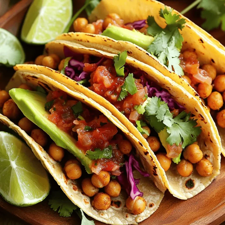 - 1 can (15 oz) chickpeas, drained and rinsed - 1 tablespoon olive oil - 1 teaspoon chili powder - 1 teaspoon cumin - ½ teaspoon smoked paprika - Salt and pepper to taste - 8 small corn or flour tortillas - 1 avocado, sliced - 1 cup red cabbage, shredded - ½ cup salsa (your choice of spiciness) - Fresh cilantro, for garnish - Lime wedges, for serving Gathering the right ingredients is key for crispy chickpea tacos. Start with one can of chickpeas. Rinse and drain them well. This makes sure they are clean and ready. Olive oil adds a nice crunch, so use a tablespoon. Spice things up with chili powder and cumin. Each needs a teaspoon. Add ½ teaspoon of smoked paprika for flavor depth. Don’t forget salt and pepper to taste. For the tacos, grab eight small tortillas. You can choose between corn or flour. They both taste great! Next, it’s time for toppings. Slice one avocado for creaminess. Shred one cup of red cabbage for crunch. Add ½ cup of salsa to bring some zest. Fresh cilantro makes a lovely garnish. Lastly, serve lime wedges for a zesty kick. For the Full Recipe, follow the detailed steps to make this dish unforgettable! First, you need to preheat your oven to 425°F (220°C). This high heat helps the chickpeas get crispy. Next, prepare a baking sheet by lining it with parchment paper. This makes cleaning up easy later. Take your can of chickpeas, drain them, and rinse them well. Use a paper towel to pat them dry. Drying the chickpeas is key for crispiness. In a mixing bowl, toss the dried chickpeas with olive oil, chili powder, cumin, smoked paprika, salt, and pepper. Make sure every chickpea gets coated with the spices and oil. Spread them out in a single layer on the baking sheet. Roast them in the oven for about 25-30 minutes. Shake the pan halfway through to ensure even cooking. When they turn golden-brown and crispy, they are ready. While the chickpeas roast, warm the tortillas in a dry skillet over medium heat. Heat them for about 30 seconds on each side. This makes them soft and easy to fold. Once the chickpeas are crispy, take them out of the oven. Start assembling your tacos by placing a good amount of chickpeas on each tortilla. Top them with sliced avocado, shredded red cabbage, and your favorite salsa. Finish with fresh cilantro and serve with lime wedges on the side for a zesty kick. Check the Full Recipe for more details! To get crispy chickpeas, drying them well is key. After draining, use a paper towel to pat them dry. This removes moisture and helps them crisp up in the oven. If they are wet, they will steam instead of roast. Next, the oven temperature is also vital. Preheat your oven to 425°F (220°C). This high heat helps the chickpeas turn golden brown and crunchy. Spread them out in a single layer on the baking sheet. If they’re too crowded, they won’t roast well. You can easily boost the flavor of your chickpeas. Try adding garlic powder or onion powder along with the spices. A pinch of cayenne pepper adds nice heat, too. If you like it spicy, adjust the heat level by using a hotter salsa. You can also add sliced jalapeños for an extra kick. Experiment with different spices to find the mix you love. For the full recipe, you can refer to the Crispy Chickpea Tacos section above. {{image_2}} You can swap chickpeas for other legumes. Black beans or lentils work well here. They offer great texture and flavor. If you prefer tofu, use firm tofu. Press the tofu to remove extra liquid. Then, cube and season it like the chickpeas. This option is perfect for vegans. It gives a nice protein boost while staying plant-based. Think outside the box with your tacos! Try Mediterranean flavors by adding hummus and olives. You can also go for a Thai twist. Use peanut sauce, cucumber, and fresh herbs for a bright taste. Don't forget to mix up your veggies! Carrots, bell peppers, or even roasted corn can add a fun crunch. Each variation makes the dish feel new and exciting! For the full recipe, visit the main section of this article. To keep your chickpeas crispy, store them in an airtight container. Avoid moisture. You can keep them for up to three days in the fridge. If they lose crispness, reheat them before serving. For longer storage, consider freezing them. Make sure they are cool before freezing. When reheating, use an oven or an air fryer. This keeps them crispy. Preheat your oven to 375°F (190°C) and bake for about 10 minutes. If you assembled your tacos, remove toppings before reheating. Warm the tortillas separately in a skillet. Reheat the chickpeas and then reassemble your tacos for the best taste and texture. Crispy chickpea tacos can stay fresh in your fridge for about 3 days. To keep them tasting great, store the chickpeas and tortillas separately. This way, the tortillas won't get soggy. Place the leftover chickpeas in an airtight container. Wrap the tortillas in foil or plastic wrap. Yes, you can prep chickpeas ahead of time! To make meal prep easy, roast a batch of chickpeas and store them in the fridge. You can roast them up to 3 days before you plan to make tacos. Just reheat them in the oven for a few minutes before assembling your tacos. If you want to switch things up, try using other legumes or fillings. Black beans or lentils work well as a base. You can even use crumbled tofu for a different texture. Each option brings its own flavor and nutrition to your tacos. This blog post covered how to make crispy chickpea tacos. You learned about the key ingredients, step-by-step instructions, and tips for success. These tacos are tasty, fun, and easy to make. You can swap ingredients to match your taste. Enjoy them fresh or store leftovers for later. Cooking can be rewarding, and these tacos prove it. Dive into making your first batch!