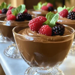 To make this tasty dessert, gather these simple items: - 2 ripe avocados, peeled and pitted - 1/2 cup unsweetened cocoa powder - 1/3 cup maple syrup (or honey) - 1/4 cup almond milk (or any milk of choice) - 1 teaspoon vanilla extract - A pinch of salt These ingredients blend together to create a rich and creamy mousse. The avocados provide a silky texture while adding healthy fats. The cocoa powder gives it a deep chocolate flavor that you will love. You can make your mousse even better with these tasty options: - Fresh berries, like strawberries or raspberries - Mint leaves for a fresh touch - Nuts or seeds for crunch Garnishing with berries adds color and freshness. Mint leaves give a bright flavor. Nuts add a nice bite and texture. Feel free to mix and match to find your favorite combo! Avocados are not just tasty; they are also good for you. They are full of healthy fats that support heart health. They are rich in fiber, which helps with digestion. Plus, avocados have vitamins and minerals that boost your well-being. Using avocados in desserts like this mousse makes indulgence feel guilt-free. You enjoy a delicious treat while getting nutritional benefits. So, dive into this dessert and feel good about it! If you want to see the full recipe, check it out [here](Full Recipe). To start, choose two ripe avocados. They should feel soft but not mushy. Cut each avocado in half and remove the pit. Use a spoon to scoop the green flesh into a bowl. Discard the skin and pit. Ripe avocados blend well, giving the mousse its creamy texture. Next, put the avocado flesh into a food processor. Add the cocoa powder, maple syrup, almond milk, vanilla extract, and salt. Blend everything on high speed. Stop to scrape down the sides as you go. Blend until the mix is smooth and creamy. Taste it. If you want more sweetness, add extra maple syrup and blend again. Once blended, spoon the mousse into small cups or bowls. Chill them in the fridge for about 30 minutes. This helps the mousse firm up. When you're ready to serve, you can add fresh berries and mint leaves on top. These make the mousse look pretty and add a fresh taste. Enjoy your delicious dessert! For the full recipe, check out the reference section above. To make a smooth mousse, start with ripe avocados. Ripe avocados blend well and add creaminess. If your mousse is too thick, add more almond milk. Blend again until it is silky. Scrape down the sides of the bowl to mix evenly. This helps avoid lumps. Taste your mousse after blending. If it needs more sweetness, add more maple syrup. Blend again to mix well. You can also try honey or agave syrup for a different taste. If you want it less sweet, use less syrup. It’s all about your taste. Fresh ingredients make a big difference. Choose ripe avocados for the best flavor and texture. Check for small dark spots, which can indicate overripeness. When using berries for garnish, pick ones that look bright and firm. Fresh mint leaves should be green and crisp. Using fresh ingredients will elevate your mousse. For the full recipe, check out the other sections. {{image_2}} You can make chocolate avocado mousse even more fun with different flavors. Mint adds a fresh twist. Just add a few drops of mint extract. For espresso lovers, mix in a shot of espresso. This makes the mousse rich and bold. Coconut gives a tropical vibe. You can use coconut cream or shredded coconut. Each flavor will give your mousse a new taste adventure. If you want a vegan mousse, there are easy swaps. Use agave nectar instead of maple syrup or honey. This keeps it sweet and plant-based. For milk, try oat milk or soy milk. They blend well and keep the mousse creamy. These changes let everyone enjoy this dessert without worry. Parfaits are a fun way to serve chocolate avocado mousse. Layer mousse with toppings like granola or fresh fruit. Start with a layer of mousse in a glass. Then add a layer of granola for crunch. Top with berries for color and taste. This not only looks great but also makes each bite exciting. You can find the full recipe to get started on this treat. To store leftover mousse, first cover it tightly. Use plastic wrap or a lid. This keeps air out and prevents drying. Place the mousse in the fridge. It will stay fresh for about three days. If you plan to keep it longer, consider freezing it. Glass jars work well for storing mousse. They seal tightly and show off the layers. You can also use plastic containers with lids. Make sure they are food-safe. Small cups are great for single servings, too. Just ensure they have a good seal. Keep your mousse in the coldest part of the fridge. Avoid the door, as it can be warmer. Add a layer of plastic wrap on top of the mousse. This helps keep moisture in and air out. If you want to serve it later, don’t garnish until just before serving. This keeps the mousse looking fresh and tasty. For best results, always check for any change in smell or texture before eating. Yes, chocolate avocado mousse is healthy. It uses avocados, which are full of good fats. These fats help your heart. Plus, cocoa powder has antioxidants. This dessert is tasty and nutritious. Absolutely! You can make this mousse a day in advance. Just store it in the fridge. Cover it well to keep it fresh. This way, it’s ready when you are. If you don’t have maple syrup, honey works well. You can also use agave syrup or date syrup. Each adds a unique taste but keeps it sweet. Just swap it in the same amount. Serve the mousse in small cups or bowls. A fun idea is to layer it with fresh fruit. You can top it with berries or mint leaves for color. This makes it look fancy and inviting. For the full recipe, check out the section earlier. It has all the details you need to make this delicious dessert. Enjoy making it! Making chocolate avocado mousse is easy and fun. We covered key ingredients, helpful tips, and tasty variations. This dessert is not only creamy but also healthy. You learned how to make it, store it, and even serve it with style. Don’t hesitate to try your own flavors or garnishes. Enjoy experimenting with this delicious recipe and share it with friends. Your journey to a tasty and healthy dessert starts now. Dive in and savor every bite!