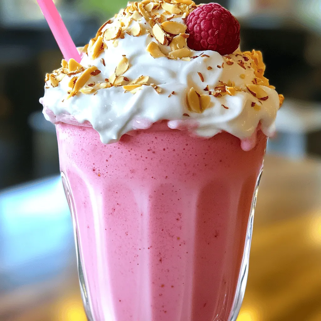 To make a delicious Raspberry Almond Milkshake, gather these simple ingredients: - 1 ½ cups fresh or frozen raspberries - 1 cup almond milk - ½ cup vanilla ice cream (or dairy-free alternative) - 1 tablespoon almond butter - 1 tablespoon honey or maple syrup - ½ teaspoon pure vanilla extract - ½ cup crushed ice (if using fresh raspberries) - Whipped cream (optional) - Sliced almonds (for garnish) These ingredients come together to create a creamy and fruity treat. Fresh raspberries give a bright flavor. Almond milk offers a nutty base, while vanilla ice cream adds richness. Almond butter deepens the taste and gives extra creaminess. You can adjust the sweetness with honey or maple syrup. This way, it fits your taste just right. The crushed ice works well if you choose fresh raspberries, making your shake extra cold and refreshing. Using sliced almonds as a garnish adds a nice crunch. You can also top your shake with whipped cream for a fun touch. This Raspberry Almond Milkshake is not just tasty; it looks great too! For the full recipe, check out the details. - Step 1: Prepare Raspberries If you use fresh raspberries, rinse them well under cool water. If you use frozen raspberries, there’s no need to thaw them. Just measure 1 ½ cups for the blender. - Step 2: Combine Ingredients in Blender Place the prepared raspberries in the blender. Next, add 1 cup of almond milk, ½ cup of vanilla ice cream, and 1 tablespoon of almond butter. Also, add 1 tablespoon of honey or maple syrup and ½ teaspoon of pure vanilla extract. If using fresh raspberries, add ½ cup of crushed ice. - Step 3: Blend Until Smooth Blend all the ingredients on high speed. Stop to scrape down the sides if needed. Keep blending until the mixture is creamy and frothy. - Step 4: Adjust Sweetness Taste the milkshake. If you want it sweeter, add more honey or maple syrup. Blend again briefly to mix any extra sweetness in. - Step 5: Serve in Glasses Pour the milkshake into chilled glasses. This keeps it cool and refreshing. - Step 6: Add Toppings For a special touch, add whipped cream on top if you like. Sprinkle some sliced almonds for crunch and a nice look. Follow these steps for a creamy and delightful Raspberry Almond Milkshake. For the complete recipe, check out [Full Recipe]. To make a great raspberry almond milkshake, I have some helpful tips. - Use frozen raspberries for a thicker texture: Frozen raspberries give your milkshake a nice, thick feel. They blend well and chill your drink without needing extra ice. - Chill your glasses for a frosty experience: Before you pour your milkshake, chill your glasses in the freezer. This keeps your milkshake colder for longer. - Adjust sweetness based on personal preference: Taste your milkshake as you make it. If it needs more sweetness, add honey or maple syrup. Blend again to mix it well. These tips ensure you create the perfect raspberry almond milkshake every time. For a full recipe, check the details above. Enjoy your treat! {{image_2}} You can change the Raspberry Almond Milkshake in fun ways. Here are some ideas to try: - Chocolate Raspberry Almond Milkshake: Add two tablespoons of cocoa powder or a few chocolate chips. Blend it in with the other ingredients. This will give your shake a rich chocolate flavor. The sweet raspberries mix well with chocolate for a treat everyone loves. - Banana Almond Milkshake with Raspberries: Toss in one ripe banana. It adds creaminess and a nice sweetness. Blend it with the raspberries. This version boosts potassium and makes your shake even more filling. - Vegan Almond Milkshake Alternatives: Use a dairy-free ice cream. Coconut or cashew ice cream works great. You can also skip the ice cream. Just blend the raspberries, almond milk, and almond butter for a lighter version. This keeps it creamy and delicious while being vegan. Experiment with these options to find your favorite twist! Check out the Full Recipe for more tips and steps. If you have leftover raspberry almond milkshake, you can store it easily. - Best practices for refrigerating: Pour the milkshake into an airtight container. Make sure to seal it well. Store it in the fridge for up to two days. The milkshake tastes best when fresh. - How to freeze for later use: You can freeze the milkshake, but it may change. Pour it into a freezer-safe container and leave some space for expansion. It will stay fresh for up to a month. When ready to enjoy, let it thaw in the fridge. - Consistency changes when stored: After freezing, the texture may become a bit grainy. Blend it again after thawing to make it smooth and creamy. You might need to add a splash of almond milk to restore the right consistency. For the full recipe, check the section above to recreate this delicious treat! What can I substitute for almond milk? You can use any plant milk. Options include soy, oat, or coconut milk. Each adds a unique flavor. Choose one that you like best! Can I make this milkshake without ice cream? Yes! If you skip the ice cream, add more almond milk. You can also use frozen bananas for creaminess. This keeps your shake thick and smooth. How long will the milkshake last in the fridge? The milkshake stays good for about 1 day. It may separate, so stir before drinking. For the best taste, drink it fresh. Is this recipe suitable for vegans? Yes, this milkshake is vegan. Just use dairy-free ice cream and maple syrup. You can enjoy it without any animal products. How to make it less sweet? To reduce sweetness, cut back on honey or syrup. You can also leave out the almond butter. This way, you keep the flavor without too much sugar. For the complete recipe, check out the Full Recipe section! This blog post covered a simple raspberry almond milkshake recipe. You learned about the key ingredients, step-by-step instructions, and helpful tips. I also shared fun variations and storage tips for leftovers. Making your milkshake tasty and unique is easy. You can try different flavors or adjust the sweetness. Enjoy your delicious creation and share it with friends!