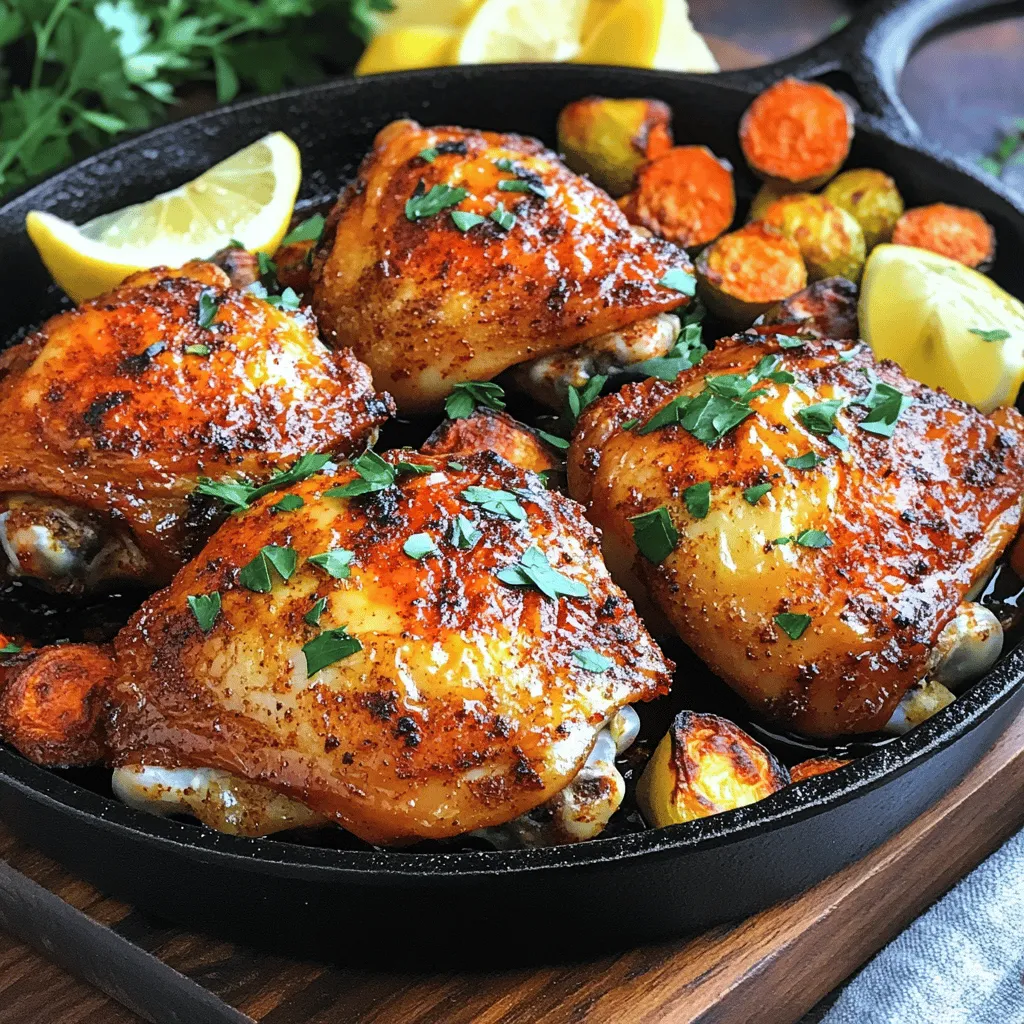 For this smoky paprika chicken thighs dish, you will need: - 4 chicken thighs, skin-on and bone-in - 2 tablespoons smoked paprika - 1 tablespoon garlic powder - 1 teaspoon onion powder - 1 teaspoon cumin - 1 teaspoon salt - 1/2 teaspoon black pepper - 1/4 teaspoon cayenne pepper (adjust for spice preference) - 2 tablespoons olive oil - 1 tablespoon apple cider vinegar - Fresh parsley, chopped (for garnish) You can add more flavor by using these optional ingredients: - Lemon zest for brightness - A splash of honey for sweetness - Fresh herbs like thyme or rosemary for freshness To make this dish, gather these tools: - A large mixing bowl - An oven-safe skillet - A meat thermometer for checking doneness - Tongs for flipping the chicken These ingredients and tools will help you create a flavorful meal. Enjoy the process and make it your own! For the full recipe, check out the details above. For the best smoky paprika chicken thighs, start by mixing your spices. In a large bowl, combine: - 2 tablespoons smoked paprika - 1 tablespoon garlic powder - 1 teaspoon onion powder - 1 teaspoon cumin - 1 teaspoon salt - 1/2 teaspoon black pepper - 1/4 teaspoon cayenne pepper Next, add the chicken thighs to the bowl. Drizzle with: - 2 tablespoons olive oil - 1 tablespoon apple cider vinegar Toss the chicken until it is well coated. Make sure the spices get under the skin for great taste. Now, preheat your oven to 400°F (200°C). This step is key to crisp skin. While the oven heats, grab an oven-safe skillet. Heat it over medium-high heat until hot. Place the chicken thighs in the skillet skin-side down. Sear them for 5-7 minutes. You want the skin to be crispy and golden. After searing, flip the chicken thighs over. Transfer the skillet to the preheated oven. Bake for 25-30 minutes. Check the internal temperature; it should reach 165°F (75°C). Once done, remove the skillet from the oven. Let the chicken rest for 5 minutes. This helps keep the juices locked in. Before serving, garnish with fresh parsley. For the full recipe, check out the section above. Serve with roasted veggies for a nice touch! To get the skin nice and crispy, start with dry chicken thighs. Pat them with paper towels before seasoning. The drier the skin, the better it will crisp up. Use a hot skillet to sear the thighs skin-side down. This helps lock in moisture while creating that golden finish. Don't rush this step; let the chicken sizzle for about 5-7 minutes. You can play around with the spices. Try adding lemon zest for a fresh kick. If you like heat, toss in more cayenne pepper or even chili powder. For a smoky twist, consider adding chipotle powder. If you want a touch of sweetness, a dash of brown sugar works well too. Always adjust the seasoning to suit your taste. The key to juicy chicken is cooking at the right temperature. Roast the chicken thighs at 400°F (200°C). This temp allows the skin to crisp while cooking the meat through. Use a meat thermometer to check for doneness. The internal temperature should reach 165°F (75°C). Let the chicken rest for a few minutes before serving. This helps keep the juices locked in. For more details, check the Full Recipe. {{image_2}} You can switch up the flavor of your smoky paprika chicken thighs with other spice blends. Here are a few ideas: - Cajun Spice: Add a mix of cayenne, oregano, and thyme for a kick. - Herb Mix: Try rosemary, thyme, and basil for a fresh taste. - Curry Powder: A warm blend of turmeric, cumin, and coriander adds a unique twist. These blends can make your dish exciting and new every time you cook. Pair your smoky paprika chicken thighs with tasty sides that complement the dish. Some great options include: - Roasted Vegetables: Carrots, potatoes, and bell peppers bring color and flavor. - Quinoa Salad: A light salad with lemon and herbs balances the richness. - Garlic Bread: Crunchy bread adds a nice touch and soaks up juices. These sides will make your meal feel complete and satisfying. Both oven and grill methods work well for this chicken dish. Here’s a closer look: - Oven: It gives even cooking and keeps the chicken moist. Use a skillet for a crispy skin. - Grill: This method adds a smoky flavor and nice char marks. Just be careful not to overcook the chicken. Choosing between these two depends on your taste and cooking style. Enjoy experimenting! For the full recipe, check the details above. To keep your smoky paprika chicken thighs fresh, let them cool first. Place the chicken in an airtight container. Store it in the fridge for up to three days. For best flavor, use it within two days. You can also wrap each thigh tightly in plastic wrap. This helps prevent drying out. When ready to enjoy leftovers, preheat your oven to 350°F (175°C). Place the chicken thighs on a baking sheet. Cover them with foil to keep them moist. Heat for 15-20 minutes. If you want crispy skin, remove the foil for the last 5 minutes. You can also use a microwave, but it won’t keep the skin crispy. Heat on medium power for 2-3 minutes, checking often. If you want to save chicken thighs for later, freezing is a great option. Wrap each thigh tightly in plastic wrap. Then, place them in a freezer-safe bag. Label the bag with the date. You can freeze for up to three months. To thaw, move the chicken to the fridge for 24 hours. If you need it fast, use the microwave on the defrost setting. After thawing, cook it right away for safety. For more details, check the Full Recipe. The best way to season chicken thighs is to use bold flavors. I love using smoked paprika, garlic powder, and cumin. These spices create a rich taste. A good mix of salt and pepper is also key. Always rub the seasonings on the skin and under it. This method ensures full flavor in every bite. You can get creative with herbs, too. Fresh parsley adds a nice boost. Yes, you can use skinless chicken thighs. However, they may not be as crispy. The skin helps lock in moisture and adds crunch. If you use skinless thighs, adjust the cooking time slightly. Check the internal temperature to ensure they cook safely. Use the same seasoning mix for great flavor. You might want to add a bit more oil to keep them juicy. To tell when chicken thighs are fully cooked, use a meat thermometer. Insert it into the thickest part of the thigh. It should read at least 165°F (75°C). If you don’t have a thermometer, cut into the thigh. The juices should run clear, not pink. Another sign is the meat pulling away from the bone. Always check these signs to ensure safety. Enjoy your Smoky Paprika Chicken Thighs with confidence! For the full recipe, check the details above. In this blog post, we explored the ingredients needed for tasty chicken thighs. You learned how to customize flavors and the best tools for cooking. I shared a step-by-step guide, from pre-heating your skillet to achieving that crisp skin. Tips for seasoning and cooking methods helped you make the best dish possible. Finally, we covered storage options and answered common questions. With this knowledge, you can create delicious chicken thighs every time. Enjoy your cooking adventure!