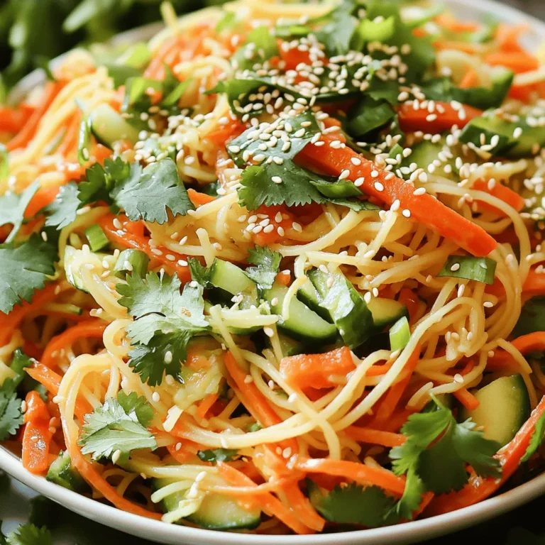 To make a great sesame ginger noodle salad, you'll need some key ingredients. Here’s a list of the main items: - 8 ounces rice noodles - 1 cup shredded carrots - 1 red bell pepper, thinly sliced - 1 cucumber, julienned - ¼ cup green onions, sliced - ¼ cup fresh cilantro, chopped - ¼ cup sesame seeds (toasted) These ingredients bring bright colors and flavors to the dish. The rice noodles serve as the base, while the veggies add crunch and nutrition. The dressing makes this salad shine. Here’s what you will need: - 3 tablespoons soy sauce (or tamari for gluten-free) - 2 tablespoons sesame oil - 1 tablespoon ginger, grated - 1 tablespoon honey or maple syrup - 1 tablespoon rice vinegar - 1 clove garlic, minced This dressing balances salty, sweet, and tangy notes. It coats the noodles and veggies perfectly. Feel free to mix and match! Here are some ideas for substitutions and add-ons: - Swap rice noodles for soba noodles or quinoa for a different texture. - Use any colorful veggies you like: snap peas, radishes, or even broccoli. - Add protein like grilled chicken, shrimp, or tofu for a heartier meal. - For a spicy kick, add a dash of chili flakes or sriracha. These options let you customize the salad to your taste and what you have at home. For the full recipe, check out the detailed steps. Start by boiling water in a large pot. Make sure the water is at a rolling boil. Add 8 ounces of rice noodles to the pot. Cook them for about 5-7 minutes, or as the package says. When the noodles are soft, drain them in a colander. Rinse them under cold water. This helps to stop the cooking and keep them from sticking together. While the noodles cook, prepare your vegetables. Grab a cutting board and a sharp knife. Shred 1 cup of carrots using a grater. Thinly slice 1 red bell pepper. Julienne 1 cucumber into long, thin strips. Chop ¼ cup of green onions and ¼ cup of fresh cilantro. Keep the veggies ready to mix into your salad. In a small bowl, combine the dressing ingredients. Start with 3 tablespoons of soy sauce. Add 2 tablespoons of sesame oil for a rich flavor. Grate 1 tablespoon of ginger and put it in the bowl. Add 1 tablespoon of honey or maple syrup for sweetness. Mix in 1 tablespoon of rice vinegar and 1 clove of minced garlic. Whisk everything together until well combined. In a large mixing bowl, add the cooked rice noodles. Then, toss in the shredded carrots, sliced bell pepper, julienned cucumber, and chopped green onions and cilantro. Pour the dressing over all the ingredients. This is where the magic happens! Gently toss all the ingredients to coat them in the dressing. For a crunchy touch, sprinkle ¼ cup of toasted sesame seeds on top. You can serve the salad right away or chill it in the fridge for 15-30 minutes. This allows the flavors to blend. Present it in a large bowl, and add some extra cilantro and sesame seeds for a beautiful look. Enjoy this fresh, quick meal! Check the [Full Recipe] for detailed steps and tips. When cooking rice noodles, always start with boiling water. This step is key. Add the noodles and stir them gently. It helps them cook evenly. Follow the package instructions for timing, usually about 5-7 minutes. After cooking, drain the noodles well. Rinse them under cold water to stop cooking. This keeps them from getting mushy. A little oil can prevent them from sticking together. Fresh herbs can take your salad to new heights. I love using cilantro for its bright flavor. Add it right before serving for the best taste. You can also try mint or basil. These herbs pair well with the sesame dressing and add freshness. For a little kick, consider adding some chopped green onions. They add a nice crunch and sharp taste. The dressing is where you can make this salad your own. If you like it sweeter, add more honey or maple syrup. For a tangy kick, increase the rice vinegar. You can also swap soy sauce with tamari if you need it gluten-free. Taste the dressing as you mix it, and adjust until it’s just right for you. This way, every bite of your noodle salad will be perfect. For the full recipe, make sure to check it out! {{image_2}} You can easily add protein to your sesame ginger noodle salad. Some great options include: - Grilled chicken - Shrimp - Tofu (firm or extra-firm) - Edamame Each protein brings a unique flavor and texture. Grilled chicken adds a smoky taste. Shrimp gives a sweet, briny punch. Tofu can soak up flavors well. Edamame gives a nice crunch and is packed with protein. Feel free to swap in your favorite veggies! You can use: - Snap peas for crunch - Broccoli florets for a hearty bite - Red cabbage for color and texture - Avocado for creaminess Mixing different vegetables keeps your salad fresh and exciting. Each swap can change the dish's flavor and feel. To keep the salad gluten-free, use tamari instead of soy sauce. For a vegan option, replace honey with maple syrup. You can also choose gluten-free rice noodles. These simple swaps make the salad accessible for all diets. You can enjoy this dish while keeping it healthy and inclusive. For the full recipe, check back to the main section! You can store any leftover sesame ginger noodle salad in an airtight container. Keep it in the fridge for up to two days. The noodles and veggies stay fresh and tasty this way. It’s best to keep the dressing separate if possible. This helps maintain the crunchiness of the vegetables. Freezing this noodle salad is not recommended. Noodles can become mushy once thawed. Plus, fresh veggies lose their crunch in the freezer. If you want to prepare ahead, make the dressing and chop the veggies. Store them separately. You can cook the noodles fresh later. If you want to enjoy the salad warm, gently reheat the noodles first. Place them in a pot with a little water over low heat. Stir until warmed through. Avoid high heat to prevent overcooking. After warming, mix in the cold veggies and dressing. This keeps your salad fresh and delicious. For the full recipe, check it out in the main section. To make this salad vegan, swap honey for maple syrup. Use tamari instead of soy sauce for a gluten-free option. The rest of the ingredients are plant-based, so you’re good to go! Yes, you can prepare this salad in advance. Make the noodles and cut the veggies ahead of time. Just store them separately in the fridge. Mix them with the dressing when you are ready to eat. This keeps everything fresh and crunchy. A typical serving of this salad has about 250 calories. It contains: - 5 grams of protein - 11 grams of fat - 36 grams of carbs It offers vitamins and minerals from fresh veggies. It’s a balanced meal or side dish. To boost the crunch, add nuts or seeds. Try sliced almonds or chopped peanuts. You can also add crispy rice or fried shallots. These will make each bite extra fun! You learned how to make a tasty Sesame Ginger Noodle Salad. We discussed the main ingredients, step-by-step cooking, and storage tips. You can swap veggies or add protein for your taste. Feel free to try the tips for the best flavor and enjoy leftovers easily. I hope you feel inspired to create your version of this fresh salad. Enjoy your meal!