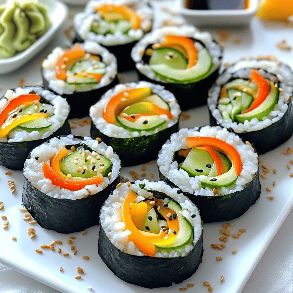 To make tasty veggie sushi rolls, you need a few key items. Here’s what you'll need: - 1 cup sushi rice - 1 1/4 cups water - 4 sheets nori (seaweed) - 1 large cucumber, julienned - 1 medium carrot, julienned - 1 avocado, sliced - 1/4 cup bell pepper, thinly sliced - 2 tablespoons rice vinegar - 1 teaspoon sugar - 1/2 teaspoon salt - Soy sauce, for dipping - Pickled ginger and wasabi, for serving (optional) These ingredients create a fresh and fun sushi experience that everyone can enjoy. If you want to add more taste, include these optional items: - Cream cheese for a creamy texture - Sesame seeds for crunch - Radish sprouts for a peppery bite - Other colorful veggies, like zucchini or sprouts These extras can make your sushi rolls even more exciting and delicious. Picking fresh veggies is key to great sushi rolls. Here are a few tips: - Choose firm cucumbers and carrots. They should feel crisp. - Look for ripe avocados that yield slightly when pressed. - Select bell peppers with smooth skin and no blemishes. - Buy locally sourced vegetables when possible for the best flavor. Fresh ingredients will enhance your sushi rolls and make them stand out. Enjoy the process and be creative! For the full recipe, check the section above. - Rinsing and Cooking the Rice Start by rinsing the sushi rice under cold water. Keep rinsing until the water runs clear. This step removes excess starch. Then, drain the rice well. Next, combine the rinsed rice with 1 1/4 cups of water in a pot. Bring this mixture to a boil. Once boiling, cover the pot and reduce the heat to low. Let it cook for 18-20 minutes. The water will absorb, and the rice will be ready. After cooking, remove the pot from heat and let it sit, covered, for 10 minutes. - Mixing the Seasoning In a small bowl, mix 2 tablespoons of rice vinegar, 1 teaspoon of sugar, and 1/2 teaspoon of salt. Stir until the sugar dissolves. Pour this mixture over the cooked rice. Use a wooden spatula to gently fold the seasoning into the rice. This gives the rice a nice flavor. Let the rice cool to room temperature before using it. - Using the Bamboo Sushi Mat Place your bamboo sushi mat on a flat surface. Lay a sheet of nori, shiny side down, on the mat. This setup helps you roll the sushi easily. Make sure the nori is centered on the mat. - Layering Ingredients Correctly With wet hands, take about 1/4 of the sushi rice. Spread it evenly over the nori, leaving about 1 inch at the top edge. This open space helps seal the roll later. Now, arrange a line of your favorite veggies like cucumber, carrot, avocado, and bell pepper across the middle of the rice. - Tips for a Tight Roll Carefully lift the edge of the sushi mat closest to you. Start rolling away from yourself, pressing firmly but gently. Aim for a tight roll but don’t squish it. Roll until you reach the end of the nori. To seal the roll, use a bit of water on the edge. - Cutting Even Pieces Use a sharp knife to slice the roll into 6-8 pieces. To make clean cuts, wipe the knife with a damp cloth between slices. This keeps your rolls looking nice. Repeat this process with the remaining nori, rice, and vegetables. Enjoy your simple veggie sushi rolls! For the full recipe, check the recipe section above. To roll sushi well, start with a clean space. Use a bamboo mat for support. Always wet your hands before handling rice. This prevents sticking. Spread rice evenly on the nori. Leave an inch at the top. Layer your veggies in the center. Roll tightly but not too hard. Use the mat to guide the roll. Seal the edge with a bit of water. One common mistake is too much rice. This makes rolling hard. Avoid overfilling with ingredients, too. If you add too much, the roll may burst. Another mistake is not wetting your hands. This can lead to sticky fingers and messy rolls. Lastly, don’t rush. Take your time to roll tightly and evenly. Perfect sushi rice should be sticky yet fluffy. Rinse the rice well to remove excess starch. This helps the grains stay separate. Cook it with the right water ratio. Use 1 cup of rice to 1 1/4 cups of water. After cooking, let it sit covered for 10 minutes. This allows steam to finish the cooking. Mix in vinegar, sugar, and salt while the rice is warm. This adds flavor and helps with texture. For more details, check the Full Recipe. {{image_2}} You can play with many veggies for your sushi rolls. Try using bell peppers, radishes, or even sweet potatoes. Each vegetable adds a unique flavor and texture. Mix colors for a pretty look on your plate. For example, use purple cabbage for crunch and color. You can also add leafy greens like spinach for extra nutrition. Don’t be afraid to experiment! Soy sauce is great, but you can switch it up. Try using sesame oil for a nutty taste. A spicy mayo made with mayonnaise and sriracha can add a kick. You might enjoy a sweet soy glaze for a fun twist. Each sauce can change the whole dish. Just remember to keep the sauces balanced. You want to enhance, not overpower the fresh veggies. Cooked ingredients can make sushi rolls easier and different. Try using grilled zucchini or roasted carrots. You can also add cooked shrimp or crab for a seafood option. Cooked veggies are soft and mix well with rice. They can add a smoky or sweet flavor to your rolls. Just make sure they cool before adding them to your sushi. For the complete recipe, check out the Simple Veggie Sushi Rolls 🥒. To keep your leftover sushi rolls fresh, wrap them in plastic wrap. This seals in moisture and keeps the rolls from drying out. Place them in an airtight container in the fridge. Enjoy your sushi within 24 hours for the best taste. If you have cut pieces, store them separately to maintain their shape. When you make sushi, use fresh ingredients for the best flavor. Store vegetables like cucumber, avocado, and carrot in the fridge. Keep them in a container with a damp paper towel. This helps them stay crisp. Avoid cutting vegetables too early. Cut them just before making the rolls to keep them fresh longer. Sushi is best when served fresh, but if you need to reheat it, do so carefully. Microwave sushi for about 10-15 seconds on low power. This warms it without turning it soggy. Avoid reheating sushi rolls with raw fish, as they are best enjoyed cold. For the full recipe, check the Simple Veggie Sushi Rolls section. Yes, you can use brown rice for sushi. Brown rice has a nutty flavor. It is also more nutritious than white rice. However, it takes longer to cook. I suggest soaking it for a few hours before cooking. This can help soften it. The texture will be chewier than sushi rice. You may need to adjust the water ratio to get the right consistency. If you need a substitute for nori, try soy paper or rice paper. Soy paper is thin and has a mild taste. It works well for sushi rolls. Rice paper is another option. It is often used in spring rolls. Just wet it to make it flexible before using. You can also use lettuce leaves for a fresh twist. They add crunch and keep the sushi light. Making sushi rice without a rice cooker is easy. Start by rinsing the sushi rice until the water is clear. Then, combine the rice and water in a pot. Bring it to a boil. Once boiling, cover and reduce the heat to low. Cook for about 18-20 minutes until the water is absorbed. Remove it from heat and let it sit for 10 minutes. Finally, mix in the rice vinegar, sugar, and salt. This method gives you perfect sushi rice every time. For a full recipe, check out the Simple Veggie Sushi Rolls section. You learned about making simple veggie sushi rolls using fresh ingredients. We discussed tips for preparing sushi rice and assembling the rolls. I shared common mistakes to avoid and ways to make your sushi unique. Storing and reheating sushi properly is key to enjoying leftovers. Remember, practice makes perfect when rolling. Experiment with flavors and have fun. Enjoy your sushi journey!