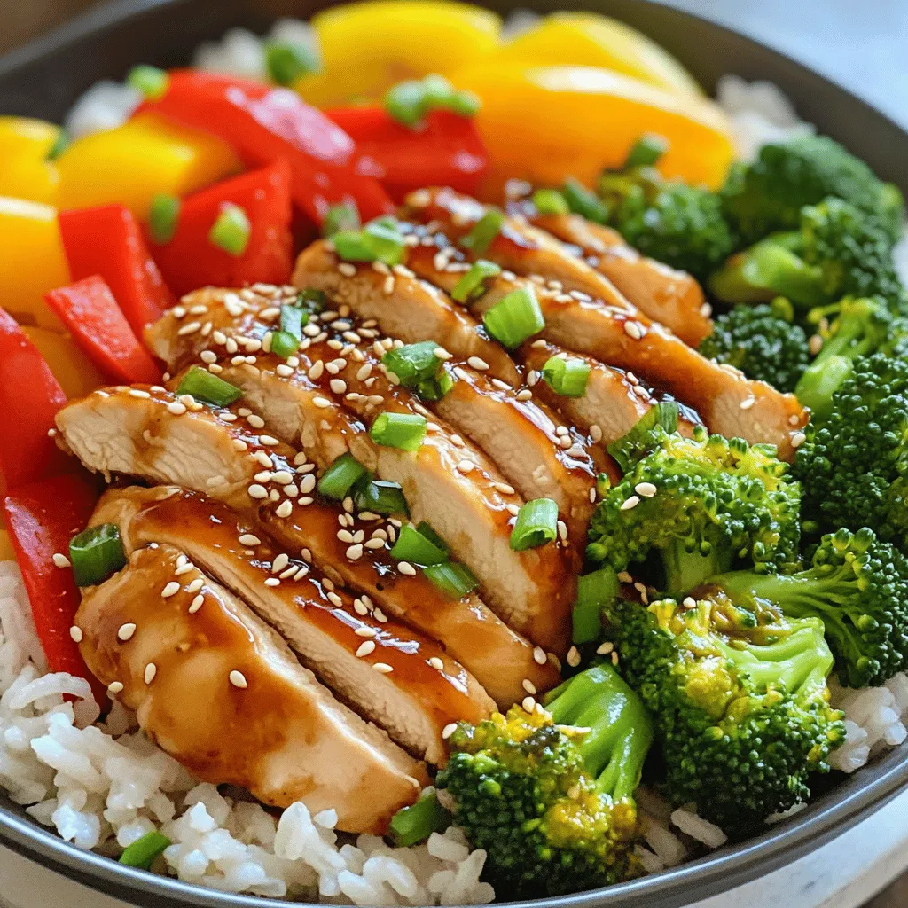 - 2 boneless, skinless chicken breasts, sliced - 1 cup broccoli florets - 1 cup bell peppers (red and yellow), sliced - 1 cup cooked jasmine rice The chicken is the star here. I like to use boneless, skinless breasts for easy cooking. They cook fast and stay juicy. Broccoli and bell peppers add color and crunch. You can use other veggies too. Just pick what you like! The rice is a perfect base for the dish. I prefer jasmine rice for its subtle sweetness and aroma. - 2 tablespoons soy sauce - 2 tablespoons honey - 1 tablespoon rice vinegar - 1 teaspoon ginger, grated - 1 teaspoon garlic, minced The sauce brings all the flavors together. Soy sauce adds saltiness and depth. Honey gives it a nice sweet touch. Rice vinegar adds a bit of tang. Ginger and garlic add warmth and aroma. Mix these ingredients well for a tasty teriyaki sauce. - 2 green onions, chopped (for garnish) - Sesame seeds (for garnish) Garnishes make the dish look pretty and add more flavor. Chopped green onions add a fresh bite. Sesame seeds give a nice crunch and nutty flavor. You can sprinkle them on right before serving. For a full recipe, check out the Easy Teriyaki Chicken Bowls. To make the teriyaki sauce, gather your ingredients. You need soy sauce, honey, rice vinegar, grated ginger, and minced garlic. Combine these in a medium bowl. Mix them well until the honey dissolves. This sauce adds rich flavor to your chicken and veggies. For juicy chicken, start with boneless, skinless breast. Slice the chicken into even pieces. Heat sesame oil in a large skillet over medium heat. Add the chicken slices and cook for 5 to 7 minutes. Stir occasionally until the chicken turns golden brown. Make sure it's cooked all the way through. This step is key for great flavor and texture. Now, it’s time to add color and crunch! Toss in the broccoli florets and sliced bell peppers. These veggies not only taste great but also add nutrients. Pour the teriyaki sauce over the chicken and vegetables. Stir everything to coat evenly. Cook for another 5 to 7 minutes. This helps the sauce thicken and the veggies to soften just right. Serve your teriyaki chicken and vegetables over warm jasmine rice. The rice soaks up the tasty sauce, making each bite special. For a beautiful finish, garnish with chopped green onions and a sprinkle of sesame seeds. This adds a nice touch, making your meal look inviting. For the full recipe, check the details above. To make juicy chicken, start with good quality meat. Choose fresh, boneless, skinless chicken breasts. Slice them evenly for quick cooking. Heat the skillet over medium heat. Add sesame oil and let it warm. Cook the chicken for 5-7 minutes. Stir often to avoid burning. Use a meat thermometer to check if it reaches 165°F. This way, your chicken stays moist and tender. You can tweak the teriyaki sauce to fit your taste. If you like it sweeter, add more honey. For a bolder flavor, increase the soy sauce. You might also try adding chili flakes for heat. Want a tangy taste? Add more rice vinegar. Each small change can make a big difference, so have fun experimenting. Meal prep can save you time on busy nights. Chop your chicken and vegetables ahead of time. Store them separately in the fridge. You can mix the sauce in advance, too. Keep it in a jar for easy access. When you are ready to cook, just heat everything up in the skillet. This helps you whip up your teriyaki chicken bowls fast. For the full recipe, check out the section above. {{image_2}} You can switch the chicken for other proteins. Tofu works great for a vegetarian dish. Just press the tofu to remove excess water. Then, cut it into cubes and cook until golden. Beef is another option. Use thin strips of flank steak for quick cooking. Shrimp also makes a tasty choice. Cook the shrimp until pink and firm for a delicious twist. Feel free to swap out the broccoli and bell peppers. Use seasonal veggies like snap peas or carrots. You can even try zucchini or mushrooms for added flavor. Just remember to cut the vegetables into small pieces. This helps them cook evenly and blend well with the dish. Rice is not your only choice! Serve your teriyaki chicken over jasmine rice, or try brown rice for a nutty flavor. Quinoa makes a healthy base too. If you prefer noodles, use soba or rice noodles. They soak up the sauce nicely and add a different texture. For the full recipe, check out the detailed instructions in the cooking section. To keep your teriyaki chicken bowls fresh, place leftovers in a container. Make sure to seal it tightly. Store in the fridge for up to three days. If you want to save them longer, consider freezing instead. When you’re ready to enjoy your meal again, take out the leftovers. Heat them in the microwave for about two to three minutes. Stir halfway through to ensure even heating. You can also reheat in a skillet over medium heat for the best taste. Just add a splash of water to keep the chicken moist. If you want to freeze your teriyaki chicken bowls, let them cool first. Separate the chicken, veggies, and rice into different bags. This way, they stay fresh longer. Use freezer-safe bags and label them with the date. They can last up to three months in the freezer. When ready, thaw in the fridge overnight before reheating. For the full recipe, check out the earlier sections. Teriyaki chicken can last up to four days in the fridge. Store it in an airtight container. This keeps the chicken fresh and safe to eat. Always check for any off smells before enjoying leftovers. If you see any changes in color, it's best to toss it. Yes, you can make teriyaki chicken bowls ahead of time. Prepare the chicken and veggies, then store them in the fridge. You can cook the rice fresh when you're ready to serve. This makes it easy to enjoy a quick meal after a long day. You can serve teriyaki chicken bowls in many ways. Here are some great ideas: - Steamed edamame - Cucumber salad - Miso soup - Pickled vegetables - A side of egg rolls These options add extra flavor and texture to your meal. Try them out for a fun twist! For the full recipe, check out the main ingredients and instructions above. In this blog post, we covered the main ingredients and steps to make delicious teriyaki chicken bowls. You learned about key components like chicken, vegetables, and rice, along with the sauce ingredients. We also shared tips for cooking, meal prep, and variations to suit your taste. Remember, you can easily adapt this dish with different proteins and veggies. Enjoy experimenting with this easy recipe, and make it your own! Happy cooking!