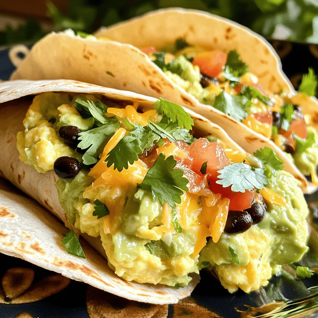 To make your Avocado Egg Breakfast Burrito, gather these fresh ingredients: - 2 large eggs - 1 ripe avocado, mashed - 1 small tomato, diced - 1/4 cup black beans, rinsed and drained - 1/4 cup shredded cheddar cheese - 2 whole wheat tortillas - 1 tablespoon olive oil - Salt and pepper to taste - 1/2 teaspoon cumin - Fresh cilantro, chopped (for garnish) - Hot sauce (optional, for serving) Choosing the best ingredients makes your burrito taste even better. Here are some tips: - Eggs: Look for eggs with bright yellow yolks. This shows they are fresh. - Avocado: Select avocados that yield slightly when you press them. They should not be too soft or hard. - Tomatoes: Pick firm tomatoes with vibrant colors. A ripe tomato adds great flavor. - Black beans: If using canned beans, check for low sodium options. This keeps your dish healthy. - Cheese: Choose fresh cheddar cheese from the deli. It melts nicely and tastes great. If you don't have all the ingredients, here are some simple swaps: - Eggs: You can use egg whites or a vegan egg substitute if preferred. - Avocado: Greek yogurt or hummus can replace avocado for a creamy texture. - Beans: Substitute black beans with pinto beans or chickpeas for a different flavor. - Cheese: Try feta or dairy-free cheese if you want a change. - Tortillas: Use corn tortillas or lettuce wraps for a gluten-free option. By picking fresh ingredients and considering swaps, you can make this meal just right for you! To make the avocado egg breakfast burrito, start by whisking the eggs. Use a medium bowl to mix in the cumin, salt, and pepper. Heat the olive oil in a non-stick skillet over medium heat. Once hot, pour in the egg mixture. Let it cook undisturbed for about 1 minute. Then, gently stir the eggs with a spatula. Cook until the eggs are scrambled and just set, about 2-3 more minutes. Remove the skillet from heat. In a separate bowl, combine the mashed avocado, diced tomato, and black beans. Mix these ingredients until just combined. You can add a pinch of salt if needed. When preparing the tortillas, lay each one on a flat surface. Spread half of the avocado mixture on each tortilla, leaving space around the edges. Next, divide the scrambled eggs evenly between the two tortillas. Sprinkle the shredded cheddar cheese over the eggs. To roll the burrito, carefully fold in the sides of the tortilla. Then roll from the bottom to the top. For added texture, place the burritos seam-side down on the skillet for about 1 minute on medium heat. This step is optional but gives a nice crisp. - Whisking eggs: 2 minutes - Cooking eggs: 3-4 minutes - Mixing avocado and beans: 2 minutes - Spreading and rolling tortillas: 3 minutes - Crisping burritos (optional): 1 minute Overall, the total time for this dish is about 20 minutes. This recipe is quick, simple, and full of flavor. For more details, check the full recipe. To make fluffy scrambled eggs, start with fresh eggs. Crack them into a bowl and whisk well. This adds air, making them light. Use a non-stick skillet and medium heat. Heat the skillet before adding oil. Pour in the eggs and let them cook for a minute. Stir gently with a spatula, folding the eggs. This helps them cook evenly. Remove them from heat when they are soft but set. You can easily change the flavors in your burrito. Add spices like paprika or chili powder for heat. For a fresh taste, mix in chopped herbs like cilantro or parsley. Want more texture? Add sautéed peppers or onions. You can also switch the cheese type. Try feta or pepper jack for a twist. If you love heat, drizzle hot sauce over the top before serving. To make your breakfast even better, add a side of fruit. Sliced oranges or berries brighten the plate. You could also serve your burrito with a small salad. A light green salad complements the meal well. For a drink, consider fresh orange juice or a smoothie. These choices will round out your breakfast with nutrition and flavor. For the full recipe, check out the details above and get cooking! {{image_2}} You can easily make this burrito vegetarian. Just skip the eggs and cheese. Try using tofu instead. Scramble firm tofu with spices to mimic the egg flavor. You can also add more veggies like bell peppers or spinach. For a vegan option, use plant-based cheese. It melts nicely and adds flavor. Toppings can change your burrito game. Try fresh salsa for a zesty kick. You might like pico de gallo or a smooth guacamole. Hot sauce adds heat. You can also drizzle creamy ranch or chipotle sauce on top. Each topping gives a fresh taste, making your meal exciting. Want more protein? Add cooked chicken or turkey for a heartier meal. Black beans are great but consider adding some quinoa or lentils too. You can mix in cooked bacon for a savory crunch. Each protein boost makes your burrito filling and satisfying. To keep your avocado egg breakfast burrito fresh, store it in the fridge. Wrap each burrito in foil or plastic wrap. Place them in an airtight container. This way, they stay moist and tasty for up to three days. When you are ready to eat, you can reheat your burrito. The best way is to use a skillet. Heat it over medium heat for about 3-4 minutes on each side. This keeps the tortilla crispy. You can also use a microwave. Heat it for 30-45 seconds. But the tortilla may get soft in the microwave. If you want to make these burritos ahead of time, freezing works great. Wrap each burrito tightly in plastic wrap. Then, place them in a freezer bag. They can last up to two months in the freezer. When you want one, just thaw it in the fridge overnight. Then, reheat it using the skillet method for the best taste. For the full recipe, check out the steps above. If you want to skip cheese, try using nutritional yeast. It adds a cheesy flavor without dairy. You can also use hummus for creaminess or avocado instead. Both options keep the taste rich and satisfying. Yes! You can prepare the filling the night before. Just store the eggs, avocado mix, and tortillas separately in the fridge. In the morning, warm them up and assemble your burrito. This saves time and gives you a tasty breakfast fast. To make the burrito healthier, swap regular tortillas for whole grain or corn tortillas. You can also reduce the cheese or use a low-fat version. Adding more veggies, like spinach or bell peppers, boosts fiber and nutrients too. Absolutely! You can use pinto beans, kidney beans, or even lentils. Each type adds a unique flavor and texture. Just rinse and drain them like black beans before mixing into your burrito. For extra flavor, try adding spices like smoked paprika or chili powder. Fresh herbs like parsley or basil can also enhance taste. A squeeze of lime juice brightens the dish nicely too. Yes! This burrito is great for meal prep. You can make several and freeze them. When you need a quick meal, just reheat a burrito in the microwave or oven for a warm, delicious breakfast. Store leftover burritos in an airtight container in the fridge for up to three days. If freezing, wrap each burrito in plastic wrap and place in a freezer bag. This keeps them fresh for up to three months. Definitely! If you like heat, add diced jalapeños or hot sauce to the filling. For milder flavors, skip the hot sauce and use sweet bell peppers instead. Adjust it to suit your taste. In this post, I shared the key steps to making a delicious burrito. I walked you through selecting fresh ingredients and gave tips on preparations and cooking. You learned how to customize flavors and try new variations. Storing and reheating burritos can keep meals fresh and tasty. Remember, you can easily swap ingredients to fit your own taste. With these tips, you'll make burritos that everyone loves. Enjoy your cooking, and happy eating!