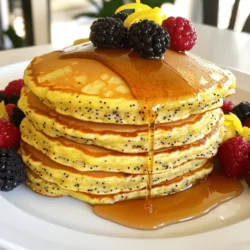 - 1 cup whole wheat flour - 2 tablespoons poppy seeds - 1 tablespoon baking powder - 1/4 teaspoon salt - 1 teaspoon lemon zest - 1 tablespoon coconut sugar (or any sweetener of your choice) - 1 cup almond milk (or any milk of your choice) - 1 large egg (or flax egg for a vegan option) - 2 tablespoons melted coconut oil - 2 tablespoons fresh lemon juice - Optional: Maple syrup and fresh fruit for serving Each ingredient plays a key role in making these pancakes both healthy and tasty. Whole wheat flour gives a nice, nutty flavor and adds fiber. Poppy seeds add a fun crunch and a hint of flavor. Baking powder helps the pancakes rise and become fluffy. Salt balances the sweetness. Lemon zest brings a bright, fresh taste. Coconut sugar sweetens the mix while being less processed than regular sugar. Almond milk adds moisture without dairy. You can use a large egg for protein or a flax egg for a vegan twist. Melted coconut oil keeps the pancakes moist and adds a subtle coconut taste. Fresh lemon juice gives an extra zing to each bite. For toppings, maple syrup and fresh fruit make these pancakes even more delightful. You can use berries, bananas, or whatever fruit you love. You can find the full recipe [here](#). Enjoy your delicious, healthy breakfast! Mixing dry ingredients First, grab a large mixing bowl. Add 1 cup of whole wheat flour, 2 tablespoons of poppy seeds, 1 tablespoon of baking powder, and 1/4 teaspoon of salt. Don’t forget the zest! Add 1 teaspoon of lemon zest and 1 tablespoon of coconut sugar. Whisk these dry ingredients together until they blend well. Combining wet ingredients In a separate bowl, mix 1 cup of almond milk, 1 large egg (or a flax egg), 2 tablespoons of melted coconut oil, and 2 tablespoons of fresh lemon juice. Stir until everything is well blended. This mix brings the flavor and moisture. Merging the mixtures Now, pour the wet ingredients into the dry mix. Gently stir the two together until they just combine. It’s okay if a few lumps remain. Overmixing can make the pancakes tough, and we want them light and fluffy. Heating the skillet Heat a non-stick skillet over medium heat. Add a little coconut oil to keep things from sticking. Let the skillet warm up for a few minutes before adding batter. Portioning the batter Use about 1/4 cup of pancake batter for each pancake. Pour the batter onto the skillet. Make sure to leave space between them so they can grow! Flipping and cooking time Cook the pancakes for 2-3 minutes. Watch for bubbles to form on the surface. When the edges look set, it’s time to flip them. Cook for another 1-2 minutes until golden brown. Keep them warm as you finish cooking the rest of the batch. Stack the pancakes on a plate. Drizzle with maple syrup for sweetness. Add fresh berries and a sprinkle of lemon zest on top. This adds a pop of color and makes your breakfast look beautiful. Enjoy your delightful meal! For the full recipe, check out the detailed instructions. To make your healthy lemon poppy seed pancakes even tastier, consider these simple tips: - Add vanilla extract: Just a teaspoon boosts flavor. - Spices like cinnamon or nutmeg: These add warmth and depth. - Mix-ins: Try adding blueberries or sliced bananas for natural sweetness. Getting the perfect pancake fluffiness is all about technique: - Don’t overmix the batter: Stir gently; lumps are fine. Overmixing makes pancakes tough. - Skillet temperature: Aim for medium heat. Too hot burns the outside before the inside cooks. Watch out for these common pitfalls: - Overmixing the batter: This leads to dense pancakes. Remember, gentle mixing is key. - Not enough cooking time: Cook until bubbles form on top. This ensures they cook through. {{image_2}} You can easily change the taste of your Healthy Lemon Poppy Seed Pancakes. Start with different flours. Try oat flour, almond flour, or even a gluten-free blend. Each flour brings a unique flavor and texture. If you want to add a twist, mix in fruits or nuts. Blueberries, bananas, or chopped walnuts work great. These additions not only enhance taste but also boost nutrition. For gluten-free pancakes, use a gluten-free flour mix. You can swap the egg for a flax egg to make them vegan. To make a flax egg, mix one tablespoon of ground flaxseed with three tablespoons of water. Let it sit for five minutes until it thickens. Adjust cooking times if needed, as gluten-free pancakes may cook faster. You can have fun with seasonal flavors. In spring, add fresh berries like strawberries or raspberries. In fall, pumpkin puree or spices like cinnamon can enhance the flavor. In winter, try using citrus zest from oranges or grapefruits. This way, your pancakes will always taste fresh and exciting. For the full recipe, check [Full Recipe]. To keep your pancakes fresh, place them in an airtight container. You can stack them with parchment paper between each pancake to avoid sticking. Store them in the fridge for up to three days. This method helps maintain their taste and texture. When you want to enjoy your leftover pancakes, there are a few ways to reheat them. The best way is to use a skillet over low heat. This warms them evenly and keeps them soft. You can also use a microwave, but use a microwave-safe plate and cover them with a damp paper towel. This keeps them moist. To freeze pancakes, let them cool completely first. Layer them with parchment paper, then place them in a freezer-safe bag. This way, they won’t stick together. You can freeze them for up to one month. When you’re ready to eat, just thaw them overnight in the fridge. Reheat them in a skillet or microwave when you want to enjoy your Healthy Lemon Poppy Seed Pancakes again. To make these pancakes, start by mixing the dry ingredients. In a bowl, whisk 1 cup of whole wheat flour, 2 tablespoons of poppy seeds, 1 tablespoon of baking powder, 1/4 teaspoon of salt, 1 teaspoon of lemon zest, and 1 tablespoon of coconut sugar. In another bowl, blend 1 cup of almond milk, 1 large egg, 2 tablespoons of melted coconut oil, and 2 tablespoons of fresh lemon juice. Combine both mixtures, then cook them on a heated skillet. For the full recipe, refer to the earlier section. Yes, you can! Use a flax egg instead. To do this, mix 1 tablespoon of ground flaxseed with 2.5 tablespoons of water. Let it sit for about 5 minutes until it thickens. This works great as a binder in pancakes. You can use any milk you prefer. Options include soy milk, oat milk, or cow's milk. Each will give a slightly different flavor but will still work well in the recipe. To make fluffier pancakes, focus on not overmixing the batter. A few lumps are okay. You can also add an extra teaspoon of baking powder. This helps create more air pockets, making the pancakes light and fluffy. Yes, you can substitute regular all-purpose flour for whole wheat flour. However, whole wheat flour adds more fiber and nutrients. If you want a lighter texture, all-purpose flour works just fine. These pancakes are a healthier choice. Each serving (2 pancakes) typically has about 150 calories, 4 grams of protein, 3 grams of fiber, and 7 grams of sugar, depending on substitutes used. They are also rich in vitamins from the lemon zest. These healthy lemon poppy seed pancakes are simple and tasty. We covered every step, from mixing ingredients to cooking. You learned how to enhance flavor and avoid common mistakes. Plus, we explored variations to fit your dietary needs. Proper storage keeps leftovers fresh, and reheating tips help maintain texture. Now you can enjoy these pancakes anytime. Make them your own and share them with friends and family. Enjoy your cooking journey!