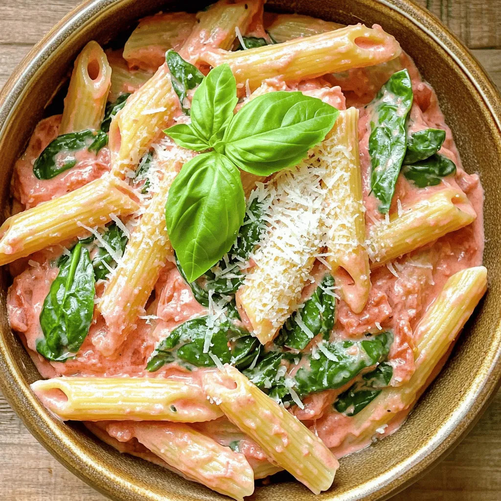 To create a delicious creamy tomato and spinach pasta, you need some key ingredients. Here's a helpful list to guide you: - Pasta options: - 12 oz penne or fettuccine works well - Sauce components: - 2 tablespoons olive oil - 4 cloves garlic, minced - 1 can (14 oz) crushed tomatoes - 1 cup heavy cream (or coconut cream for a vegan option) - Seasonings and garnishes: - 4 cups fresh spinach - 1 teaspoon Italian seasoning - Salt and pepper to taste - Grated Parmesan cheese for serving (or nutritional yeast for a vegan option) - Fresh basil leaves for garnish Each ingredient plays a role in making this dish rich and tasty. The pasta will hold the sauce well, while the garlic adds a nice kick. Crushed tomatoes provide a sweet base. Heavy cream enhances the richness, while spinach offers color and nutrients. Seasonings bring everything together, making each bite a flavorful delight. You can find the full recipe to help guide you through the cooking process. 1. Cooking the Pasta: Start by boiling salted water in a large pot. Once the water bubbles, add 12 oz of your favorite pasta, like penne or fettuccine. Cook it until it is al dente, which usually takes about 8-10 minutes. Drain the pasta and set it aside. 2. Sautéing Garlic: In a large skillet, heat 2 tablespoons of olive oil over medium heat. Add 4 minced garlic cloves and sauté them for about 1 minute. You want to smell the garlic's rich aroma, but be careful not to let it burn. 3. Adding Crushed Tomatoes: Now, pour in a 14 oz can of crushed tomatoes. Mix in 1 teaspoon of Italian seasoning. Let the mixture simmer for about 5 minutes. This helps the flavors blend together nicely. 1. Incorporating Cream: Lower the heat and add 1 cup of heavy cream to the skillet. Stir well to combine it with the tomatoes. Let it cook for another 3-4 minutes. You will notice the sauce thickening slightly. 2. Adding Spinach: Next, fold in 4 cups of fresh spinach. Stir until the spinach wilts and blends into the sauce, which should take about 2-3 minutes. This adds a nice pop of color and nutrients. 3. Combining Pasta with Sauce: Finally, add the drained pasta to your skillet. Toss everything together until the pasta is well coated with the creamy tomato and spinach sauce. Season with salt and pepper to taste. This dish is a flavorful delight. If you want the full recipe, check it out in the earlier section. - Cooking pasta al dente: Cook the pasta just until it is firm to the bite. This keeps it from becoming mushy. Follow package timings closely, but check a minute early. Drain it right away to stop cooking. - Avoiding burnt garlic: Garlic can burn quickly and turn bitter. Cook it on medium heat for just one minute. Stir often and watch for that lovely golden color. If it starts to brown too fast, lower the heat. - Balancing flavors in the sauce: To create a rich tomato flavor, let the crushed tomatoes simmer. This brings out their natural sweetness. Add salt and pepper in small amounts. Taste often to get the right balance. - Cheese options for garnishing: Grated Parmesan cheese adds a savory touch. If you want a vegan option, use nutritional yeast. Both choices will enhance the dish's flavor. - Pairing with side dishes: A simple green salad goes well with this pasta. Garlic bread is another great choice. Both sides complement the creamy sauce nicely. - Adding protein options: You can add cooked chicken or shrimp for extra protein. They mix well with the sauce. For a vegetarian option, try chickpeas or white beans. {{image_2}} You can easily make creamy tomato and spinach pasta vegan. Here are some simple swaps: - Coconut cream instead of heavy cream: This gives a rich, creamy texture. - Nutritional yeast as a cheese alternative: It adds a cheesy flavor without dairy. - Gluten-free pasta options: Use rice or corn pasta for a gluten-free meal. These adjustments keep the dish delicious while meeting dietary needs. Want to spice up your creamy tomato and spinach pasta? Here are some ideas: - Additional herbs and spices: Try adding fresh basil or crushed red pepper for extra kick. - Incorporating vegetables: Bell peppers, mushrooms, or zucchini can add color and nutrients. - Protein add-ins: Toss in cooked chicken, shrimp, or even chickpeas for a heartier meal. These enhancements will elevate your dish and excite your taste buds. For the full recipe, check the earlier sections! To keep your creamy tomato and spinach pasta fresh, store it in airtight containers. This method prevents air exposure, helping the pasta stay tasty longer. In the fridge, it lasts up to three days. Make sure it cools down before sealing the container. This simple step helps maintain the best texture and flavor. If you want to save some for later, freezing is a great option. Start by letting the pasta cool completely. Then, transfer it to freezer-safe bags or containers. Label them with the date for easy tracking. It will stay good in the freezer for about two months. When you're ready to enjoy your pasta again, thaw it in the fridge overnight. Reheat it in a skillet over low heat. Add a splash of milk or cream to loosen the sauce. Stir gently until it’s hot throughout. This way, you’ll have a delicious meal ready to savor anytime. For the full recipe, check out Creamy Tomato and Spinach Pasta. How to make creamy tomato and spinach pasta from scratch? To make creamy tomato and spinach pasta, follow these steps: 1. Cook your pasta until al dente. 2. Sauté minced garlic in olive oil. 3. Add crushed tomatoes and Italian seasoning. 4. Stir in heavy cream and let it thicken. 5. Fold in fresh spinach until it wilts. 6. Combine the pasta with the sauce. 7. Top with cheese and serve. You can find the full recipe above. Can I use frozen spinach? Yes, you can use frozen spinach. Just thaw it first and drain excess water. This saves time but may alter the texture slightly. What is a good wine pairing for this dish? A light red wine, like Pinot Noir, pairs well. It complements the tomato flavor nicely. A crisp white, like Sauvignon Blanc, also works well with creamy sauces. How do I thicken the sauce further? To thicken the sauce, simmer it longer on low heat. You can also add more cream or a bit of grated cheese. Is this dish kid-friendly? Yes, this dish is kid-friendly. The creamy sauce and pasta make it tasty for all ages. Nutritional information per serving Each serving has about 500 calories. It includes healthy fats, carbs, and protein. The dish offers vitamins from spinach and tomatoes too. How to adjust serving sizes for different occasions You can easily adjust the recipe. For a smaller meal, halve the ingredients. To serve more, simply double them. This dish is versatile for any gathering. In this blog post, we explored making creamy tomato and spinach pasta. We covered ingredients, cooking steps, and expert tips. You now know how to cook pasta perfectly and balance flavors. We also discussed vegan options and storage tips for leftovers. Remember, this dish is versatile and easy to adjust. Try your favorite add-ins and enjoy! Your perfect pasta dish awaits.
