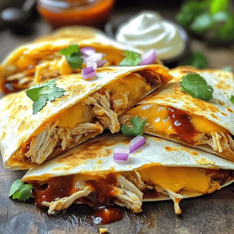 - 2 cups cooked chicken, shredded - 1 cup BBQ sauce - 1 cup shredded cheddar cheese - 1 cup shredded mozzarella cheese - 4 large flour tortillas - 1/2 cup red onion, thinly sliced - 1/4 cup fresh cilantro, chopped (for garnish) - Sour cream and salsa (for serving) For this recipe, I love using shredded chicken. You can use rotisserie chicken, too. It saves time and adds great flavor. Mix the shredded chicken with BBQ sauce in a bowl. This blend gives the quesadillas a rich, smoky taste. Next, I use two types of cheese: cheddar and mozzarella. Cheddar adds sharpness, while mozzarella melts beautifully. You can adjust the cheese types, but I find this combo perfect. Don’t forget the tortillas! Large flour tortillas work best. They hold the filling well and make for easy folding. If you want a gluten-free option, consider corn tortillas. For garnishes, I like adding sliced red onion and fresh cilantro. These add color and a nice crunch. Serve with sour cream and salsa for dipping. This recipe makes about four servings, which is great for sharing or meal prep. Check out the Full Recipe for all the details! In a medium bowl, combine shredded chicken and BBQ sauce. Mix well. Make sure the chicken is evenly coated. This mix gives the quesadillas their tasty flavor. You can use leftover chicken or rotisserie chicken for this step. It makes things quick and easy. Heat olive oil in a skillet over medium heat. Add the thinly sliced red onions. Sauté for 2-3 minutes. You want the onions to soften and become fragrant. This step adds a nice touch to the quesadilla filling. The sweet flavor of the cooked onions blends well with the BBQ chicken. Lay one tortilla flat in the skillet. On one half of the tortilla, layer 1/4 of the BBQ chicken mixture. Next, add 1/4 cup of shredded cheddar and 1/4 cup of shredded mozzarella cheese. Fold the tortilla over to cover the filling. Cook for 3-4 minutes until the bottom is golden brown. Carefully flip the quesadilla. Cook for another 3-4 minutes on the other side. This way, both sides become crispy, and the cheese melts perfectly. Remove the quesadilla from the skillet. Let it cool for a minute before cutting it into wedges. Repeat these steps with the remaining tortillas and filling. Serve warm and enjoy your tasty BBQ chicken quesadillas. For the full recipe, check out the [Full Recipe]. To get the best crispness in your quesadillas, follow these tips: - Use fresh tortillas for a soft bite. - Heat your skillet well before adding oil. This helps create a nice crust. - Add just enough filling. Too much can make them soggy. - Cook on medium heat. This prevents burning while the cheese melts. Pair your BBQ chicken quesadillas with these tasty sides: - Fresh guacamole adds creaminess. - Crunchy tortilla chips give a nice texture. - A simple green salad can balance the meal. - Serve with sour cream and salsa for dipping. To change the flavor of your quesadillas, try these ideas: - Add jalapeños for heat. - Swap BBQ sauce for hot sauce for a kick. - Mix in spices like cumin or garlic powder to enhance taste. - Experiment with different cheeses, like pepper jack, for added flavor. For the full recipe, check out the Easy BBQ Chicken Quesadillas section. {{image_2}} You can change up the proteins and cheeses in your BBQ chicken quesadillas. Try using pulled pork or beef instead of chicken. These options add a new twist to the flavor. For cheese, I like mixing gouda or pepper jack for a fun kick. You can even use a dairy-free cheese if you want a vegan option. This way, you can make it your own and keep things fresh. If you want a vegetarian twist on BBQ quesadillas, use grilled veggies. Bell peppers, zucchini, and mushrooms work great. Simply sauté them with a bit of olive oil and your favorite BBQ sauce. Spread the veggie mix on the tortillas and add cheese as usual. This makes a tasty and colorful dish that everyone will love. For those who like heat, add jalapeños to your quesadillas. You can use fresh slices or pickled ones for a tangy twist. If you want more spice, try adding chili powder or cayenne pepper to the BBQ sauce. Adjust the heat to your taste, and enjoy a spicy kick in every bite. To keep your BBQ chicken quesadillas fresh, store them in an airtight container. Make sure they cool down first. Place a piece of parchment paper between layers to prevent sticking. They can last in the fridge for about three days. When it's time to enjoy leftovers, reheating is key. Use a skillet over low heat. This helps to keep the quesadillas crispy. Heat for about 3-4 minutes on each side. You can also use a microwave, but it may make them soggy. For the best texture, stick to the skillet method. If you want to save some for later, freezing is easy. Before cooking, wrap each quesadilla in plastic wrap. Place them in a freezer bag or container. They can last up to three months. When you’re ready, thaw them in the fridge overnight. Cook as usual for a quick meal. You can make BBQ chicken quesadillas ahead of time with ease. First, prepare the chicken and BBQ sauce mixture. Store it in an airtight container in the fridge for up to three days. You can also assemble the quesadillas without cooking them. Place them on a baking sheet and cover them with plastic wrap. Keep them in the fridge for up to 24 hours. When you're ready to eat, just cook them in a skillet or bake them in the oven. Yes, you can use various tortillas for your BBQ chicken quesadillas. If you want a low-carb option, try using cauliflower or almond flour tortillas. For gluten-free diets, corn tortillas work great. You can also find whole wheat or spinach tortillas for a healthy twist. Just make sure the tortillas are large enough to hold all the tasty filling. Serving sides with BBQ chicken quesadillas can enhance your meal. Good options include: - Corn salad: A fresh mix of corn, tomatoes, and lime. - Guacamole: Creamy and rich, perfect for dipping. - Coleslaw: Crunchy and tangy, it adds texture to your plate. - Beans: Refried or black beans are hearty and filling. Also, don’t forget sour cream and salsa for dipping. They bring extra flavor and balance to the quesadillas. Enjoy these sides with the full recipe for a complete feast! To make BBQ chicken quesadillas, you need a few main ingredients and steps. Start with shredded chicken, BBQ sauce, and cheeses wrapped in tortillas. Sauté some onions for extra flavor, then assemble and cook. You can change the recipe to fit your taste by swapping ingredients or adding spices. In the end, these quesadillas are easy to customize and perfect for any meal. Enjoy making them with friends or family for a fun and tasty dish!