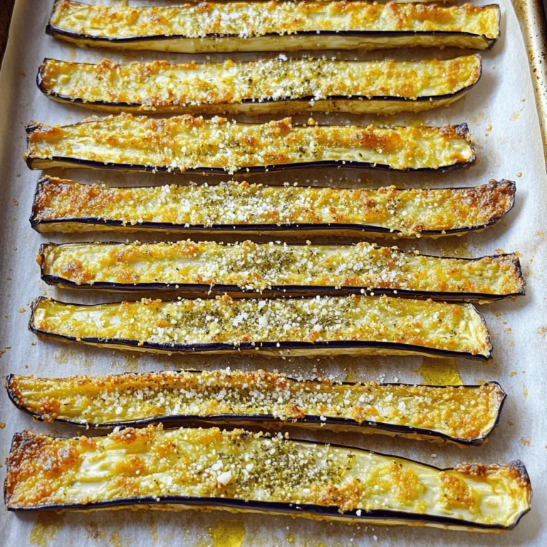 - 1 large eggplant, cut into thin strips - 1 cup breadcrumbs (preferably panko) - 1/2 cup grated Parmesan cheese - 1 teaspoon garlic powder - 1 teaspoon onion powder - 1 teaspoon dried oregano - 1/2 teaspoon salt - 1/4 teaspoon black pepper - 2 large eggs, beaten - Olive oil spray To make crispy baked eggplant fries, you'll need simple and fresh ingredients. The eggplant is the star of the dish. Cut it into thin strips to make it fry-like. Using panko breadcrumbs gives an extra crunch, which I love. The grated Parmesan cheese adds a nice cheesy flavor. Don't forget the garlic and onion powders. These spices boost the taste without overpowering the eggplant. Dried oregano gives a hint of fresh herb flavor. Salt and black pepper bring everything together. Finally, you'll need two beaten eggs to help the breadcrumbs stick. A light spray of olive oil makes them crispy in the oven. - Baking sheet - Parchment paper - Shallow bowls for mixing - Whisk for beating eggs Gathering the right tools makes this cooking process easier. A baking sheet lined with parchment paper helps the fries bake evenly. Use shallow bowls for mixing ingredients so you can easily dip the eggplant. A whisk is perfect for beating the eggs, making them fluffy. With these ingredients and tools, you are ready to create a tasty snack. For the complete instructions, check out the full recipe! - Preheat the oven to 425°F (220°C). - Line a baking sheet with parchment paper. - In one bowl, mix breadcrumbs and seasonings. - In another bowl, beat the eggs. - Take each eggplant strip and dip it first in the eggs. Then, coat it with the breadcrumb mix. - Arrange the coated eggplant fries on the baking sheet. - Lightly spray the fries with olive oil. - Bake for 20-25 minutes. Flip them halfway through to ensure even cooking. Enjoy this simple yet delicious treat! For a detailed guide, check the Full Recipe. To make your eggplant fries extra crispy, use panko breadcrumbs. They add great crunch. Another trick is to lightly spray the fries with olive oil before baking. This helps them brown nicely. Before you coat the eggplant, salt it. Salting draws out moisture. This step makes your fries crispier. After salting, let the strips rest. This allows more moisture to escape, improving texture. Serve your crispy eggplant fries with marinara or tzatziki sauce. These dips enhance the flavors. You can also enjoy them as an appetizer or a side dish. They pair well with many meals. For the full recipe, check the details above. {{image_2}} You can spice up your eggplant fries in fun ways. Try adding cayenne pepper or chili flakes to the breadcrumb mix for a kick. If you love fresh flavors, mix in herbs like basil or thyme. These additions bring new life to the dish. Making these fries gluten-free is easy. Simply swap regular breadcrumbs for gluten-free ones. You can also use almond flour or crushed nuts. Both options give a nice crunch without gluten. Want a vegan version? It’s simple! Replace the eggs with a flaxseed meal mixture. Just mix one tablespoon of flaxseed with three tablespoons of water and let it sit until it thickens. For cheese flavor, use nutritional yeast instead of Parmesan. This way, you get the same great taste without any animal products. For the full recipe, check out the complete guide to crispy baked eggplant fries. After enjoying your crispy baked eggplant fries, store any leftovers in an airtight container. This keeps them fresh and prevents them from getting soggy. I recommend eating them within 2-3 days. They taste best when fresh, but you can still enjoy them later. You can also freeze cooked eggplant fries for later. First, let them cool completely. Then, place them in a single layer on a baking sheet and freeze until solid. After that, transfer them to a freezer-safe bag or container. When you're ready to eat, reheat them straight from the freezer. For the best crispness, set your oven to 425°F (220°C) and bake for about 15-20 minutes. This way, they stay crunchy and delicious. To make crispy baked eggplant fries, follow these simple steps: 1. Preheat your oven to 425°F (220°C) and line a baking sheet with parchment paper. 2. Cut one large eggplant into thin strips. 3. In a shallow bowl, mix 1 cup of breadcrumbs with 1/2 cup of grated Parmesan cheese, 1 teaspoon of garlic powder, 1 teaspoon of onion powder, 1 teaspoon of dried oregano, 1/2 teaspoon of salt, and 1/4 teaspoon of black pepper. 4. In another bowl, beat 2 large eggs until well mixed. 5. Dip each eggplant strip in the eggs, allowing excess to drip off, then coat in the breadcrumb mix. 6. Place the fries on the baking sheet in a single layer. 7. Spray lightly with olive oil for extra crispiness. 8. Bake for 20-25 minutes, flipping halfway, until golden brown. This method gives you crispy fries! If you want a gluten-free version, use gluten-free breadcrumbs instead of regular ones. Cutting eggplant for fries takes a bit of care. Aim for uniform strips, about 1/4 inch thick. This helps them cook evenly. - Start by washing the eggplant well. - Cut off both ends of the eggplant. - Stand it upright and slice it lengthwise into planks. - Cut each plank into thin strips to resemble fries. This technique ensures each fry gets crispy and delicious. Yes! You can use other vegetables to create tasty baked fries. Try these options: - Zucchini: Slice into strips like eggplant for a lighter option. - Carrots: Cut into thin sticks for a sweet and crunchy bite. - Sweet Potatoes: Slice into fry shapes for a hearty alternative. Each veggie brings a unique flavor. Experiment to find your favorite! To keep your eggplant fries crispy, store them in an airtight container. They taste best within 2-3 days. - Reheat them in the oven at 375°F (190°C) for about 10 minutes. This helps restore their crunch. - Avoid microwaving, as it makes them soggy. With these tips, your fries will stay tasty and crispy! You can find the full recipe for crispy baked eggplant fries in the recipe section of this article. It includes all the details you need for prep and cooking! This blog post covered how to make crispy baked eggplant fries. We discussed ingredients, tools, and step-by-step instructions. I shared tips for extra crispiness and suggested serving ideas. You can also explore variations for dietary needs and storage options. Now, you have all the information to try this tasty dish. Enjoy your cooking adventure!