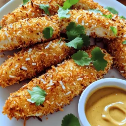 To make crispy coconut chicken tenders, you need the following: - 1 lb chicken breast, cut into tenders - 1 cup shredded coconut (unsweetened) - 1 cup breadcrumbs (preferably panko for extra crunch) - 1/2 cup all-purpose flour - 2 large eggs - 1 teaspoon garlic powder - 1 teaspoon onion powder - 1 teaspoon paprika - Salt and pepper to taste - Cooking spray or oil for frying You can change some ingredients if needed. Use almond flour instead of all-purpose flour for a gluten-free option. If you want a different flavor, try sweetened coconut or add some cayenne pepper for heat. You can also replace chicken with turkey or tofu for a vegetarian dish. Using fresh chicken is key for the best taste. Look for chicken that is firm and pink. For coconut, choose unsweetened shredded coconut for a nice crunch without extra sugar. Panko breadcrumbs work best for crispiness, but regular breadcrumbs can also work. Fresh spices like garlic and onion powder will bring out more flavor. Quality ingredients make a big difference in your final dish. For the full recipe, check out the cooking instructions! First, gather your ingredients. You need chicken, coconut, breadcrumbs, flour, and spices. Cut the chicken into tenders and set them aside. Preheat your oven to 400°F (200°C). Line a baking sheet with parchment paper. This keeps the tenders from sticking. Next, set up your breading station. In one bowl, place the flour. In another bowl, whisk the eggs until smooth. In a third bowl, mix the shredded coconut, breadcrumbs, garlic powder, onion powder, paprika, salt, and pepper. This mixture will give the tenders their crunchy coating. Now it’s time to bread the chicken. Take a chicken tender and dredge it in the flour. Shake off any extra flour. Then, dip it into the whisked eggs, making sure it gets fully coated. Finally, press the chicken into the coconut-breadcrumb mixture. Make sure it’s evenly covered. Place the breaded chicken tenders on your prepared baking sheet. Lightly spray them with cooking spray or drizzle a bit of oil on top. This will help them crisp up in the oven. Bake the tenders for about 20 to 25 minutes. Flip them halfway through to ensure even cooking. They should be golden brown when done. To get that perfect crunch, use panko breadcrumbs. They are lighter and crispier. Also, make sure to coat the chicken well. The more even the coating, the better the crispiness. Using cooking spray or oil will help brown the breading. If you follow these steps, you’ll have tenders that are crispy on the outside and juicy on the inside. For a full recipe, check the section above. Enjoy your delicious Crispy Coconut Chicken Tenders! To make the best crispy coconut chicken tenders, follow these simple steps. First, set up your breading station. Use three bowls for this. In the first bowl, place flour. In the second, whisk the eggs. In the third, mix coconut, breadcrumbs, and spices. This setup helps you coat chicken evenly. When you bread the chicken, dredge it in flour first. Shake off the extra flour. Then, dip it in the egg. Make sure the chicken is fully coated. Finally, press it into the coconut mixture. This step is key for a crunchy texture. Cooking chicken tenders at the right temperature is vital. Preheat your oven to 400°F (200°C). Line a baking sheet with parchment paper. Place the breaded chicken on this sheet. Lightly spray them with cooking spray or drizzle oil on top. This tip adds crispiness. Bake the tenders for 20-25 minutes. Flip them halfway through for even cooking. You want them golden brown and cooked through. Use a meat thermometer to check the internal temperature, which should be 165°F (74°C). Serve your crispy coconut chicken tenders with tasty dips. Honey mustard or sweet chili sauce works well. These dips add extra flavor. For a nice touch, garnish your plate with fresh cilantro or parsley. This makes your meal look colorful and inviting. Enjoy these tenders with a fresh salad or rice for a full dinner experience. For the full recipe, check the earlier section. {{image_2}} You can switch the chicken with shrimp or tofu. Shrimp gives a sweet taste. Tofu adds a nice crunch and is great for vegans. Just follow the same steps for breading and baking. Mix things up with spices like curry or lime zest. Add a pinch of cayenne for heat. For a sweeter touch, try adding a little honey to the egg mix. These changes will make your tenders even more fun. To make this recipe gluten-free, use almond flour instead of regular flour. Use gluten-free breadcrumbs too. For a low-carb option, try crushed pork rinds instead of breadcrumbs. These swaps keep the taste while fitting your diet. For the full recipe, check out the detailed instructions. After your meal, let the chicken tenders cool down. You can store them in an airtight container. Place a paper towel in the container. This helps absorb moisture and keeps them crispy. Store the container in the fridge. They should stay fresh for about three days. To reheat, use an oven or an air fryer for the best results. Preheat your oven to 375°F (190°C). Place the chicken tenders on a baking sheet. Heat them for about 10-15 minutes until warm and crispy. If using an air fryer, set it to 350°F (175°C) and cook for about 5-7 minutes. If you want to freeze them, make sure they are completely cool. Place the tenders in a freezer-safe bag or container. Remove as much air as possible to avoid freezer burn. You can freeze them for up to three months. When ready to eat, thaw them overnight in the fridge before reheating. For the best flavor, use them sooner rather than later. For the full recipe, check the detailed cooking steps above. Yes, you can prepare these tenders in advance. Bread the chicken and place it in the fridge. This keeps the breading fresh. When you're ready to eat, bake them straight from the fridge. Just add a few extra minutes to the cooking time. To help the breading stick, make sure the chicken is dry. Pat the chicken with a paper towel before breading. You can also dip each tender in flour, then egg, and then the coconut mixture. Press down firmly on the breading for a good coat. These chicken tenders pair well with many sides. Try a fresh salad, rice, or sweet potato fries. You can also serve them with dipping sauces like honey mustard or sweet chili sauce. For a fun touch, garnish with fresh herbs for color. This post covered everything you need for crispy coconut chicken tenders. We looked at the key ingredients, how to prepare and cook them, and tips for perfect results. You learned about storage and tasty ways to serve this dish. Crispy coconut chicken tenders can be your next family favorite. Use the steps and tips here to make it great. Enjoy cooking!