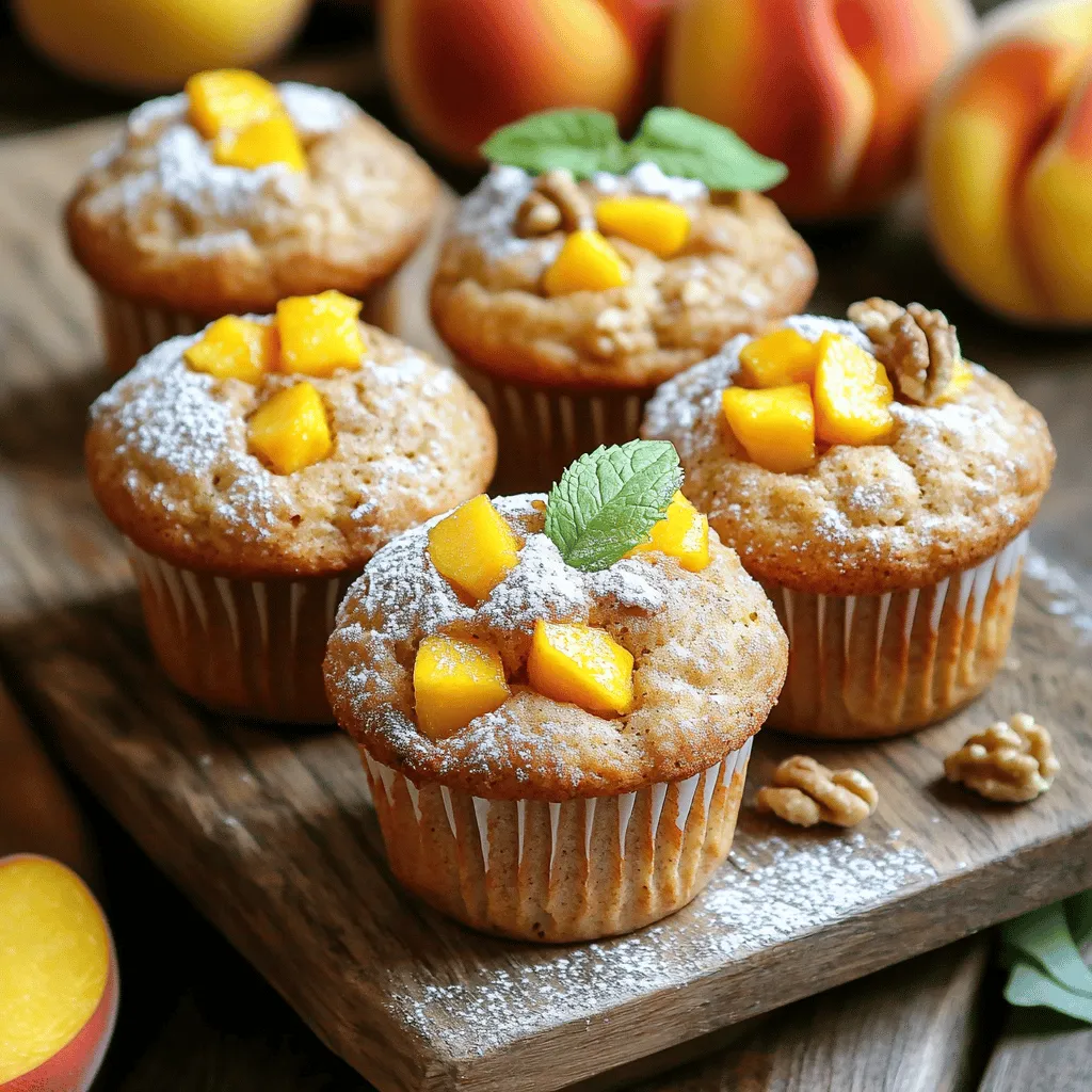 To make peach oat muffins, you need a few key ingredients: - 1 cup rolled oats - 1 cup all-purpose flour - 1 1/2 cups ripe peaches, diced (about 2 medium peaches) These main ingredients create the base for soft and tasty muffins. The oats give a hearty texture, while the peaches add natural sweetness. You also need some extra items to enhance the flavor: - 1/2 cup brown sugar - 1/2 teaspoon baking soda - 1 teaspoon baking powder - 1/2 teaspoon salt - 1 teaspoon cinnamon - 1/2 cup milk (dairy or non-dairy) - 1/4 cup vegetable oil - 1 large egg These ingredients help the muffins rise and taste great. The spices and sugar balance the fruit's sweetness. If you want to add a twist, consider these optional items: - 1/4 cup chopped walnuts for added crunch - 1 teaspoon vanilla extract for a warm aroma Adding walnuts gives the muffins a nice crunch. Vanilla and cinnamon create a comforting taste that pairs well with peaches. For the full recipe, check the provided link. 1. First, preheat your oven to 350°F (175°C). Line your muffin tin with paper liners or grease it with cooking spray. This step helps prevent sticking. 2. In a mixing bowl, mix the dry ingredients. Combine rolled oats, flour, brown sugar, baking soda, baking powder, salt, and cinnamon. Whisk them until they blend well. 3. In a separate bowl, combine the wet ingredients. Whisk together milk, vegetable oil, egg, and vanilla extract. Make sure this mixture is smooth. 1. Next, pour the wet mixture into the dry mixture. Stir gently until just combined. Be careful not to overmix, as this can make the muffins tough. 2. Now, fold in the diced peaches. If you like, add chopped walnuts for extra crunch. Ensure the fruit and nuts are evenly mixed in. 1. Distribute the batter into the muffin tin. Fill each cup about 3/4 full. This allows room for the muffins to rise. 2. Bake the muffins for 18 to 20 minutes. Check for doneness by inserting a toothpick in the center. If it comes out clean, they are ready! 3. Let the muffins cool in the tin for 5 minutes. After that, transfer them to a wire rack to cool completely. For a full recipe, refer to the specific section above. To make your peach oat muffins soft, avoid overmixing the batter. Mix just until the dry and wet parts blend together. Overmixing makes the muffins tough. Use ripe peaches for the best flavor. They add sweetness and moisture. The riper the peach, the better the taste. If you need a gluten-free option, swap all-purpose flour for almond flour or gluten-free flour. Both work well in this recipe. For a dairy-free version, use almond milk or oat milk. These alternatives keep the muffins moist and tasty without dairy. To keep your muffins fresh, store them in an airtight container at room temperature. They’ll stay soft for about three days. For longer storage, freeze them. Wrap each muffin in plastic wrap and place them in a freezer bag. When it’s time to enjoy, reheat muffins in the microwave for about 15-20 seconds. This method keeps them soft and warm. For a crispier texture, pop them in the oven at 350°F for a few minutes. For the complete recipe, check out the [Full Recipe]. {{image_2}} You can easily change the flavor of your peach oat muffins. Adding spices can really boost their taste. Try using: - 1/2 teaspoon nutmeg for warmth. - 1 tablespoon of almond extract for a nutty touch. If you want to swap out peaches, consider using other fruits. Apples, blueberries, or even strawberries work well. Each fruit brings a unique flavor that makes the muffins special. Texture is important for a great muffin. Adding nuts can give your muffins a nice crunch. Chopped walnuts or pecans add a lovely bite. You can also fold in chocolate chips for a sweet surprise. Adjusting the oat-to-flour ratio can change the texture too. For a heartier muffin, use 1 1/2 cups of oats and 1/2 cup of flour. This will make the muffins dense and chewy. If you want a lighter muffin, reduce the sugar. You can use just 1/4 cup of brown sugar. This change still keeps the muffins sweet without being too much. For a vegan version, replace the egg with 1/4 cup of applesauce. Swap the milk for almond milk or oat milk. These simple swaps keep the muffins tasty and friendly for all diets. For the full recipe, check out the instructions above. Enjoy your baking! Store your peach oat muffins at room temperature. Keep them in an airtight container. This helps them stay soft. If you store them in the fridge, they may dry out. Room temperature muffins last about 3 days. Check for any signs of spoilage if they sit longer. If you want to keep muffins longer, freezing is a great option. Place muffins in a freezer-safe bag. Make sure to press out as much air as possible. They can last up to three months in the freezer. To reheat, remove them from the bag. Microwave them for about 30 seconds, or bake at 350°F for 10-15 minutes. Check muffins for mold or an off smell. If they feel dry or hard, toss them out. A fresh muffin should feel soft and smell sweet. Always trust your senses before eating. Yes, you can use frozen peaches. Just remember to thaw them first. Drain any extra juice to avoid a wet batter. Chopping them into small pieces helps them mix better. Using frozen peaches can be a great option when fresh ones are out of season. Their sweetness and flavor will still shine in your muffins. To reduce sweetness, cut back on the brown sugar. You can try using only 1/3 cup instead of 1/2 cup. Another option is to swap brown sugar for a sugar substitute. This keeps the taste good without too much sweetness. You can also add more spices like cinnamon to enhance flavor without adding sugar. These muffins pair well with many drinks. I suggest serving them with coffee or tea. A glass of cold milk is always a hit too. For toppings, try a dollop of yogurt or a spread of cream cheese. Fresh fruit on the side can add a nice touch as well. If you double the recipe, keep the same bake time. Check the muffins at 18 minutes. If they need more time, add a few extra minutes. Just ensure a toothpick comes out clean from the center. Doubling the recipe can be fun for gatherings or meal prep. For the full recipe, check the earlier sections. Peach oat muffins are a tasty treat that blends healthy oats and sweet peaches. You learned about key ingredients, step-by-step baking, and tips for perfect muffins. I shared some simple variations and storage secrets to keep them fresh. Remember, choose ripe peaches for the best flavor and don't rush the mixing. Enjoy your baking and don’t be afraid to try new ideas! Your homemade muffins can become a family favorite with just a little effort.