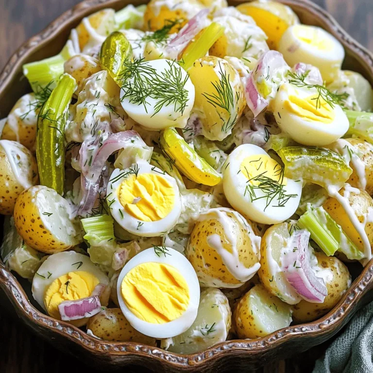 To make a classic potato salad, you need a few key ingredients. Each one adds a special touch to the final dish. Here’s what you will need: - 2 pounds Yukon Gold potatoes - 1 cup mayonnaise - 1 tablespoon Dijon mustard - 1 tablespoon apple cider vinegar - 2 celery stalks - 1/2 red onion - 3 hard-boiled eggs - 1/4 cup sweet pickles - Salt and pepper - 2 tablespoons fresh dill (optional) Yukon Gold potatoes are my favorite. They have a creamy texture that works perfectly. Mayonnaise gives the salad its rich creaminess. Dijon mustard adds a nice tangy kick. Apple cider vinegar brings brightness to the mix. Chopped celery adds crunch, while red onion gives it a slight bite. The hard-boiled eggs make the salad even heartier. Sweet pickles add a touch of sweetness that balances the flavors well. Don’t forget salt and pepper to taste. Fresh dill is optional but adds a lovely herbal note. For the full recipe, check out the Deliciously Creamy Potato Salad section. This salad is easy to make and so delicious! - Step 1: Cooking the Potatoes First, take your 2 pounds of Yukon Gold potatoes. Peel them and cut them into cubes. Place the cubes in a large pot and cover them with cold water. Add a pinch of salt. Turn on the heat to medium-high and bring the water to a boil. Once boiling, reduce the heat to low. Let the potatoes simmer for about 10 to 15 minutes. Check if they are fork-tender. When done, drain the water and let the potatoes cool completely. - Step 2: Cooling the Potatoes It is important to let the potatoes cool down. This helps the dressing stick better later. You can spread them out on a baking sheet to speed up the cooling. Make sure they are not stacked too high. This way, they cool evenly. - Step 3: Combining Ingredients In a separate bowl, take 1 cup of mayonnaise. Add 1 tablespoon of Dijon mustard and 1 tablespoon of apple cider vinegar. Mix well. Season with salt and pepper to taste. Stir until the mixture is smooth. This dressing brings all the flavors together. - Step 4: Incorporating Potatoes Now, add the cooled potatoes to the dressing. Use a spatula to fold them in gently. You want to coat the potatoes without breaking them apart. This step is key to keeping your salad nice and chunky. - Step 5: Adding Veggies and Eggs Next, chop 2 celery stalks, 1/2 red onion, and 3 hard-boiled eggs. Add these to the potato mixture along with 1/4 cup of diced sweet pickles. Carefully stir everything together. This adds crunch and flavor to your salad. - Step 6: Refrigeration If you like, sprinkle 2 tablespoons of fresh dill on top for extra flavor. Adjust the seasoning if needed. Then, cover the salad with plastic wrap. Refrigerate for at least 1 hour before serving. This waiting time helps the flavors blend. For the full recipe, check out the Deliciously Creamy Potato Salad section. Best Potato Varieties to Use I recommend using Yukon Gold potatoes. They have a creamy texture and hold their shape well. Red potatoes are also great for a firmer bite. Avoid starchy potatoes like Russets, as they can turn mushy. How to Avoid Soggy Salad To keep your salad fresh, let the potatoes cool completely before mixing. Drain them well after cooking. You can also use less mayo if you want a lighter salad. Suggestions for Herbs and Spices Add fresh herbs like dill, parsley, or chives for a bright taste. A dash of paprika or celery seed can give your salad an extra layer of flavor. Acidity Balance Tips A splash of apple cider vinegar adds zing. It balances the creaminess of the mayo. Taste and adjust the acidity to your liking for the best results. Serving Suggestions Serve your potato salad in a big, colorful bowl. This makes it eye-catching at parties or gatherings. Garnishing Ideas Top with fresh dill and slices of hard-boiled eggs for a beautiful finish. You can also sprinkle some paprika for a pop of color and flavor. For the full recipe, check out the Deliciously Creamy Potato Salad section above. {{image_2}} For a vegan twist, use plant-based mayo. Brands like Vegenaise or Just Mayo work well. You can also mix silken tofu with lemon juice and a pinch of salt. Both options offer a creamy texture without eggs. If you need a gluten-free version, check your mayonnaise brands. Most are gluten-free, but it’s good to confirm. You can also avoid adding any gluten-containing ingredients, like certain pickles or dressings. Always read labels to ensure safety. You can spice up your potato salad with fun mix-ins. Try crispy bacon for a smoky taste. Diced avocado adds creaminess and healthy fats. For a seasonal touch, mix in fresh peas or diced bell peppers. These options not only enhance flavor but also add color to your dish. Switching up the dressing can transform your potato salad. Try adding Greek yogurt for a tangy flavor. Or, use a vinaigrette made from olive oil, lemon juice, and herbs for a lighter dish. You can also explore flavors like curry powder or smoked paprika. Each dressing change gives a new twist to the classic recipe. For the complete recipe, refer to the [Full Recipe]. To keep your potato salad fresh, store it in a sealed container in the fridge. This helps keep flavors intact. Make sure to cover it tightly. If you use a bowl, plastic wrap works well. Avoid letting it sit out for long periods. Serve it cold for the best taste. How long does potato salad last? When stored properly, potato salad can last about three to five days in the fridge. Always check for signs of spoilage. If it smells off or has a strange color or texture, it’s best to throw it away. Can you freeze potato salad? I do not recommend freezing potato salad. The texture of potatoes can change. If you freeze it, thawing might make it watery. However, if you must, place it in an airtight container. How to thaw and revive it? To thaw, place it in the fridge overnight. After thawing, stir it well. You might need to add a splash of mayo or vinegar to bring back some moisture and flavor. For the best experience, serve it fresh. For a detailed recipe, check the Full Recipe. What type of potatoes are best for potato salad? I recommend using Yukon Gold potatoes. They have a creamy texture and great flavor. Their thin skin means you can leave it on for more color. Other good choices are red potatoes and new potatoes. They hold their shape well and make the salad look nice. Can I make potato salad ahead of time? Yes, you can make potato salad a day in advance. This helps the flavors blend better. Just remember to keep it covered in the fridge. Take it out about 30 minutes before serving. This way, it can warm up a little and taste even better. Is potato salad healthy? Potato salad can be healthy if you use fresh ingredients. Potatoes provide fiber and nutrients. To make it lighter, use less mayonnaise or a yogurt mix. You can also add more veggies for extra crunch and color. Can I make it dairy-free? Yes, you can easily make a dairy-free potato salad. Use plant-based mayo instead of regular mayonnaise. There are many tasty options available now. You can also add avocado for creaminess without dairy. How much potato salad per person? A good rule is to serve about 1/2 cup of potato salad per person. This amount works well for most meals. If it’s a side dish for a big meal, you might want to offer a little more. What to serve with potato salad? Potato salad goes well with many dishes. Grilled meats, sandwiches, or veggie burgers are great choices. It also pairs nicely with fresh salads and pickled veggies. For a picnic, add some fruit for a sweet touch. This blog post covered everything you need for a perfect potato salad. We discussed the key ingredients, how to prepare them, and tips for the best flavor and texture. Don’t forget the variations to tailor the dish to your taste. Remember to store it well for freshness and always check for spoilage. Potato salad is versatile and fun to make, so experiment with different flavors and ingredients. Enjoy creating your own tasty version, and share it with friends and family. You’ll impress everyone with your skills!