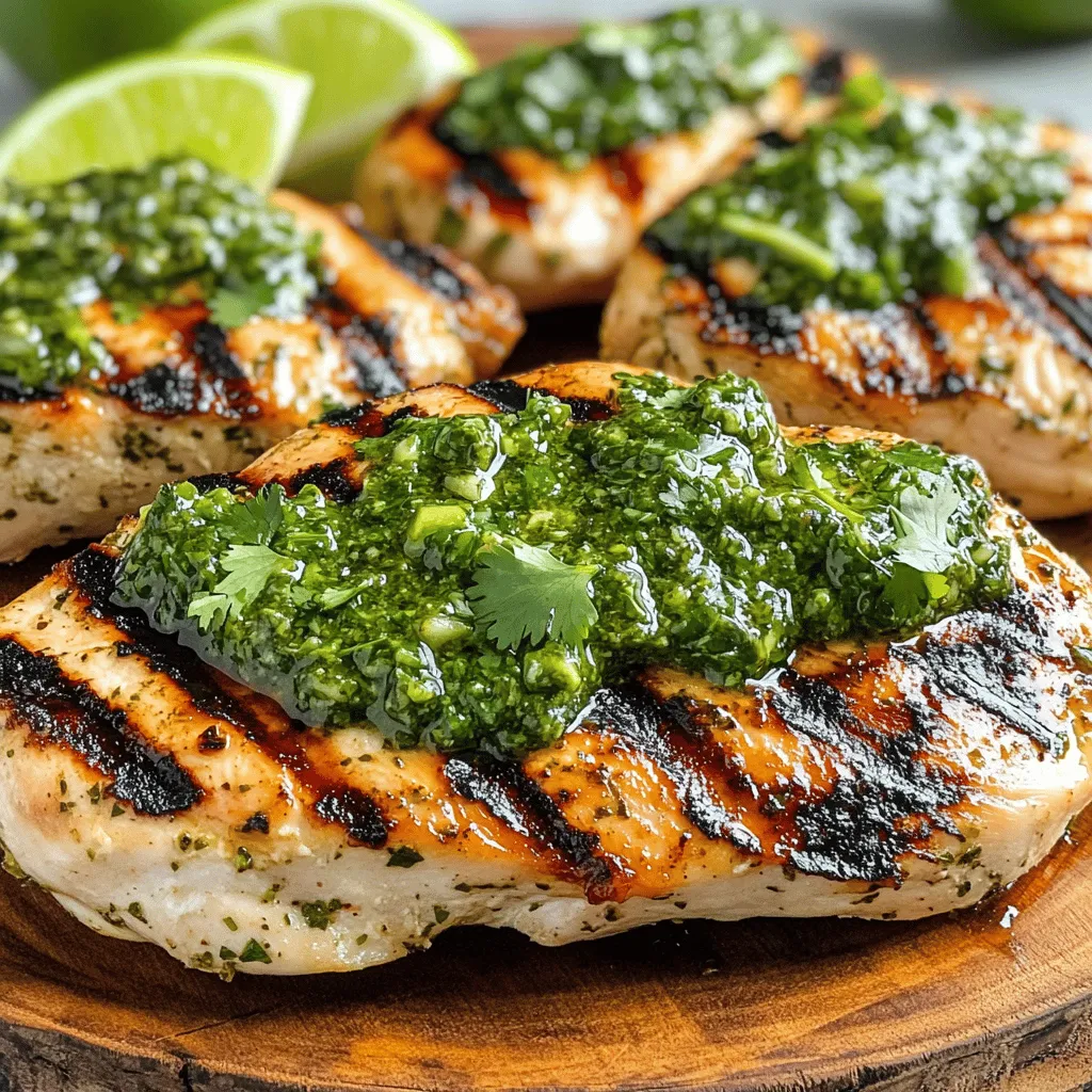 When making grilled chicken chimichurri, you need simple yet fresh ingredients. Here’s what you will need: - Chicken - 4 boneless, skinless chicken breasts - Chimichurri Sauce Ingredients - 1 cup fresh parsley, chopped - 1/2 cup fresh cilantro, chopped - 4 cloves garlic, minced - 1/2 cup olive oil - 2 tablespoons red wine vinegar (or apple cider vinegar) - 1 teaspoon dried oregano - 1/2 teaspoon red pepper flakes - Zest and juice of 1 lime - Seasoning - Salt and pepper to taste These ingredients come together to create a bright and flavorful dish. The chimichurri adds a fresh taste that enhances the grilled chicken. You can find the full recipe at the end of this section. To start, gather all your chimichurri ingredients. You will need: - 1 cup fresh parsley, chopped - 1/2 cup fresh cilantro, chopped - 4 cloves garlic, minced - 1/2 cup olive oil - 2 tablespoons red wine vinegar (or apple cider vinegar) - 1 teaspoon dried oregano - 1/2 teaspoon red pepper flakes - Salt and pepper to taste - Zest and juice of 1 lime In a bowl, combine the parsley, cilantro, garlic, olive oil, vinegar, oregano, red pepper flakes, lime zest, and lime juice. Mix them well. This blend gives the sauce a fresh taste. Add salt and pepper to your liking. Let the sauce marinate for at least 30 minutes. This waiting time helps the flavors mix well. While the chimichurri sauce is resting, it’s time to prepare the chicken. First, preheat your grill to medium-high heat. This step is key for great grill marks. Pat the chicken breasts dry with paper towels. This helps the seasoning stick better. Season both sides with salt and pepper. This simple step adds flavor. Now, it’s time to grill the chicken! Place the chicken breasts on the grill. Cook them for about 6-7 minutes on one side. Don’t move them around; let them get those nice grill marks. After that, flip the chicken over. Grill for another 6-7 minutes. Use a meat thermometer to check the temperature. It should reach 165°F (75°C) for safety. During the last minute of cooking, brush some chimichurri sauce on top of each chicken breast. This adds even more flavor. Once cooked, remove the chicken from the grill. Let it rest for 5 minutes before slicing. This resting time keeps the chicken juicy. Now you have a tasty grilled chicken chimichurri ready to serve! For the full recipe, check the link. To keep your chicken juicy, use a meat thermometer. Cook until it reaches 165°F (75°C). Also, let the chicken rest for a few minutes after grilling. This helps the juices stay inside. For perfect grill marks, place the chicken on the grill without moving it for the first few minutes. This creates those nice lines and adds flavor. To boost the flavor of your chimichurri, try adding fresh herbs like mint or basil. You can also mix in spices like cumin or smoked paprika for a twist. Marinate your chicken in the chimichurri for at least 30 minutes. This allows the flavors to meld and makes the chicken taste amazing. Pair your grilled chicken chimichurri with sides like rice, grilled veggies, or a fresh salad. These add color and balance to your meal. For presentation, slice the chicken and arrange it on a platter. Drizzle extra chimichurri on top and garnish with lime wedges for a pop of color. If you want the full details on how to make this dish, check out the Full Recipe. {{image_2}} You can swap chicken for steak or fish in this dish. Steak adds a rich flavor. Try grilling ribeye or flank steak. Fish like salmon or swordfish works well too. Just adjust cooking times. For a vegetarian twist, use grilled vegetables. Bell peppers, zucchini, and eggplant taste great. Marinate the veggies in chimichurri for extra flavor. Chimichurri isn't just green! Red chimichurri uses tomatoes or red peppers. Blend these with the usual herbs for a bold flavor. Want some heat? Add spicy peppers like jalapeños or serranos. This gives your chimichurri a kick. You can also mix in different herbs, like mint or basil, for unique tastes. These variations keep your meals exciting and new. For the full recipe, check out Grilled Chicken Chimichurri. To keep your leftover chicken fresh, store it in an airtight container. Make sure to let it cool down first. This helps to avoid moisture build-up. You can keep it in the fridge for up to three days. If you want to store it longer, consider freezing it. Wrap each piece in plastic wrap and place it in a freezer bag. This way, it stays safe for about three months. For reheating, you can use the oven or microwave. If using the oven, preheat it to 350°F (175°C) and heat chicken for about 15-20 minutes. If you use a microwave, heat it in short bursts, checking every minute. This way, the chicken won’t dry out. Chimichurri sauce can last in the fridge for up to one week. Store it in a glass jar with a tight lid. To keep it fresh, pour a thin layer of olive oil on top before sealing. This helps to prevent oxidation. If you want to keep it longer, you can freeze it. Pour the chimichurri sauce into ice cube trays. Once frozen, pop the cubes out and store them in a freezer bag. This method allows you to use small amounts at a time. You can defrost the sauce by placing it in the fridge overnight or warming it in a pan over low heat. Yes, you can use dried herbs, but fresh herbs taste better. Dried herbs have less flavor. If you use dried herbs, use less. Try one tablespoon of dried instead of a quarter cup of fresh. You can marinate the chicken for 30 minutes to 4 hours. This gives the chicken time to soak up the flavors. Longer marination can make the chicken very tasty. Avoid marinating for more than 24 hours. Chimichurri comes from Argentina. It is a popular sauce served with grilled meats. The sauce is a mix of herbs, garlic, vinegar, and oil. It adds a fresh and zesty taste to dishes. Yes, you can make chimichurri in advance. It stores well in the fridge for up to one week. The flavors even improve over time. Just cover it tightly in a jar or bowl. Yes, chimichurri sauce is gluten-free. It contains no wheat or gluten products. This makes it a great choice for people with gluten allergies. Enjoy it on grilled chicken or other dishes without worry. For the full recipe, check out the complete details on how to make grilled chicken chimichurri. In this post, we explored how to grill chicken with chimichurri sauce. We covered key ingredients, from chicken to chimichurri components. You learned step-by-step instructions for preparation, grilling, and serving. We shared tips to keep your chicken juicy and how to enhance chimichurri flavor. Lastly, we discussed variations and storage options for leftovers. Grilling with chimichurri is fun and tasty. You'll impress everyone with your skills and flavor choices. Enjoy your cooking and happy grilling!
