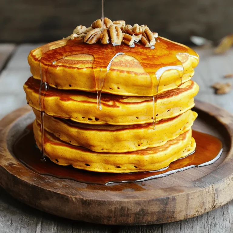 Pumpkin spice pancakes are fun to make and taste amazing. Here’s what you need: - 1 cup all-purpose flour - 1 tablespoon brown sugar - 1 teaspoon baking powder - 1/2 teaspoon baking soda - 1/2 teaspoon salt - 1 teaspoon pumpkin pie spice - 1 cup buttermilk (or milk with 1 tablespoon vinegar added) - 1/2 cup canned pumpkin puree - 1 large egg - 2 tablespoons melted butter - Maple syrup for serving Each ingredient plays a role in making these pancakes fluffy and flavorful. The flour gives the pancakes structure. The brown sugar adds sweetness and a hint of caramel flavor. Baking powder and baking soda help the pancakes rise. Salt brings out all the flavors. Pumpkin pie spice adds warmth and a hint of fall. Buttermilk makes them tender, while pumpkin puree keeps them moist. The egg binds everything together, and melted butter adds richness. For the best results, use fresh ingredients. They make a big difference in flavor. You can find canned pumpkin puree in any grocery store. If you want to make your own, just steam fresh pumpkin until soft, then mash it. With these ingredients ready, you're set to create delicious pumpkin spice pancakes. Don’t forget to check the full recipe for step-by-step instructions! In a large bowl, whisk together the following: - 1 cup all-purpose flour - 1 tablespoon brown sugar - 1 teaspoon baking powder - 1/2 teaspoon baking soda - 1/2 teaspoon salt - 1 teaspoon pumpkin pie spice This mix brings together sweet and warm flavors. The spices make the pancakes smell amazing. In another bowl, combine: - 1 cup buttermilk (or milk with 1 tablespoon vinegar added) - 1/2 cup canned pumpkin puree - 1 large egg - 2 tablespoons melted butter Mix until smooth. This step helps the pancakes stay moist and rich. Pour the wet mix into the dry mix. Gently stir until just combined. It's okay to see a few lumps. Overmixing can lead to tough pancakes. Preheat a non-stick skillet over medium heat. Lightly grease it with a bit of butter or oil. Pour about 1/4 cup of batter for each pancake onto the skillet. Cook for 2–3 minutes. Look for bubbles forming on the top. The edges should look set. Flip the pancakes and cook for another 2–3 minutes. They should be golden brown when done. Repeat with the remaining batter, keeping the cooked pancakes warm in a low oven if desired. Serve them warm with a generous drizzle of maple syrup. For the full recipe, check the above section. Enjoy these tasty treats! To get fluffy pancakes, do not overmix the batter. When you combine the wet and dry ingredients, stir gently. A few lumps are okay! If you mix too much, the pancakes might turn out tough. The key is to keep the batter light and airy. This helps each pancake rise well and stay soft. Cooking temperature matters a lot. I recommend a medium heat on your skillet or griddle. Too hot, and the outside burns before the inside cooks. Too low, and you’ll end up with soggy pancakes. A good test is to sprinkle a few drops of water on the skillet. If they dance and evaporate, the heat is just right. Presentation makes a big difference. Stack your pancakes high on a plate for a fun look. Drizzle warm maple syrup over the top to make them shine. For a final touch, sprinkle a little pumpkin pie spice on top. You can also add some chopped pecans or walnuts for extra crunch. This will make your pumpkin spice pancakes a feast for the eyes! {{image_2}} You can easily change up the flavor of your pumpkin spice pancakes. Adding chocolate chips makes them sweet and fun. Just fold in half a cup of chocolate chips into your batter. You can also add nuts for some crunch. Try walnuts or pecans for a great texture. This small change can turn your pancakes into a whole new treat. If you need gluten-free pancakes, you can swap out the all-purpose flour. Use a gluten-free flour blend instead. Look for blends that include xanthan gum for the best results. Almond flour or oat flour can also work. Each will give your pancakes a unique taste and texture that is still delicious. To make these pancakes vegan, you can replace the egg and milk easily. Use a flax egg instead. Mix one tablespoon of ground flaxseed with two and a half tablespoons of water. Let it sit for five minutes to thicken. For milk, almond milk or soy milk works well. These swaps keep the pancakes fluffy and tasty while being plant-based. For the full recipe, check out the [Full Recipe]. To keep your pumpkin spice pancakes fresh, store them in an airtight container. You can place parchment paper between pancakes to prevent sticking. If you want to keep them longer, freezing is a great option. Just wrap them in plastic wrap and then place them in a freezer bag. This way, they stay tasty for up to two months. When it's time to enjoy your leftovers, reheating is simple. The microwave is quick; just heat pancakes for about 20-30 seconds. If you want them crispy, use a skillet. Heat the skillet over medium heat and warm each pancake for about a minute on each side. This method keeps the texture nice and soft. Enjoy with warm maple syrup from the Full Recipe for the best taste! Yes, you can use fresh pumpkin. Just cook and puree it. Make sure to remove excess water. Fresh pumpkin adds great flavor. I love using it for a rich taste. To make fluffier pancakes, use baking powder and baking soda. Make sure your baking powder is fresh. Gently mix the batter; lumps are okay. Let the batter rest for a few minutes. This helps create air pockets for fluffiness. You can serve pumpkin spice pancakes with many sides. Try crispy bacon or sausage links. Fresh fruit like bananas or apples adds color and taste. Whipped cream or yogurt makes a great topping too. Maple syrup is a must, of course! Yes, pumpkin spice pancakes are great for meal prep. You can make a big batch and store them. Place them in an airtight container in the fridge. Reheat them in the toaster or microwave later. Enjoy a tasty breakfast any day! For the full recipe, check out the details above. You can create amazing pumpkin spice pancakes with simple ingredients and steps. We covered the right mix of dry and wet ingredients, cooking tips, and how to store leftovers. Remember, not overmixing is key to fluffy pancakes. Try some fun variations, like adding chocolate or making them vegan. Keep these tips in mind, and you’ll enjoy perfect pancakes every time. Get cooking and have fun with this delicious recipe!