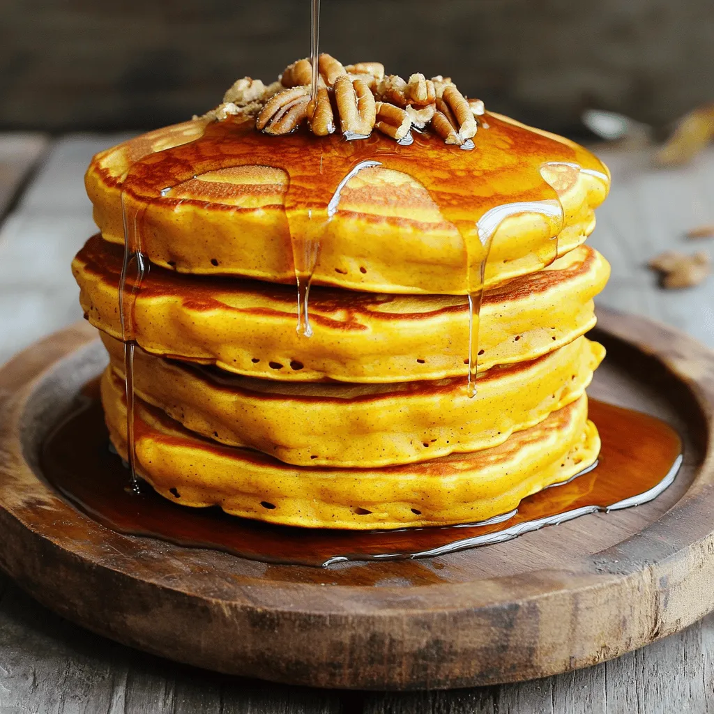 Pumpkin spice pancakes are fun to make and taste amazing. Here’s what you need: - 1 cup all-purpose flour - 1 tablespoon brown sugar - 1 teaspoon baking powder - 1/2 teaspoon baking soda - 1/2 teaspoon salt - 1 teaspoon pumpkin pie spice - 1 cup buttermilk (or milk with 1 tablespoon vinegar added) - 1/2 cup canned pumpkin puree - 1 large egg - 2 tablespoons melted butter - Maple syrup for serving Each ingredient plays a role in making these pancakes fluffy and flavorful. The flour gives the pancakes structure. The brown sugar adds sweetness and a hint of caramel flavor. Baking powder and baking soda help the pancakes rise. Salt brings out all the flavors. Pumpkin pie spice adds warmth and a hint of fall. Buttermilk makes them tender, while pumpkin puree keeps them moist. The egg binds everything together, and melted butter adds richness. For the best results, use fresh ingredients. They make a big difference in flavor. You can find canned pumpkin puree in any grocery store. If you want to make your own, just steam fresh pumpkin until soft, then mash it. With these ingredients ready, you're set to create delicious pumpkin spice pancakes. Don’t forget to check the full recipe for step-by-step instructions! In a large bowl, whisk together the following: - 1 cup all-purpose flour - 1 tablespoon brown sugar - 1 teaspoon baking powder - 1/2 teaspoon baking soda - 1/2 teaspoon salt - 1 teaspoon pumpkin pie spice This mix brings together sweet and warm flavors. The spices make the pancakes smell amazing. In another bowl, combine: - 1 cup buttermilk (or milk with 1 tablespoon vinegar added) - 1/2 cup canned pumpkin puree - 1 large egg - 2 tablespoons melted butter Mix until smooth. This step helps the pancakes stay moist and rich. Pour the wet mix into the dry mix. Gently stir until just combined. It's okay to see a few lumps. Overmixing can lead to tough pancakes. Preheat a non-stick skillet over medium heat. Lightly grease it with a bit of butter or oil. Pour about 1/4 cup of batter for each pancake onto the skillet. Cook for 2–3 minutes. Look for bubbles forming on the top. The edges should look set. Flip the pancakes and cook for another 2–3 minutes. They should be golden brown when done. Repeat with the remaining batter, keeping the cooked pancakes warm in a low oven if desired. Serve them warm with a generous drizzle of maple syrup. For the full recipe, check the above section. Enjoy these tasty treats! To get fluffy pancakes, do not overmix the batter. When you combine the wet and dry ingredients, stir gently. A few lumps are okay! If you mix too much, the pancakes might turn out tough. The key is to keep the batter light and airy. This helps each pancake rise well and stay soft. Cooking temperature matters a lot. I recommend a medium heat on your skillet or griddle. Too hot, and the outside burns before the inside cooks. Too low, and you’ll end up with soggy pancakes. A good test is to sprinkle a few drops of water on the skillet. If they dance and evaporate, the heat is just right. Presentation makes a big difference. Stack your pancakes high on a plate for a fun look. Drizzle warm maple syrup over the top to make them shine. For a final touch, sprinkle a little pumpkin pie spice on top. You can also add some chopped pecans or walnuts for extra crunch. This will make your pumpkin spice pancakes a feast for the eyes! {{image_2}} You can easily change up the flavor of your pumpkin spice pancakes. Adding chocolate chips makes them sweet and fun. Just fold in half a cup of chocolate chips into your batter. You can also add nuts for some crunch. Try walnuts or pecans for a great texture. This small change can turn your pancakes into a whole new treat. If you need gluten-free pancakes, you can swap out the all-purpose flour. Use a gluten-free flour blend instead. Look for blends that include xanthan gum for the best results. Almond flour or oat flour can also work. Each will give your pancakes a unique taste and texture that is still delicious. To make these pancakes vegan, you can replace the egg and milk easily. Use a flax egg instead. Mix one tablespoon of ground flaxseed with two and a half tablespoons of water. Let it sit for five minutes to thicken. For milk, almond milk or soy milk works well. These swaps keep the pancakes fluffy and tasty while being plant-based. For the full recipe, check out the [Full Recipe]. To keep your pumpkin spice pancakes fresh, store them in an airtight container. You can place parchment paper between pancakes to prevent sticking. If you want to keep them longer, freezing is a great option. Just wrap them in plastic wrap and then place them in a freezer bag. This way, they stay tasty for up to two months. When it's time to enjoy your leftovers, reheating is simple. The microwave is quick; just heat pancakes for about 20-30 seconds. If you want them crispy, use a skillet. Heat the skillet over medium heat and warm each pancake for about a minute on each side. This method keeps the texture nice and soft. Enjoy with warm maple syrup from the Full Recipe for the best taste! Yes, you can use fresh pumpkin. Just cook and puree it. Make sure to remove excess water. Fresh pumpkin adds great flavor. I love using it for a rich taste. To make fluffier pancakes, use baking powder and baking soda. Make sure your baking powder is fresh. Gently mix the batter; lumps are okay. Let the batter rest for a few minutes. This helps create air pockets for fluffiness. You can serve pumpkin spice pancakes with many sides. Try crispy bacon or sausage links. Fresh fruit like bananas or apples adds color and taste. Whipped cream or yogurt makes a great topping too. Maple syrup is a must, of course! Yes, pumpkin spice pancakes are great for meal prep. You can make a big batch and store them. Place them in an airtight container in the fridge. Reheat them in the toaster or microwave later. Enjoy a tasty breakfast any day! For the full recipe, check out the details above. You can create amazing pumpkin spice pancakes with simple ingredients and steps. We covered the right mix of dry and wet ingredients, cooking tips, and how to store leftovers. Remember, not overmixing is key to fluffy pancakes. Try some fun variations, like adding chocolate or making them vegan. Keep these tips in mind, and you’ll enjoy perfect pancakes every time. Get cooking and have fun with this delicious recipe!