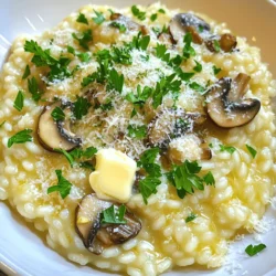 Key Ingredients for Garlic Butter Mushroom Risotto - 1 cup Arborio rice - 4 cups vegetable broth - 2 tablespoons unsalted butter - 2 tablespoons olive oil - 3 cloves garlic, minced - 1 small onion, finely chopped - 1 cup mushrooms (cremini or button), sliced - 1/2 cup grated Parmesan cheese - Salt and pepper to taste - Fresh parsley, chopped for garnish These ingredients create a rich and creamy risotto. Arborio rice is key for that perfect texture. It absorbs broth well, giving the dish its creamy quality. The mushrooms add a deep, earthy flavor. Garlic and onion bring out the best in each bite. Optional Ingredients for Flavor Enhancement - Fresh thyme or rosemary - Lemon zest for brightness - A splash of white wine - Additional cheese for richness Using these optional ingredients can boost the taste. Fresh herbs add a nice touch of aroma. Lemon zest lifts the flavors, making the dish bright and fresh. Equipment Needed for Preparation - Medium saucepan for warming broth - Large skillet for cooking risotto - Ladle for adding broth - Wooden spoon for stirring - Measuring cups and spoons Having the right tools makes cooking easier. A good skillet helps in even cooking. A wooden spoon is gentle on the rice, preventing it from breaking. You can find the full recipe [here](#). To make Garlic Butter Mushroom Risotto, follow these simple steps. 1. Overview of Cooking Stages First, heat your vegetable broth in a saucepan. Keep it warm on low heat. This is key. Next, in a large skillet, melt butter and olive oil. Then, add the onion and cook until soft. After that, stir in garlic and mushrooms. Let them cook until tender. Next, add the Arborio rice. Stir well to coat the rice. Finally, slowly add the broth, one ladle at a time. 2. Tips for Each Step - When you sauté the onion, don’t rush it. Let it turn soft and clear. - Stir the garlic in for just a minute. This brings out its flavor without burning. - When you add mushrooms, let them cook until their liquid is gone. This helps avoid a watery risotto. - Be patient with the broth. Wait until it is mostly gone before adding more. This helps the rice absorb flavors. 3. Importance of Stirring and Broth Temperature Stirring is very important in risotto. It helps the rice release starch, making it creamy. Keep the broth warm. If it’s cold, the cooking process slows down. You want a nice, creamy texture, not mushy rice. Remember, risotto should have a slight bite, or al dente, when done. Follow these steps, and you'll make a delicious Garlic Butter Mushroom Risotto that impresses everyone. For the complete recipe, visit the [Full Recipe]. Common Mistakes to Avoid One big mistake is adding too much broth at once. Always add it a ladle at a time. This helps the rice absorb the flavors. Another mistake is not stirring enough. Stirring keeps the rice creamy and prevents clumping. Don’t skip the resting time after cooking. Letting the risotto sit helps it thicken. How to Achieve the Creamy Texture To get that creamy texture, use Arborio rice. This rice has a high starch content, which is key. Stirring releases the starches as you cook. Add the broth slowly and keep stirring. The heat should be medium, not too high. This balance prevents the rice from cooking too fast. Timing and Temperature Control Timing is vital in making risotto. Start with the broth on low heat. This keeps it warm but not boiling. When you add the rice, the skillet should be at medium heat. This helps the rice cook evenly. Keep stirring for about 18-20 minutes. Taste the rice to check for doneness. For more detailed steps, check out the Full Recipe. {{image_2}} Adding Proteins: Chicken or Shrimp You can easily add proteins to your risotto. Chicken or shrimp works great. To add chicken, use cooked and shredded chicken. Stir it in during the last few minutes of cooking. For shrimp, add raw shrimp when you add the rice. Cook until the shrimp turn pink. This makes the dish heartier and more filling. Vegetarian and Vegan Adaptations If you want a vegetarian dish, skip the cheese or use a plant-based cheese. You can also use vegetable broth to keep it vegan. Adding more veggies like spinach, peas, or bell peppers can boost nutrition and flavor. Just toss them in with the mushrooms for a colorful twist. Flavor Variations: Herbs and Spices Herbs and spices can change the flavor profile of your risotto. Try adding thyme or rosemary for an earthy taste. You can also add a pinch of red pepper flakes for heat. Fresh herbs like basil or chives work well as a garnish, too. Experiment with flavors that excite you! For the full recipe and more ideas, check out the Full Recipe. To store your garlic butter mushroom risotto, follow these easy steps: - Refrigeration and Freezing Guidelines: Place your risotto in an airtight container. It will stay fresh in the fridge for up to three days. If you want to keep it longer, freeze it in portions. It lasts up to three months in the freezer. Just make sure to let it cool before sealing. - Reheating Techniques for Best Results: For the best taste when reheating, add a splash of broth or water. This helps restore moisture. Heat it gently on the stove over low heat, stirring often. You can also use the microwave. Just cover it with a damp paper towel to keep it from drying out. - Shelf Life of the Dish: If stored properly, your risotto will taste great for three days in the fridge. In the freezer, it can remain tasty for three months. Always check for any changes in smell or texture before eating leftovers. For the full recipe, check the Garlic Butter Mushroom Risotto section above. What is the best type of rice for risotto? The best type of rice for risotto is Arborio rice. This rice has a high starch content. It gives risotto its creamy texture. Arborio rice cooks evenly and absorbs flavors well. Other good choices include Carnaroli and Vialone Nano. Can I use white wine in the recipe? Yes, you can use white wine in this recipe. Adding white wine gives the dish more depth. Use a dry white wine for the best flavor. Add the wine after cooking the onions and garlic. Allow it to cook off before adding the broth. How do I make risotto without stirring constantly? To make risotto without stirring constantly, use the oven method. Preheat your oven to 400°F (200°C). Sauté the onions and garlic, then add the rice and broth. Cover the pot and place it in the oven. This allows the rice to cook evenly with less stirring. Nutritional Information and Serving Suggestions Garlic Butter Mushroom Risotto serves about four people. Each serving has around 350 calories. It contains healthy fats from olive oil and butter. The mushrooms add fiber and nutrients. Serve with a side salad or garlic bread for a complete meal. For the full recipe, check out the section above. This blog post covered everything you need to know for making garlic butter mushroom risotto. We discussed key ingredients, cooking steps, and tips to avoid mistakes. You learned about variations and storage methods, too. Remember, risotto is all about patience and the right technique. With practice, you'll create a creamy and delicious dish. Enjoy cooking and making this meal your own!