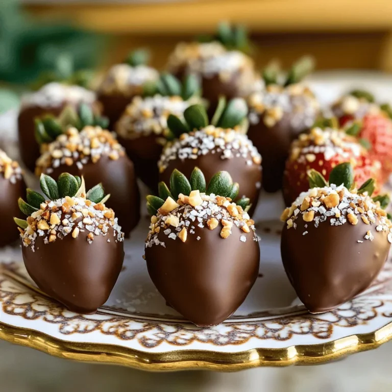 - 1 lb fresh strawberries, hulled - 1 cup dairy-free dark chocolate chips - 1 tablespoon coconut oil - 1 teaspoon vanilla extract - Sea salt for sprinkling - Shredded coconut or crushed nuts for decoration These ingredients make the magic happen! The fresh strawberries bring a sweet, juicy taste. They are the star of the show. The dairy-free dark chocolate chips will melt to create a rich coating. Adding coconut oil helps the chocolate get smooth. It makes it easy to dip. The vanilla extract adds a hint of flavor. You can get creative with the optional add-ons. A sprinkle of sea salt gives a nice contrast. It balances the sweetness. Shredded coconut adds a tropical twist. Crushed nuts add a crunchy texture. Each choice enhances the taste. For the full recipe, check out the Vegan Chocolate Covered Strawberries section. You will find all you need to make this delightful treat! To start, wash the strawberries gently under cool running water. Make sure to hold them by the green tops. After rinsing, pat them dry with a paper towel. This step is very important because if the strawberries are wet, the chocolate won’t stick well. You want them completely dry before dipping. This will help create a smooth coating. Now, let’s melt the chocolate. In a microwave-safe bowl, add the dairy-free dark chocolate chips and coconut oil. Microwave this mixture on high for 30 seconds. After that, take it out and stir. Repeat this process until the chocolate melts smoothly. Stirring between intervals stops the chocolate from overheating. Overheating may cause the chocolate to seize and become unusable. Once your chocolate is melted, it’s time to dip. Take each strawberry and dip it into the chocolate. Swirl it around so it gets a good coating. Allow any extra chocolate to drip off back into the bowl. Place the coated strawberries on a parchment-lined baking sheet to cool. This will keep your work area clean and help avoid a mess. You can also sprinkle sea salt on them right after dipping for a nice touch. If you want, roll them in shredded coconut or crushed nuts for a crunchy finish. For the full experience, follow the [Full Recipe]. To make sure the chocolate sticks well, dry the strawberries thoroughly. Any moisture will stop the chocolate from adhering. I suggest using a paper towel to pat them dry. This way, you get a nice, even coat of chocolate. For a smoother consistency, mix in coconut oil with the chocolate. It helps the chocolate melt evenly. This tip makes your chocolate shiny and easy to work with. You can add other flavors to the chocolate for a twist. Try mixing in a bit of peppermint extract or almond extract. Both can add a fun surprise to the taste. To get a sweet and salty balance, sprinkle sea salt on the chocolate right after dipping. This enhances the flavor and makes each bite special. You can also roll the strawberries in shredded coconut or crushed nuts for extra flavor and texture. When you arrange the chocolate-covered strawberries, use a decorative platter. It makes your treat look inviting. You can also drizzle extra melted chocolate on top for a beautiful design. For extra flair, dust with sifted cocoa powder or sprinkle some crushed nuts. These small details make your strawberries stand out, perfect for any gathering. Enjoy making your Vegan Chocolate Covered Strawberries Delightfully Easy with these tips! Want the full recipe? Check out the Full Recipe to get started! {{image_2}} You can change the chocolate you use for fun flavors. Try white chocolate chips for a sweet twist. You could also use milk chocolate for a creamy taste, or ruby chocolate for something unique. Mix your chocolate with other fruits too. Dipping bananas or pineapple chunks in chocolate tastes great. You can also add toppings like crushed nuts or sprinkles for a fun crunch. If you need nut-free options, use pumpkin seeds instead of nuts. For soy-free alternatives, look for chocolate made without soy. You can even skip the coconut oil. Use a little water instead to help melt the chocolate. This way, you keep it smooth without any added fats. Seasonal fruits can add a special touch. In summer, use juicy peaches or ripe cherries. In fall, think about adding a sprinkle of cinnamon or using apples. For garnishing, you can use fresh mint leaves for a pop of color. They look pretty and add a fresh taste to your dish. Use these ideas to create a fun treat for any party or occasion. For the full recipe, check out the earlier section. To store chocolate-covered strawberries, keep them in the fridge. Use an airtight container to keep them fresh. Avoid stacking them, as they may stick together. Place parchment paper between layers if needed. This helps prevent them from getting soggy. Keep them away from moisture to maintain their crispness. When stored correctly, chocolate-covered strawberries last up to three days. They taste best fresh, so enjoy them soon after making. You can freeze them, but the texture may change. To freeze, place them in a single layer on a baking sheet. Once frozen, transfer them to a freezer bag. When thawing, do it slowly in the fridge. This helps avoid excess moisture. For the best flavor, serve chocolate-covered strawberries cold. This enhances their taste and makes them refreshing. Arrange them on a decorative platter for parties. Drizzle extra melted chocolate on top for a fun touch. You can also sprinkle coconut or nuts for added flair. These treats are perfect for gatherings or as a sweet gift. Yes, you can make vegan chocolate-covered strawberries ahead of time. To keep their taste and look, follow these tips: - Choose ripe strawberries: Pick fresh strawberries that are not overripe. This keeps them firm and tasty. - Store properly: Place the strawberries in an airtight container. This helps avoid moisture that can make them soggy. - Keep cool: Store them in the fridge. The coolness keeps the chocolate firm and the berries fresh. - Timing: Aim to eat them within two days. This ensures you enjoy them at their best. For vegan chocolate-covered strawberries, look for dairy-free chocolate. Here are some great options: - Brands: Try brands like Enjoy Life, Hu Chocolate, or Pascha. These brands focus on quality and taste. - Chocolate types: Dark chocolate works best due to its rich flavor. You can also use baking chocolate or chips. - Sweetness level: Choose chocolate that matches your taste. You might like semi-sweet or bittersweet for a strong flavor. To keep your chocolate coating neat, use these tips: - Dry strawberries well: Make sure your strawberries are completely dry. Any water will make the chocolate slide off. - Use a dipping tool: A fork or skewer helps you dip without getting too messy. It also makes it easy to lift and shake off excess. - Work quickly: Dip each strawberry and place it on parchment paper fast. This helps the chocolate set before it can drip. - Chill before dipping: If strawberries are cold, the chocolate will set faster and stay intact. In this post, I shared how to make delicious chocolate-covered strawberries. We covered the best fresh ingredients, tips for melting chocolate, and effective dipping techniques. I also provided fun variations and storage tips to keep them tasty. Remember, you can customize this treat with different chocolates and toppings. Enjoy these easy steps to create a sweet snack for any event. With practice, you'll impress everyone with your tasty treats. Dive in and try making them yourself!