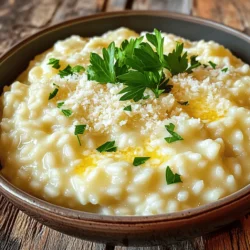 To make creamy garlic Parmesan risotto, you will need: - 1 cup Arborio rice - 4 cups vegetable broth - 1 cup finely chopped onion - 2 cloves garlic, minced - 1 cup grated Parmesan cheese - 2 tablespoons olive oil - 2 tablespoons unsalted butter - Salt and pepper to taste - Fresh parsley, chopped for garnish For this recipe, gather these items: - A large, heavy-bottomed skillet - A saucepan - A wooden spoon or spatula - A ladle - A cutting board and knife To make your dish even more special, you can add: - Extra grated Parmesan cheese - Lemon zest for a fresh twist - Toasted pine nuts for crunch - Sliced green onions for color This list covers all the essentials you'll need for a perfect creamy garlic Parmesan risotto. If you want to explore the full recipe and get all the steps in detail, check out the Full Recipe. Start by heating the vegetable broth in a saucepan. Use medium heat until it simmers. Keep it warm on the stove. This step is key. Warm broth helps rice cook evenly and absorb flavors better. In a large, heavy skillet, heat the olive oil and one tablespoon of butter. Use medium heat for this. Add the finely chopped onion. Cook it until it looks clear, about five minutes. Then, stir in the minced garlic. Cook for one to two minutes more. Watch it closely. You don't want the garlic to brown. Now, add the Arborio rice to the skillet. This rice is special for risotto. Toast it for two to three minutes, stirring often. You want it to look a bit clear around the edges. This step adds flavor to the dish. Next, it’s time to add the warm broth. Use a ladle for this. Pour in one ladle at a time. Stir often and wait until most of the liquid is gone before adding more. Keep doing this for about 18 to 20 minutes. The rice should be creamy and slightly firm. When the rice is done, take the skillet off the heat. Stir in the last tablespoon of butter and the grated Parmesan cheese. Mix well until everything is creamy. Taste it and add salt and pepper if needed. Let it sit for a minute. This helps the flavors come together. Serve it hot, and don't forget to garnish with fresh parsley for a lovely touch. For the full recipe, check out the detailed instructions. To achieve that perfect creamy texture in your risotto, use Arborio rice. This rice has a high starch content. As you cook it, the starch releases and makes the dish creamy. Stirring often helps release more starch, which enhances the creaminess. I like to add the broth slowly. This method allows the rice to absorb the liquid fully. Keep the broth warm on the stove, as cold broth can shock the rice and ruin the texture. Start by toasting the Arborio rice briefly in olive oil and butter. This step adds a nice nutty flavor. Stir the rice constantly to avoid burning it. When adding broth, use a ladle and let the rice absorb most of the liquid before adding more. This slow process ensures even cooking. You can also add the cheese and butter off the heat. This keeps the risotto creamy and helps the flavors meld beautifully. One common mistake is adding too much broth at once. This causes the rice to cook unevenly and can ruin the creamy texture. Another mistake is not stirring enough. Stirring helps release the starch and create creaminess. Be careful not to overcook the rice; it should be al dente, with a slight bite. Lastly, avoid using pre-grated cheese. Freshly grated Parmesan melts better and adds more flavor to your risotto. For the complete recipe, check out the Full Recipe above. {{image_2}} For a rich twist, add mushrooms. Use any type you like. Chop them up and sauté with the onion. The mushrooms will soak up the garlic flavor. This addition makes the risotto creamy and earthy. I love using cremini or shiitake mushrooms. They add a nice depth to the dish. For a fresh and vibrant option, try spinach and peas. Add fresh spinach at the end of cooking. It wilts quickly and keeps its bright color. Toss in frozen peas for extra sweetness. They blend well with the creamy texture of the risotto. This variation is not just colorful; it’s also packed with nutrients. Want to make it heartier? Add protein like chicken or shrimp. Cook the chicken separately and mix it in at the end. For shrimp, sauté them until pink and add them just before serving. This gives a nice contrast to the creamy risotto. You can even use cooked sausage or tofu for a different flavor. Explore these variations to make your creamy garlic parmesan risotto unique. For more ideas, check out the Full Recipe. To store leftover risotto, first let it cool. Place it in an airtight container. This keeps moisture in and prevents drying. You can store it in the fridge for up to three days. If you want to keep it longer, freezing is an option. When reheating risotto, add a splash of broth or water. This helps bring back the creamy texture. Heat it gently in a pot over low heat. Stir often to ensure even heating. You can also use a microwave, but be careful not to overcook it. Stir halfway through to warm it evenly. Yes, you can freeze risotto. Use a freezer-safe container and fill it, leaving some space for expansion. Risotto can be frozen for up to two months. When ready to eat, thaw it in the fridge overnight. Reheat as mentioned above for the best taste. Follow the [Full Recipe] to enjoy this creamy dish, and remember these storage tips for the best leftovers! The best rice for risotto is Arborio rice. This rice is short-grain and has high starch content. As you cook it, Arborio rice releases starch. This starch creates that creamy texture we love in risotto. Other good options include Carnaroli and Vialone Nano. These types also have great absorbency and flavor. Yes, you can make risotto vegan! To do this, simply replace the butter and cheese. Use olive oil instead of butter. For cheese, try nutritional yeast or a vegan cheese. Also, make sure the broth is vegetable-based. This way, you keep the rich flavor while making it plant-based. You know risotto is done when it is creamy and slightly firm. The rice should be al dente, which means it has a little bite. Taste a small spoonful to check. If it’s soft but still has a slight chew, it’s ready. The risotto should flow on the plate but hold its shape. If your risotto is overcooked, it can become mushy. To fix this, add a bit of broth or water. Stir gently to rehydrate the rice. You can also mix in some fresh herbs or lemon juice. This adds flavor and brightness. If it’s too far gone, consider using it in a soup or as a filling for stuffed peppers or vegetables. For the full recipe of Creamy Garlic Parmesan Risotto, check out the earlier sections! This blog post covered everything you need to make risotto. We discussed the key ingredients, the right tools, and how to prepare your dish step by step. I shared tips for perfect texture and variations to try. We also explored how to store and reheat your risotto. Now you are ready to create your own tasty risotto. With practice, you'll make a dish that impresses everyone. Enjoy experimenting with flavors and textures when you cook!