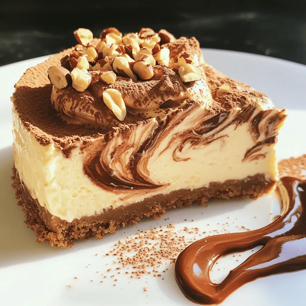To make this no-bake Nutella cheesecake, you will need: - 200g digestive biscuits, crushed - 100g unsalted butter, melted - 400g cream cheese, softened - 250g Nutella - 100g powdered sugar - 1 teaspoon vanilla extract - 250ml heavy cream - 50g hazelnuts, chopped (for garnish) - Cocoa powder (for dusting) Measuring your ingredients correctly is key. Use a kitchen scale for accuracy. For dry ingredients, like the biscuits and sugar, spoon them into your measuring cup and level off with a knife. For liquids, use a clear liquid measuring cup. Always check the measurements twice. This will help you get the best results. You can swap out some ingredients if needed. For the digestive biscuits, try graham crackers or oreo cookies for a twist. If you want a dairy-free option, use vegan cream cheese and coconut cream. You can also use maple syrup or honey instead of powdered sugar for sweetness. This makes the recipe flexible and easy to adapt. Making a no-bake Nutella cheesecake is easy and fun. You will create a delicious treat in just a few simple steps. The process involves making a biscuit base, mixing the creamy filling, and chilling the cheesecake to set. 1. Start with the biscuit base. In a mixing bowl, combine 200g of crushed digestive biscuits and 100g of melted unsalted butter. Stir until the mixture looks like wet sand. 2. Press the biscuit mix into the bottom of a springform cake tin. Make it firm and even. Place the tin in the refrigerator to set while you prepare the filling. 3. Next, make the filling. In a new bowl, beat 400g of softened cream cheese until smooth. Add 250g of Nutella, 100g of powdered sugar, and 1 teaspoon of vanilla extract. Mix until it’s creamy and well combined. 4. Now, whip 250ml of heavy cream in another bowl. Whip until soft peaks form. Gently fold this whipped cream into the Nutella mixture. Be careful to keep it light and airy. 5. Pour the creamy filling over your biscuit base. Use a spatula to smooth the top. Cover the tin with plastic wrap. Refrigerate for at least 4 hours, or overnight if you can wait. 6. After chilling, carefully remove the cheesecake from the springform tin. Dust the top with cocoa powder and sprinkle with 50g of chopped hazelnuts. This adds crunch and looks great. - Make sure to press the biscuit base firmly. This helps keep the cheesecake together. - When folding in the whipped cream, use a gentle hand. This keeps your filling light and fluffy. - Chill the cheesecake for the best texture. The longer it chills, the better it sets. - For a finishing touch, serve each slice with a drizzle of extra Nutella and a whole hazelnut on the side. Now you have all the steps to create a no-bake Nutella cheesecake. Enjoy this creamy dessert delight! For the full recipe, check out the section above. To get the best texture for your No Bake Nutella Cheesecake, make sure your cream cheese is soft. If it’s too cold, it won’t mix well. I suggest leaving it out for about 30 minutes before you start. When you mix, do it gently. This keeps the air in the whipped cream. Air makes it light and fluffy. One common mistake is rushing the chilling time. If you take it out too soon, it won’t set right. I recommend letting it chill overnight for the best results. Also, avoid overmixing the cheesecake filling. If you mix too hard, it can lose its lightness. Lastly, don’t skip the cocoa powder dusting. It adds a nice touch and balances the sweetness. For a stunning presentation, use simple decorations. You can drizzle some Nutella on top before serving. Sprinkle chopped hazelnuts for crunch and beauty. You can also add a dusting of cocoa powder. For an elegant look, serve slices on nice plates. Add a whole hazelnut or two beside each slice for charm. These little details make your cheesecake look professional and inviting. For the complete recipe, check out the Full Recipe. {{image_2}} You can play with flavors in your No Bake Nutella Cheesecake. Adding vanilla brings a sweet note. Just a teaspoon of vanilla extract can enhance the taste. If you like coffee, mix in some espresso powder. This gives a rich depth. A hint of sea salt can also brighten the flavors. Always taste as you go to find what you love best. To make it gluten-free, swap the digestive biscuits for gluten-free cookies. Many brands offer tasty options. You can also use ground almonds or oats. Just be sure to check the labels. Make sure the nut butter you use is also gluten-free. This way, everyone can enjoy a slice without worry. When serving, think about presentation. Slices look great on nice plates. Drizzle extra Nutella on the side for a treat. You can add whole hazelnuts for crunch and flair. Dusting cocoa powder on top adds a touch of elegance. For an added twist, serve with fresh berries or whipped cream. These little details make your dessert even more special. For the full recipe, check out the earlier section. To keep your No Bake Nutella Cheesecake fresh, cover it tightly with plastic wrap. You can also use an airtight container. Store it in the refrigerator. This will keep your cheesecake creamy and delicious. Enjoy it within three days for the best taste. You can freeze this cheesecake if you want to save some for later. First, let it chill completely in the fridge. Then, wrap it well in plastic wrap. Place the wrapped cheesecake in a freezer-safe container. It will stay good for up to three months. When you’re ready to eat it, let it thaw in the fridge overnight. This cheesecake tastes best in the first few days. After that, it can still be good for a week in the fridge. Check for any changes in smell or texture before eating. If it looks good and smells fresh, it’s safe to enjoy. Following these storage tips will help you savor every creamy bite of your No Bake Nutella Cheesecake. For the full details, see the [Full Recipe]. Yes, you can. Cream cheese gives a rich and smooth texture. You can try mascarpone for a lighter feel. Ricotta also works, but it may change the texture slightly. Adjust the sugar if you use ricotta because it is less sweet. Your cheesecake should chill for at least four hours. However, overnight is best for a perfect set. This gives the flavors time to blend well. A longer chill helps the cheesecake firm up nicely, making it easier to slice. If you want a different flavor, try peanut butter or almond butter. You can also use chocolate spread without hazelnuts. For a fruity twist, consider using a berry jam instead. Each option will change the taste, but they can still be delicious. This blog post covered key points for making a great cheesecake. We reviewed essential ingredients and how to measure them. You learned the best steps to prepare and assemble it perfectly. I shared tips for texture and common mistakes to avoid. We explored fun variations and storage advice to keep your cheesecake fresh. In closing, these tips can help you create a delicious dessert. Enjoy your cheesecake-making journey!