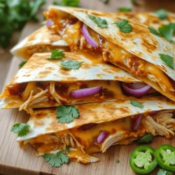 To make BBQ chicken quesadillas, you need these main ingredients: - 2 cups cooked chicken, shredded - 1/2 cup BBQ sauce (your favorite brand) - 1 cup shredded Monterey Jack cheese - 1 cup shredded sharp cheddar cheese - 4 large flour tortillas - 1 small red onion, thinly sliced - 1/2 cup fresh cilantro, chopped - Cooking spray or olive oil for frying These items create a tasty, filling meal that pleases everyone. The chicken and BBQ sauce blend well, giving a sweet and smoky flavor. The cheese melts nicely, making each bite creamy. You can add some optional ingredients to boost the taste. Here are some great ideas: - Sliced jalapeños for extra spice - Avocado slices for creaminess - Black beans for added texture and nutrition Using these extras can make your quesadillas unique. If you are missing some ingredients, don't worry! Here are some easy swaps: - Use rotisserie chicken instead of cooking your own - Swap BBQ sauce for a spicy sauce if you like heat - Try different cheeses like pepper jack or gouda These substitutions keep the recipe flexible and still delicious. If you want the full recipe, check out the link! To start, grab 2 cups of cooked chicken. Shred the chicken into small pieces. In a mixing bowl, add the shredded chicken and 1/2 cup of your favorite BBQ sauce. Mix well until the chicken is coated. This will give your quesadillas that tasty BBQ flavor. Next, heat a large skillet over medium heat. Lightly spray it with cooking spray or drizzle a bit of olive oil. Place one large tortilla in the skillet. On one half, sprinkle 1/2 cup of Monterey Jack cheese and 1/2 cup of sharp cheddar cheese. Next, spread half of the BBQ chicken mixture over the cheese. Add some thin slices of red onion and half of the chopped cilantro on top. Now, sprinkle the remaining cheese over everything. Fold the tortilla in half. Cook for 3-4 minutes on each side until the tortilla is golden brown and the cheese melts. Repeat this with the rest of the tortillas and filling. After cooking, let the quesadillas cool for a minute. Cut them into wedges to serve. For a nice touch, garnish with the leftover cilantro. If you like spicy, add sliced jalapeños on the side. Serve these delicious quesadillas with extra BBQ sauce for dipping. You can find the Full Recipe for more details. Enjoy your tasty BBQ chicken quesadillas! To get that golden brown quesadilla, heat your skillet well. Use medium heat for even cooking. A bit of oil or cooking spray helps too. Cook each side for about 3-4 minutes. Flip carefully to keep the filling inside. When done, the cheese should melt and the tortilla should be crispy. Want more flavor? Add seasonings to your chicken mix. Try smoked paprika or garlic powder for a kick. A pinch of salt and pepper can also boost the taste. If you like heat, add some cayenne pepper. Fresh herbs like cilantro brighten up the dish too. Use these tips to make your quesadillas stand out. For cooking, I recommend a good non-stick skillet. It makes flipping easier and prevents sticking. A spatula with a flat edge is great for lifting the quesadilla. If you have a griddle, that works well too. Always keep your tools clean for the best results. Follow these tips for a tasty BBQ chicken quesadilla from the Full Recipe! {{image_2}} You can easily make vegetarian BBQ quesadillas. Instead of chicken, use black beans or grilled veggies. Bell peppers, zucchini, and corn work well. Mix these with BBQ sauce for great flavor. Add cheese for that creamy touch. This option is tasty and filling without meat. Cheese makes quesadillas rich and melty. You can try many cheese types. Use pepper jack for a spicy kick. Gouda adds a smoky flavor, while mozzarella gives a stretchy texture. Mix different cheeses for a unique taste. Experiment and find your favorite combo. Want some heat? Add sliced jalapeños to the BBQ chicken mix. You can also use a spicy BBQ sauce. This will bring a zesty punch. For extra spice, sprinkle red pepper flakes on top before cooking. Your taste buds will thank you for this fiery twist. Remember, for the full recipe, check out the Full Recipe section. To keep your leftover BBQ chicken quesadillas fresh, place them in an airtight container. You can also wrap them in plastic wrap. Make sure to let them cool down to room temperature before storing. This helps keep them from getting soggy. Store the quesadillas in the fridge for up to three days. When you're ready to enjoy your leftover quesadillas, you can reheat them easily. Use a skillet for the best results. Heat the skillet over medium heat and add a little oil. Place the quesadilla in the skillet and cook for about three minutes on each side. This will give you a crispy texture. You can also use a microwave, but the quesadilla may become soft. Heat it in the microwave for about 30 seconds or until warm. If you want to save some quesadillas for later, freezing is a great option. First, let them cool completely. Then, wrap each quesadilla tightly in plastic wrap. Place them in a freezer-safe bag or container. This way, they won't stick together. You can freeze them for up to three months. When you’re ready to eat, thaw them in the fridge overnight before reheating. This keeps them tasty and ready to enjoy! For more details, check the Full Recipe. The best chicken for BBQ chicken quesadillas is cooked and shredded chicken. Use rotisserie chicken for the quickest option. You can also grill or bake chicken breasts for a healthier choice. Just make sure to season it well for extra flavor. Shredded chicken mixes well with BBQ sauce, making it juicy and tasty. Yes, you can make BBQ chicken quesadillas in the oven. Preheat your oven to 400°F (200°C). Place the filled tortillas on a baking sheet. Bake them for about 10 minutes, flipping halfway through. This method gives you a crispy texture without frying. Just keep an eye on them to prevent burning. You can easily customize BBQ chicken quesadillas to fit dietary needs. For a gluten-free version, use corn tortillas. If you want a lighter meal, swap out cheese for a vegan option or use less cheese. To make it vegetarian, use grilled veggies or tofu instead of chicken. Always check labels on sauces for hidden allergens. For the full recipe, check out the BBQ Chicken Quesadillas section! You learned how to make BBQ chicken quesadillas with great flavors and easy steps. We covered key ingredients, cooking methods, and cool tips for the best results. Don’t forget to try different cheeses or make them vegetarian for variety. Storing and reheating them is simple, too. Enjoy making this dish your own! These delicious quesadillas will surely please anyone. Get creative and enjoy every bite.