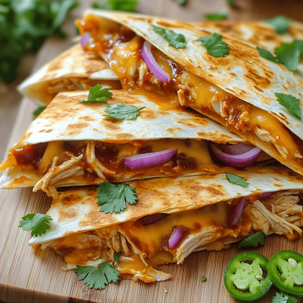 To make BBQ chicken quesadillas, you need these main ingredients: - 2 cups cooked chicken, shredded - 1/2 cup BBQ sauce (your favorite brand) - 1 cup shredded Monterey Jack cheese - 1 cup shredded sharp cheddar cheese - 4 large flour tortillas - 1 small red onion, thinly sliced - 1/2 cup fresh cilantro, chopped - Cooking spray or olive oil for frying These items create a tasty, filling meal that pleases everyone. The chicken and BBQ sauce blend well, giving a sweet and smoky flavor. The cheese melts nicely, making each bite creamy. You can add some optional ingredients to boost the taste. Here are some great ideas: - Sliced jalapeños for extra spice - Avocado slices for creaminess - Black beans for added texture and nutrition Using these extras can make your quesadillas unique. If you are missing some ingredients, don't worry! Here are some easy swaps: - Use rotisserie chicken instead of cooking your own - Swap BBQ sauce for a spicy sauce if you like heat - Try different cheeses like pepper jack or gouda These substitutions keep the recipe flexible and still delicious. If you want the full recipe, check out the link! To start, grab 2 cups of cooked chicken. Shred the chicken into small pieces. In a mixing bowl, add the shredded chicken and 1/2 cup of your favorite BBQ sauce. Mix well until the chicken is coated. This will give your quesadillas that tasty BBQ flavor. Next, heat a large skillet over medium heat. Lightly spray it with cooking spray or drizzle a bit of olive oil. Place one large tortilla in the skillet. On one half, sprinkle 1/2 cup of Monterey Jack cheese and 1/2 cup of sharp cheddar cheese. Next, spread half of the BBQ chicken mixture over the cheese. Add some thin slices of red onion and half of the chopped cilantro on top. Now, sprinkle the remaining cheese over everything. Fold the tortilla in half. Cook for 3-4 minutes on each side until the tortilla is golden brown and the cheese melts. Repeat this with the rest of the tortillas and filling. After cooking, let the quesadillas cool for a minute. Cut them into wedges to serve. For a nice touch, garnish with the leftover cilantro. If you like spicy, add sliced jalapeños on the side. Serve these delicious quesadillas with extra BBQ sauce for dipping. You can find the Full Recipe for more details. Enjoy your tasty BBQ chicken quesadillas! To get that golden brown quesadilla, heat your skillet well. Use medium heat for even cooking. A bit of oil or cooking spray helps too. Cook each side for about 3-4 minutes. Flip carefully to keep the filling inside. When done, the cheese should melt and the tortilla should be crispy. Want more flavor? Add seasonings to your chicken mix. Try smoked paprika or garlic powder for a kick. A pinch of salt and pepper can also boost the taste. If you like heat, add some cayenne pepper. Fresh herbs like cilantro brighten up the dish too. Use these tips to make your quesadillas stand out. For cooking, I recommend a good non-stick skillet. It makes flipping easier and prevents sticking. A spatula with a flat edge is great for lifting the quesadilla. If you have a griddle, that works well too. Always keep your tools clean for the best results. Follow these tips for a tasty BBQ chicken quesadilla from the Full Recipe! {{image_2}} You can easily make vegetarian BBQ quesadillas. Instead of chicken, use black beans or grilled veggies. Bell peppers, zucchini, and corn work well. Mix these with BBQ sauce for great flavor. Add cheese for that creamy touch. This option is tasty and filling without meat. Cheese makes quesadillas rich and melty. You can try many cheese types. Use pepper jack for a spicy kick. Gouda adds a smoky flavor, while mozzarella gives a stretchy texture. Mix different cheeses for a unique taste. Experiment and find your favorite combo. Want some heat? Add sliced jalapeños to the BBQ chicken mix. You can also use a spicy BBQ sauce. This will bring a zesty punch. For extra spice, sprinkle red pepper flakes on top before cooking. Your taste buds will thank you for this fiery twist. Remember, for the full recipe, check out the Full Recipe section. To keep your leftover BBQ chicken quesadillas fresh, place them in an airtight container. You can also wrap them in plastic wrap. Make sure to let them cool down to room temperature before storing. This helps keep them from getting soggy. Store the quesadillas in the fridge for up to three days. When you're ready to enjoy your leftover quesadillas, you can reheat them easily. Use a skillet for the best results. Heat the skillet over medium heat and add a little oil. Place the quesadilla in the skillet and cook for about three minutes on each side. This will give you a crispy texture. You can also use a microwave, but the quesadilla may become soft. Heat it in the microwave for about 30 seconds or until warm. If you want to save some quesadillas for later, freezing is a great option. First, let them cool completely. Then, wrap each quesadilla tightly in plastic wrap. Place them in a freezer-safe bag or container. This way, they won't stick together. You can freeze them for up to three months. When you’re ready to eat, thaw them in the fridge overnight before reheating. This keeps them tasty and ready to enjoy! For more details, check the Full Recipe. The best chicken for BBQ chicken quesadillas is cooked and shredded chicken. Use rotisserie chicken for the quickest option. You can also grill or bake chicken breasts for a healthier choice. Just make sure to season it well for extra flavor. Shredded chicken mixes well with BBQ sauce, making it juicy and tasty. Yes, you can make BBQ chicken quesadillas in the oven. Preheat your oven to 400°F (200°C). Place the filled tortillas on a baking sheet. Bake them for about 10 minutes, flipping halfway through. This method gives you a crispy texture without frying. Just keep an eye on them to prevent burning. You can easily customize BBQ chicken quesadillas to fit dietary needs. For a gluten-free version, use corn tortillas. If you want a lighter meal, swap out cheese for a vegan option or use less cheese. To make it vegetarian, use grilled veggies or tofu instead of chicken. Always check labels on sauces for hidden allergens. For the full recipe, check out the BBQ Chicken Quesadillas section! You learned how to make BBQ chicken quesadillas with great flavors and easy steps. We covered key ingredients, cooking methods, and cool tips for the best results. Don’t forget to try different cheeses or make them vegetarian for variety. Storing and reheating them is simple, too. Enjoy making this dish your own! These delicious quesadillas will surely please anyone. Get creative and enjoy every bite.