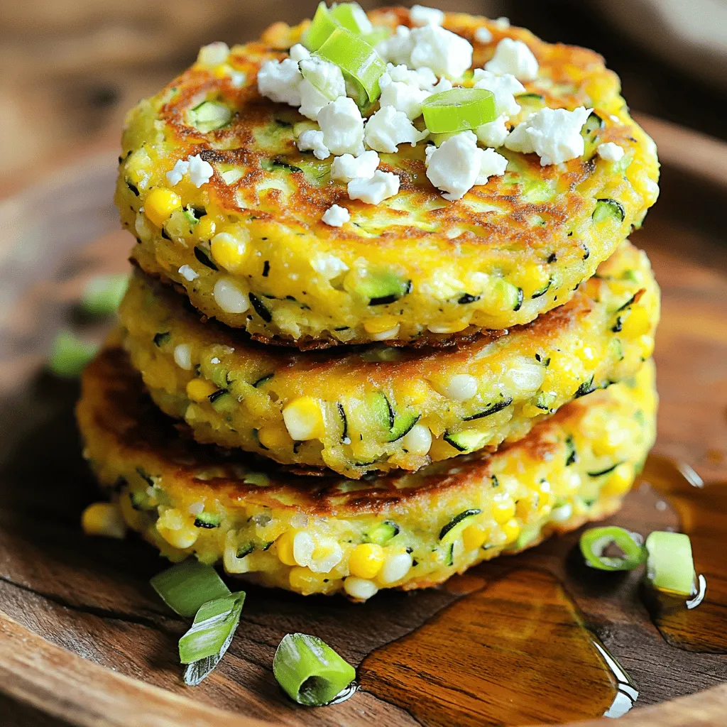 - 2 medium zucchinis, grated - 1 cup sweet corn kernels (fresh or frozen) - 1/2 cup all-purpose flour - 1/2 cup cornmeal The main ingredients are key to making these zucchini corn cakes tasty. Zucchini adds moisture and flavor. It is also low in calories. Sweet corn gives a sweet crunch. Flour and cornmeal help bind the mix. Together, they create a delicious cake. - 1/4 cup green onions, finely chopped - 1/4 cup feta cheese, crumbled (optional) - Seasoning options: salt, pepper, garlic powder, smoked paprika You can add optional ingredients for extra flavor. Green onions provide a mild onion taste. Feta cheese adds a creamy, tangy kick. You can also play with spices. Garlic powder and smoked paprika give a warm, smoky flavor. - Box grater - Non-stick skillet - Mixing bowls Having the right tools makes cooking easier. A box grater helps you grate the zucchini quickly. A non-stick skillet prevents sticking and makes flipping easy. Mixing bowls allow you to combine all the ingredients smoothly. For the full details, check the Full Recipe. Start by grating the zucchinis using a box grater. This method helps break them down nicely. Once you have a bowl full of grated zucchini, place it in a clean kitchen towel. Squeeze out the extra moisture. This step is key! Removing moisture helps the cakes stay crispy. If you skip this, the cakes may turn soggy. In a large mixing bowl, combine the grated zucchini, sweet corn, flour, cornmeal, and chopped green onions. Mix them well. In another bowl, beat the eggs and pour them into the vegetable mix. Stir until everything is blended. Now, add baking powder, garlic powder, and smoked paprika. Don’t forget to add salt and pepper to taste. If you want a creamy touch, fold in the crumbled feta cheese. This will give your cakes a tasty kick. Heat a non-stick skillet over medium heat. Add a drizzle of olive oil to the pan. Once the oil is hot, drop spoonfuls of the batter onto the skillet. Flatten them slightly with the back of the spoon. Cook for about 3-4 minutes on each side. Look for that golden brown color and crispy edges. When they’re done, remove them from the skillet and place them on paper towels to drain any excess oil. Repeat this with the rest of the batter, adding more olive oil as needed. Enjoy these tasty treats! For the full recipe, refer to the instructions above. To get crispy zucchini corn cakes, moisture removal is key. Zucchini holds a lot of water. After grating the zucchini, place it in a clean kitchen towel. Squeeze it firmly to remove excess liquid. This step helps your cakes brown nicely. If you skip this step, your cakes may turn soggy. Adding spices and herbs can boost the taste of your cakes. I love using garlic powder and smoked paprika. These spices give a warm and savory flavor. You can also try adding fresh herbs like parsley or cilantro. Just chop them finely and mix them in. This simple step makes a big difference in flavor. Pair your zucchini corn cakes with tasty dips or sides. A dollop of sour cream or Greek yogurt works great. You can also serve them with salsa for a zesty kick. If you want something lighter, a fresh salad makes a good match. These cakes can be a fun snack or a light meal. To see the full recipe, check out the [Full Recipe]. {{image_2}} If you want to make these zucchini corn cakes gluten-free, simply swap out the all-purpose flour. You can use gluten-free all-purpose flour or almond flour instead. Both options work well and give great texture. You can add other veggies to these cakes for more flavor and nutrition. Try grated carrots or chopped bell peppers. Spinach also works nicely here. Just make sure to squeeze out any extra moisture, especially if you use leafy greens. This keeps the cakes from becoming soggy and helps them hold their shape. Experimenting with spices can take your zucchini corn cakes to the next level. You might try adding cumin for a warm, earthy taste. If you love heat, a pinch of cayenne pepper or chili powder will do the trick. Fresh herbs, like cilantro or parsley, can brighten up the flavor. Don't be afraid to get creative! Each twist adds a unique touch and makes the dish your own. For the full details, check out the Full Recipe. To store leftovers, let the zucchini corn cakes cool completely. Place them in an airtight container. You can keep them in the fridge for up to 3 days. If you want to keep them fresh longer, separate layers with parchment paper. This helps prevent sticking. For freezing, make sure the cakes are fully cool. Wrap each cake in plastic wrap. Then, place them in a freezer-safe bag. You can freeze them for up to 2 months. When you want to eat them, just take out the number you need. To reheat, you can use the oven or a skillet. If using the oven, preheat to 350°F (175°C). Place the cakes on a baking sheet for about 10 minutes. For the skillet, heat it over medium. Add a small amount of oil and cook each side for about 2-3 minutes. This keeps the cakes crispy and tasty. Enjoy your delicious zucchini corn cakes! You can find the full recipe above. You can use peas or diced bell peppers. Both add nice flavor and color. Peas give a sweet taste, while bell peppers add crunch. If you're looking for a different texture, try using grated carrots. They work well with zucchini. Just adjust the amount in the recipe to keep the balance right. Yes, you can bake them! Preheat your oven to 400°F (200°C). Line a baking sheet with parchment paper. Drop spoonfuls of the batter onto the sheet. Flatten them just like in the frying method. Bake for 20-25 minutes, flipping halfway. Look for a golden color on both sides. This method cuts down on oil but still gives a tasty result. Look for a golden brown color on both sides. The edges should be crispy. You can also poke a cake with a fork. If it comes out clean, they are ready. If they feel soft or wet, cook them a bit longer. Enjoy them fresh for the best flavor! For the full recipe, check out the Zesty Zucchini Corn Cakes section. Zucchini corn cakes are easy and fun to make. We covered all the important steps, from gathering ingredients to cooking. You learned about choosing flavors and keeping them crispy. Remember, you can swap ingredients or try different spices. Proper storage keeps your cakes fresh for later. Now, you are ready to enjoy these tasty cakes any time. Dive into the kitchen and make your own delicious zucchini corn cakes!