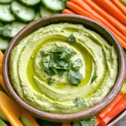 - 2 ripe avocados - 1 can (15 oz) white beans (cannellini or navy), drained and rinsed - 2 tablespoons tahini - 2 tablespoons lemon juice - 1 garlic clove, minced - 1/4 teaspoon ground cumin - Salt and pepper to taste - 2 tablespoons fresh cilantro, chopped (for garnish) - Olive oil (for drizzling) Selecting ripe avocados When choosing avocados, look for ones that yield slightly when you press them. They should feel soft but not mushy. Dark green skin often means they are ripe. Choosing high-quality tahini For tahini, pick one that is smooth and creamy. Check for natural ingredients, like just sesame seeds. It should not have added oils or preservatives. This dip combines creamy avocados and white beans for a smooth texture. You can enjoy it with veggies or chips. For the full recipe, check out the instructions in the sections below! - Cut the avocados in half. - Remove the pit and scoop the flesh into a bowl. - Rinse the white beans under cold water. - Drain them well to avoid extra moisture. - Use a food processor for a smooth, creamy dip. - Add the avocados and white beans to the processor. - Include tahini, lemon juice, minced garlic, and cumin. - Blend until everything is mixed well. - If the dip is thick, add a tablespoon of water. - Blend again until you reach your desired creaminess. - Transfer the dip to a serving bowl. - Smooth the top with a spatula for a nice finish. - Drizzle some olive oil over the dip. - Garnish with fresh cilantro for color. - Serve with carrot sticks, cucumber slices, and pita chips. - This dip pairs well with crunchy veggies for a fun snack. For the full recipe, you can refer back to the ingredients and steps mentioned above. To boost the taste, you can add spices or fresh herbs. A pinch of smoked paprika or cayenne pepper adds a nice kick. Fresh herbs like basil or parsley can brighten the dip. Adjusting the garlic can change the flavor too. If you love garlic, add more. If you prefer a milder dip, use less. For a smooth texture, blending is key. Use a food processor for the best results. If you don’t have one, a hand blender works too. If your dip turns out too thick, add a bit of water. Blend until it reaches the creaminess you want. If it’s chunky, blend longer. For a fun presentation, serve the dip in a colorful bowl. Drizzle olive oil on top for a shiny look. You can garnish with fresh cilantro for a pop of green. Serve it with colorful veggies like carrots, cucumbers, and bell peppers. Pita chips add a nice crunch. If you have leftovers, store them in an airtight container. Keep it in the fridge for up to three days. You can also use leftover dip in a sandwich or wrap. This way, nothing goes to waste! For the full recipe, check out the recipe section! {{image_2}} You can make this dip even more fun! Try a spicy avocado and white bean dip. Add chopped jalapeños or a dash of cayenne pepper. This will give your dip a nice kick. If you want to add more color and flavor, mix in roasted vegetables. Roasted red peppers or zucchini work well. These add a sweet touch and make the dip even creamier. Want to make the dip vegan-friendly? It already is! All the ingredients are plant-based. You can enjoy it without any worries. If you need gluten-free options, serve it with fresh veggies or gluten-free chips. This way, everyone can enjoy the dip, no matter their diet. If you have a big party, you can easily scale the recipe. Just double or triple the ingredients. This means more dip for everyone! For smaller gatherings, make individual servings. Use small cups or jars for fun packaging. People love having their own little dips to enjoy! To keep your creamy avocado and white bean dip fresh, store it in an airtight container. This prevents air from getting in and causing browning. You can also press plastic wrap directly onto the dip's surface before sealing the container. If you want to save some for later, freezing is a great option. Use a freezer-safe container, leaving some space for expansion as it freezes. In the fridge, this dip lasts about 3 to 5 days. Always keep an eye out for signs of spoilage. If you see brown spots or notice a sour smell, it’s time to toss it. Fresh ingredients like avocado can spoil quickly, so enjoy it while it’s fresh! If your dip thickens after storage, just blend in a bit of water or lemon juice to refresh it. You can also use leftovers in other meals. Try spreading it on sandwiches or mixing it into salads for a creamy twist. It’s a tasty way to add flavor without wasting any food! For the full recipe, check back on how to make this delicious dip. - Can I use other beans instead of white beans? Yes, you can use other beans. Black beans or chickpeas work well too. They add different flavors and textures. Just remember to drain and rinse them, just like the white beans. - What can I substitute for tahini? If you need a tahini substitute, try peanut butter or sunflower seed butter. Both options give a nice creaminess. You can also use Greek yogurt for a tangy twist. - How do I make the dip spicier? To add heat, mix in diced jalapeños or a pinch of cayenne pepper. Start with a small amount. You can always add more if you want more spice. - Is this dip suitable for meal prep? Yes, this dip is great for meal prep. Store it in an airtight container in the fridge. It stays fresh for about three days. Just stir it well before serving. - What are the best foods to serve with this dip? Pair this dip with fresh veggies like carrot sticks, cucumber slices, and bell pepper strips. Pita chips add a nice crunch too. You can even spread it on toast for a tasty snack. - Can this dip be served warm? This dip tastes best cold, but you can warm it slightly if you prefer. Just be careful not to overheat it. Enjoy it as a warm spread on sandwiches or wraps. For the full recipe, check out the details above! This blog post covered making a creamy avocado and white bean dip. We went through ingredients, step-by-step instructions, and storage tips. I shared ways to enhance flavor and variations for different diets. This dip is easy to make, delicious, and versatile. You can enjoy it as a snack or a party dish. Experimenting with ingredients will make it even more fun. Try it out and enjoy your creation!