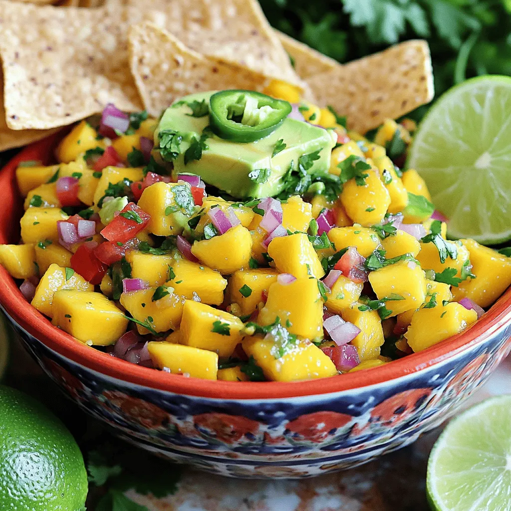 - Ripe mangoes: Choose two ripe mangoes. They should be soft to the touch. A sweet, juicy mango brings the best flavor. - Fresh herbs and spices: Use fresh cilantro for a bright taste. Add ground cumin for warmth and depth. - Optional ingredients for variation: You can add a diced avocado for creaminess. If you like it hot, include more jalapeño. These ingredients create a colorful and tasty salsa. Each component adds its own flair. You can adjust the heat and flavor to suit your taste. For the full recipe, check out the details above. Enjoy making this vibrant dish! 1. Dicing and chopping instructions To start, grab your ripe mangoes. Slice them in half and remove the pit. Then, score the flesh in a grid pattern. Use a spoon to scoop out the cubes. Next, finely chop the red onion and dice the red bell pepper. Slice the jalapeño in half, remove the seeds, and mince it finely. 2. Mixing the ingredients In a medium-sized mixing bowl, combine the diced mangoes, chopped onion, diced bell pepper, and minced jalapeño. Add in the chopped cilantro for a fresh taste. Squeeze the juice of two limes over the mix to add brightness. Drizzle in the olive oil and sprinkle the ground cumin. Season with salt to taste. 3. Letting the flavors meld Gently toss everything together until it’s well mixed. Cover the bowl with plastic wrap. Place it in the fridge for at least 30 minutes. This lets all the flavors blend together. The longer it sits, the better it tastes. Enjoy this fresh and zesty dish! For the full recipe, check out the details above. To make your spicy mango salsa pop, consider these easy tips. First, you can swap out mangoes with peaches or nectarines. This gives you a sweet twist. If you want more heat, add another jalapeño or a dash of hot sauce. Remember to taste as you go! Choosing the right mango is key. Look for ripe ones that feel soft but not mushy. They should smell sweet near the stem. The best mangoes make your salsa burst with flavor. Serving your salsa in a colorful bowl makes it more inviting. Pair it with crispy tortilla chips for a fun snack. You can also serve it on fish tacos or grilled chicken. For garnishing, sprinkle some extra cilantro on top. Add lime wedges for a splash of color. This makes your dish look fresh and appetizing. Check out the Full Recipe for more ideas on how to serve this tasty salsa! {{image_2}} You can add fun flavors to your spicy mango salsa. Try adding pineapple or kiwi for a bright taste. These fruits pair well with mango. They bring a sweet and tart zing. Chop them into small pieces and mix them in with the mango. You can also experiment with different peppers. Use a green bell pepper for a milder taste. If you like more heat, try using a serrano pepper. Each pepper adds its own unique kick. Want a creamier salsa? Incorporate avocado for a rich texture. Dice the avocado and gently fold it into the salsa. This makes the salsa smooth and delightful. Another creamy option is using Greek yogurt. It adds a nice tang and helps balance the spice. Stir a few spoonfuls into the salsa for a luscious touch. These variations will make your spicy mango salsa unique and delicious. For the full recipe, check out the Zesty Spicy Mango Salsa. Enjoy trying these ideas! To keep your spicy mango salsa fresh, store it in an airtight container. Make sure it is sealed tightly. Place it in the fridge right after making it. This keeps the flavors bright and tasty. If you want to freeze it, use a freezer-safe container. Leave some space at the top for expansion. You can freeze the salsa for up to three months. Just remember that the texture may change after thawing. In the fridge, your spicy mango salsa lasts about three to five days. Always check for freshness before serving. If it looks slimy or smells off, it’s time to toss it out. Signs of spoilage include: - Change in color - Unpleasant smell - Molding on the surface Keeping an eye on these signs helps you enjoy your salsa at its best. For the full recipe, check back to make sure you have all the ingredients ready for your next batch! Can I make spicy mango salsa ahead of time? Yes, you can make spicy mango salsa ahead of time. It actually tastes better after sitting for a while. Just cover it and store it in the fridge. Let it chill for at least 30 minutes. This gives the flavors time to mix. What can I serve with spicy mango salsa? You can serve spicy mango salsa with many dishes. It pairs well with grilled chicken or fish. It also goes great with tacos or burritos. Don't forget tortilla chips for dipping. You can even add it to salads for a fresh twist. How can I adjust the spiciness? To adjust the spiciness, you can change the jalapeño amount. If you want it milder, use less jalapeño or remove the seeds. For more heat, add more minced jalapeño or use a hotter pepper. Taste as you go to find your perfect level. Caloric content per serving Each serving of spicy mango salsa has about 80 calories. This makes it a healthy choice for snacks or meals. Breakdown of ingredients and nutritional benefits - Mangoes: Full of vitamins A and C, they help your immune system. - Red onion: Good for heart health and adds flavor. - Red bell pepper: High in antioxidants and vitamin C. - Jalapeño: Contains capsaicin, which may boost metabolism. - Cilantro: Offers vitamins and adds freshness. - Lime juice: Provides vitamin C and enhances flavor. - Olive oil: A healthy fat that’s good for your heart. - Ground cumin: Adds flavor and may aid digestion. This salsa not only tastes great but also brings many health benefits to your meal. For the complete recipe, check out the Full Recipe. Spicy mango salsa is easy to make and fun to share. We explored key ingredients, like ripe mangoes and fresh herbs, to build great flavor. You can add your touch with variations, like tropical fruits or creamy options. Remember to store it properly to enjoy it longer. With the right tips, your salsa will shine at any gathering. Get ready to impress your friends with your salsa skills. You now have the tools to make a fresh, tasty salsa that everyone will love. Enjoy the process and the flavors!