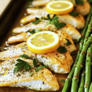 - 4 tilapia fillets - 1 bunch of fresh asparagus, trimmed - 2 tablespoons olive oil - 2 lemons (1 for slicing, 1 for juice) - 3 cloves garlic, minced - 1 teaspoon dried oregano - 1 teaspoon dried thyme - Salt and pepper to taste - Fresh parsley for garnish Gathering the right ingredients makes cooking easier and more fun. You'll need fresh tilapia fillets. This fish is mild and flaky, making it perfect for baking. Asparagus adds a bright crunch and is packed with nutrients. Olive oil brings richness and helps the herbs stick to the fish. Lemons add a zesty brightness. You’ll squeeze one for juice and slice the other for topping. Minced garlic gives a punch of flavor. Dried oregano and thyme enhance the dish with earthy notes. Lastly, salt and pepper balance everything out. A sprinkle of fresh parsley on top gives a lovely pop of color. You can find all these ingredients easily at your local grocery store. For the full recipe, check out the provided link. 1. Preheat your oven Start by setting your oven to 400°F (200°C). This temperature helps the fish cook evenly. 2. Arrange asparagus on the baking sheet Take a large baking sheet and spread the trimmed asparagus in a single layer. Drizzle 1 tablespoon of olive oil over the asparagus. Season with salt and pepper. Toss them around to coat well. 3. Prepare the herb mixture In a small bowl, mix the remaining olive oil, lemon juice, minced garlic, dried oregano, dried thyme, salt, and pepper. Whisk it together until you combine all the flavors. 1. Position tilapia on the baking sheet Next, place the tilapia fillets on the baking sheet among the asparagus. Make sure they have space to cook properly. 2. Drizzle the herb mixture over the fish Generously drizzle the herb mixture over each fillet. This will add flavor and keep the fish moist. 3. Add lemon slices before baking Slice the remaining lemon into thin rounds. Place a few slices on top of each tilapia fillet. The lemon will brighten the dish. 1. Bake duration and temperature Bake the dish in the preheated oven for 15-20 minutes. You want the fish to become flaky and the asparagus to be tender. 2. Checking for doneness To check if the tilapia is done, use a fork. If it flakes easily, it is ready. The asparagus should also be bright green and tender. This simple recipe, which you can follow in the Full Recipe, provides a tasty and healthy dish that showcases the lovely balance of lemon and herbs. For the best flakiness, bake tilapia for 15 to 20 minutes. Check it with a fork. The fish is done when it flakes easily. To make tender asparagus, don't overcook it. Bake it alongside the tilapia. It will cook just right in the same time. When serving, use a large platter. Layer the tilapia over the asparagus. This makes the dish look inviting. Add lemon slices and parsley on top for color. For side dishes, consider a light salad or some rice. Both go well with the fish and veggies. You can swap herbs for a new twist. Try basil or dill instead of oregano and thyme. Each herb brings its own flavor. If you like spice, add red pepper flakes. They give a nice kick to the dish. You can also use a bit of paprika for warmth. For the full recipe, check out the earlier section. Enjoy your cooking adventure! {{image_2}} You can switch the tilapia for other fish, like salmon or cod. Salmon adds a rich flavor. Cod is milder and flaky. Both work well with lemon and herbs. If you want a vegetarian option, consider using tofu or portobello mushrooms. They absorb flavors nicely and are satisfying. Asparagus pairs well with many veggies. Try adding bell peppers, zucchini, or cherry tomatoes. These veggies add color and nutrients. Adjust cooking time to ensure even cooking. For softer veggies, you might bake for less time. For heartier options, add a few extra minutes. You can play with the flavors in this dish. For a sweet twist, add honey or maple syrup to the herb mix. This balance of sweet and savory adds depth. You can also use different citrus fruits. Try lime or orange for a new taste. Each fruit changes the dish's character. To keep your Baked Lemon Herb Tilapia fresh, store leftovers in the fridge. Place the fish and asparagus in an airtight container. This helps to lock in moisture and flavor. Enjoy your meal within three days for the best taste. If using a shallow dish, cover it tightly with plastic wrap or foil. This method is easy and effective for keeping your food fresh. You can freeze Baked Lemon Herb Tilapia if you want to save it for later. First, let the dish cool completely. Then, wrap each fillet tightly in plastic wrap. Place them in a freezer-safe bag or container. Squeeze out as much air as you can before sealing. This helps prevent freezer burn. You can freeze it for up to three months. To thaw, move the tilapia to the fridge overnight. For quick thawing, place the sealed bag in cold water. Once thawed, reheat it in the oven at 350°F (175°C) for about 10-15 minutes. Ensure it reaches an internal temperature of 145°F (63°C) before serving. Enjoy your delicious meal again! How long do you bake tilapia? You should bake tilapia for 15 to 20 minutes. The fish should flake easily with a fork. This ensures it cooks through without drying out. Can I use frozen tilapia fillets? Yes, you can use frozen tilapia fillets. Just thaw them first. You can place them in the fridge overnight or run them under cold water. This helps them cook evenly and keeps them moist. Calorie count and macronutrient breakdown A serving of Baked Lemon Herb Tilapia has about 200 calories. It contains 25 grams of protein, 10 grams of fat, and 0 grams of carbs. This dish is light and packed with nutrients. Health benefits of tilapia and asparagus Tilapia is a great source of lean protein and omega-3 fatty acids. Asparagus is rich in vitamins A, C, E, and K. It also provides fiber, which helps with digestion. Together, they make a healthy meal. What to serve with Baked Lemon Herb Tilapia? You can serve this dish with rice or a fresh salad. Quinoa also pairs well. These sides add texture and keep the meal light. Can I make this recipe ahead of time? Yes, you can prep the tilapia and asparagus a day before. Just keep them in the fridge. When ready to cook, just follow the baking steps from the Full Recipe. This blog post covered a simple and tasty way to make Baked Lemon Herb Tilapia. You learned about the key ingredients, step-by-step instructions, and helpful tips. I shared variations and storage methods, ensuring you have all the details to succeed. Cooking should be fun and rewarding. Try this dish for a healthy meal. You’ll impress your family and friends with this easy recipe. Enjoy every bite!