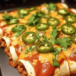 - 1 lb ground beef - 1 cup chopped onion - 2 cloves garlic, minced - 1 tablespoon chili powder - 1 teaspoon cumin - 1 teaspoon salt - 1/2 teaspoon black pepper - 8 large corn tortillas - 2 cups shredded cheese (cheddar and Monterey Jack mix) - 2 cups red enchilada sauce (store-bought or homemade) - Fresh cilantro, for garnish Using quality ingredients is key. Fresh ground beef brings rich flavor. Fresh onions and garlic add depth. Spices like chili powder and cumin give warmth. Corn tortillas should be soft and pliable. Cheese should melt perfectly, making each bite creamy. The enchilada sauce ties it all together. Store-bought is easy, but homemade can be more flavorful. For extra flavor, consider these popular toppings: - Sour cream - Sliced jalapeños - Fresh cilantro Sour cream adds creaminess. Jalapeños bring heat, perfect for spice lovers. Fresh cilantro gives a bright finish. Feel free to mix and match toppings. They can take your beef enchiladas to the next level! First, preheat your oven to 375°F (190°C). This step is key for even baking. Next, clear and clean your cooking space. It helps to have everything ready before you start. When cooking ground beef, use medium heat. Break the meat apart with a spatula. Cook it until it turns brown and crumbly. Drain any extra fat to keep the dish light. Start by adding chopped onion and minced garlic to the skillet. Cook them until the onion turns clear, about five minutes. This adds great flavor to your beef. Next, mix in chili powder, cumin, salt, and black pepper. These spices give your filling a nice kick. Let the mixture simmer for two to three minutes. This lets the flavors blend well together. Now it's time to work with the tortillas. Warm them in a dry pan for about 30 seconds on each side. This makes them soft and easy to roll. Lay a tortilla flat and place about 1/4 cup of the beef mixture in the center. Sprinkle some cheese on top. Roll the tortilla tightly and place it seam-side down in a greased baking dish. Repeat this for all the tortillas. After all your enchiladas are in the dish, pour the red enchilada sauce evenly over the top. Make sure to cover each one. Then, sprinkle the remaining cheese over the sauce. Cover the dish with aluminum foil and bake for 20 minutes. Remove the foil and bake for another 10 to 15 minutes. You want the cheese to be bubbly and slightly golden. Your delicious meal is now ready to enjoy. For the full recipe, check out the instructions above! To get the best flavor in your beef enchiladas, adjust the spice levels to your taste. If you want more heat, add more chili powder or some diced jalapeños to the filling. For a milder dish, reduce the chili powder or use sweet paprika. Making homemade enchilada sauce is a great way to enhance your dish. Start with canned tomatoes, garlic, and spices. Blend them together until smooth. Simmer it on low heat to deepen the flavors. This sauce can add a personal touch to your enchiladas. One common mistake is using soggy tortillas. To avoid this, warm your corn tortillas before filling them. This makes them soft and easy to roll without breaking. You can heat them in a dry pan for about 30 seconds per side. Another mistake is overfilling the tortillas. Use about 1/4 cup of filling per tortilla. If you add too much, they can burst while baking. Keep them snug but not stuffed. This will help your enchiladas hold their shape and bake evenly. {{image_2}} You can switch the ground beef for other proteins. Chicken works great in enchiladas. Simply cook shredded chicken with the same spices. For a meatless option, use beans. Black beans or pinto beans add protein and fiber. Mix cooked beans with spices for an easy filling. These options allow everyone to enjoy this dish. Red sauce gives enchiladas a classic taste. But green sauce is a fun twist. Green sauce is made from tomatillos and can be zesty. If you want a creamier sauce, try adding sour cream. Mix it into your red or green sauce for a richer flavor. This adds a nice texture and taste. Enchiladas pair well with many side dishes. Mexican rice and refried beans are popular choices. A fresh salad with lime dressing adds brightness. For drinks, try serving with a light beer. A margarita also complements the flavors nicely. These pairings enhance your meal and make it special. For the complete cooking experience, check out the Full Recipe. To keep your beef enchiladas fresh, store them in an airtight container. Place a layer of plastic wrap over the top to prevent air from getting in. Beef enchiladas stay fresh in the fridge for about 3 to 4 days. If you want them to last longer, consider freezing them. For the best taste and texture, reheat your enchiladas in the oven. Preheat the oven to 350°F (175°C). Place the enchiladas in a baking dish and cover them with foil. Heat for about 15-20 minutes. This keeps the tortillas soft. If you use the microwave, add a splash of water on top. Cover with a damp paper towel. This helps keep them moist and prevents drying out. Enjoy your tasty leftovers! You can use several alternatives for ground beef. Here are some options: - Ground turkey: A leaner choice that still tastes great. - Ground chicken: Another lean option with a mild flavor. - Black beans: For a vegetarian twist, mash or blend them. - Lentils: Cooked lentils add protein and texture. - Tofu: Crumbled firm tofu can absorb flavors well. Each substitute gives a different taste and texture. Find what you love! Yes, you can freeze beef enchiladas! Here’s how: 1. Prepare enchiladas: Follow the recipe but do not bake. 2. Cool down: Let them cool completely. 3. Wrap: Use plastic wrap or foil to cover tightly. 4. Store: Place in an airtight container or freezer bag. To reheat: - Thaw in the fridge overnight. - Bake at 350°F (175°C) for about 25-30 minutes until hot. To spice up your enchiladas, try these tips: - Add jalapeños: Mix fresh or pickled jalapeños into the filling. - Use hot sauce: Drizzle your favorite hot sauce into the meat mixture. - Choose spicy cheese: Opt for pepper jack cheese instead of mild cheese. - Increase chili powder: Add more chili powder or crushed red pepper. Experiment to find your perfect level of heat! Beef enchiladas are a great dish when you use top-notch ingredients. Make your filling with care, and don’t skip the simmering step. Avoid common mistakes like soggy tortillas to keep your dish delicious. Experiment with proteins and sauces for fun variations. Store leftovers properly, and you can enjoy them later. Remember, cooking should be joyful and creative. Follow these tips, and you’ll make enchiladas your family will love. Enjoy each bite and share the joy with others!