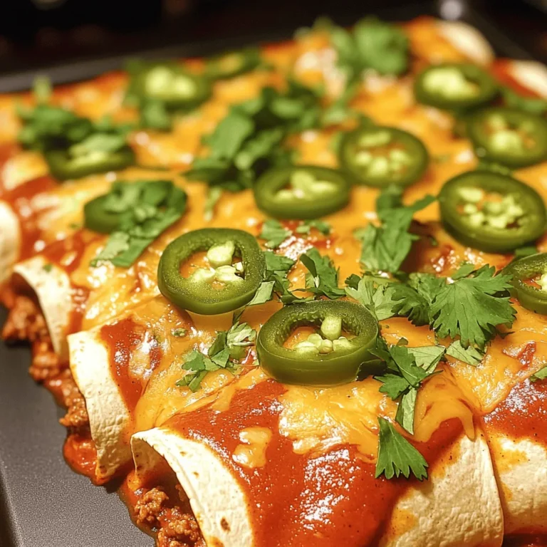 - 1 lb ground beef - 1 cup chopped onion - 2 cloves garlic, minced - 1 tablespoon chili powder - 1 teaspoon cumin - 1 teaspoon salt - 1/2 teaspoon black pepper - 8 large corn tortillas - 2 cups shredded cheese (cheddar and Monterey Jack mix) - 2 cups red enchilada sauce (store-bought or homemade) - Fresh cilantro, for garnish Using quality ingredients is key. Fresh ground beef brings rich flavor. Fresh onions and garlic add depth. Spices like chili powder and cumin give warmth. Corn tortillas should be soft and pliable. Cheese should melt perfectly, making each bite creamy. The enchilada sauce ties it all together. Store-bought is easy, but homemade can be more flavorful. For extra flavor, consider these popular toppings: - Sour cream - Sliced jalapeños - Fresh cilantro Sour cream adds creaminess. Jalapeños bring heat, perfect for spice lovers. Fresh cilantro gives a bright finish. Feel free to mix and match toppings. They can take your beef enchiladas to the next level! First, preheat your oven to 375°F (190°C). This step is key for even baking. Next, clear and clean your cooking space. It helps to have everything ready before you start. When cooking ground beef, use medium heat. Break the meat apart with a spatula. Cook it until it turns brown and crumbly. Drain any extra fat to keep the dish light. Start by adding chopped onion and minced garlic to the skillet. Cook them until the onion turns clear, about five minutes. This adds great flavor to your beef. Next, mix in chili powder, cumin, salt, and black pepper. These spices give your filling a nice kick. Let the mixture simmer for two to three minutes. This lets the flavors blend well together. Now it's time to work with the tortillas. Warm them in a dry pan for about 30 seconds on each side. This makes them soft and easy to roll. Lay a tortilla flat and place about 1/4 cup of the beef mixture in the center. Sprinkle some cheese on top. Roll the tortilla tightly and place it seam-side down in a greased baking dish. Repeat this for all the tortillas. After all your enchiladas are in the dish, pour the red enchilada sauce evenly over the top. Make sure to cover each one. Then, sprinkle the remaining cheese over the sauce. Cover the dish with aluminum foil and bake for 20 minutes. Remove the foil and bake for another 10 to 15 minutes. You want the cheese to be bubbly and slightly golden. Your delicious meal is now ready to enjoy. For the full recipe, check out the instructions above! To get the best flavor in your beef enchiladas, adjust the spice levels to your taste. If you want more heat, add more chili powder or some diced jalapeños to the filling. For a milder dish, reduce the chili powder or use sweet paprika. Making homemade enchilada sauce is a great way to enhance your dish. Start with canned tomatoes, garlic, and spices. Blend them together until smooth. Simmer it on low heat to deepen the flavors. This sauce can add a personal touch to your enchiladas. One common mistake is using soggy tortillas. To avoid this, warm your corn tortillas before filling them. This makes them soft and easy to roll without breaking. You can heat them in a dry pan for about 30 seconds per side. Another mistake is overfilling the tortillas. Use about 1/4 cup of filling per tortilla. If you add too much, they can burst while baking. Keep them snug but not stuffed. This will help your enchiladas hold their shape and bake evenly. {{image_2}} You can switch the ground beef for other proteins. Chicken works great in enchiladas. Simply cook shredded chicken with the same spices. For a meatless option, use beans. Black beans or pinto beans add protein and fiber. Mix cooked beans with spices for an easy filling. These options allow everyone to enjoy this dish. Red sauce gives enchiladas a classic taste. But green sauce is a fun twist. Green sauce is made from tomatillos and can be zesty. If you want a creamier sauce, try adding sour cream. Mix it into your red or green sauce for a richer flavor. This adds a nice texture and taste. Enchiladas pair well with many side dishes. Mexican rice and refried beans are popular choices. A fresh salad with lime dressing adds brightness. For drinks, try serving with a light beer. A margarita also complements the flavors nicely. These pairings enhance your meal and make it special. For the complete cooking experience, check out the Full Recipe. To keep your beef enchiladas fresh, store them in an airtight container. Place a layer of plastic wrap over the top to prevent air from getting in. Beef enchiladas stay fresh in the fridge for about 3 to 4 days. If you want them to last longer, consider freezing them. For the best taste and texture, reheat your enchiladas in the oven. Preheat the oven to 350°F (175°C). Place the enchiladas in a baking dish and cover them with foil. Heat for about 15-20 minutes. This keeps the tortillas soft. If you use the microwave, add a splash of water on top. Cover with a damp paper towel. This helps keep them moist and prevents drying out. Enjoy your tasty leftovers! You can use several alternatives for ground beef. Here are some options: - Ground turkey: A leaner choice that still tastes great. - Ground chicken: Another lean option with a mild flavor. - Black beans: For a vegetarian twist, mash or blend them. - Lentils: Cooked lentils add protein and texture. - Tofu: Crumbled firm tofu can absorb flavors well. Each substitute gives a different taste and texture. Find what you love! Yes, you can freeze beef enchiladas! Here’s how: 1. Prepare enchiladas: Follow the recipe but do not bake. 2. Cool down: Let them cool completely. 3. Wrap: Use plastic wrap or foil to cover tightly. 4. Store: Place in an airtight container or freezer bag. To reheat: - Thaw in the fridge overnight. - Bake at 350°F (175°C) for about 25-30 minutes until hot. To spice up your enchiladas, try these tips: - Add jalapeños: Mix fresh or pickled jalapeños into the filling. - Use hot sauce: Drizzle your favorite hot sauce into the meat mixture. - Choose spicy cheese: Opt for pepper jack cheese instead of mild cheese. - Increase chili powder: Add more chili powder or crushed red pepper. Experiment to find your perfect level of heat! Beef enchiladas are a great dish when you use top-notch ingredients. Make your filling with care, and don’t skip the simmering step. Avoid common mistakes like soggy tortillas to keep your dish delicious. Experiment with proteins and sauces for fun variations. Store leftovers properly, and you can enjoy them later. Remember, cooking should be joyful and creative. Follow these tips, and you’ll make enchiladas your family will love. Enjoy each bite and share the joy with others!