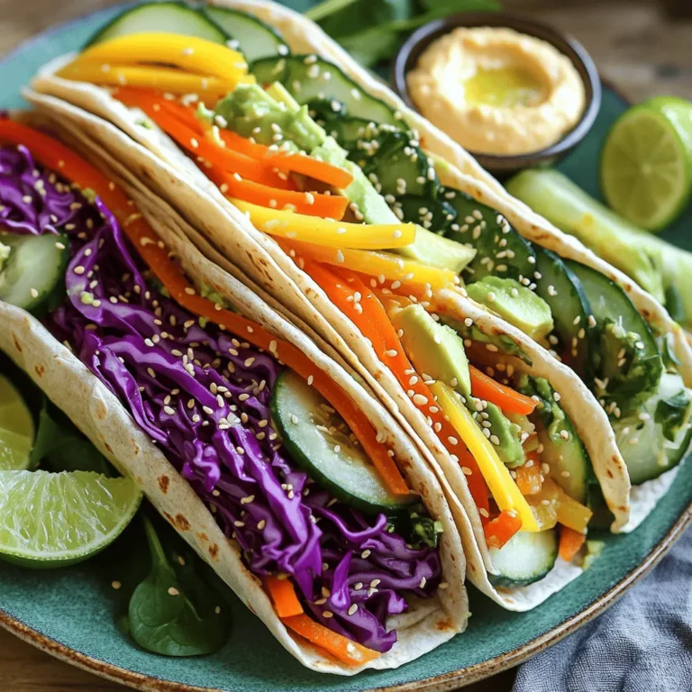 - 4 large whole wheat tortillas - 1 cup purple cabbage, shredded - 1 red bell pepper, thinly sliced - 1 yellow bell pepper, thinly sliced - 1 carrot, julienned - 1 cucumber, thinly sliced - 1 avocado, sliced - 1 cup fresh spinach leaves - ½ cup hummus (your favorite flavor) - Juice of 1 lime - Salt and pepper to taste - Sesame seeds for garnish Each veggie in your wrap adds great nutrition. Purple cabbage has antioxidants that help fight disease. Red and yellow bell peppers are high in vitamin C, which boosts your immune system. Carrots give you beta-carotene for healthy eyes. Cucumbers are hydrating and low in calories. Avocados add healthy fats and fiber. Spinach is rich in iron and vitamins A and K. Together, these veggies make a colorful and healthy meal. If you can’t find purple cabbage, use green cabbage instead. Any sweet pepper works well if you don’t have red or yellow. You can swap carrots for zucchini or radishes for a crunchy bite. Instead of fresh spinach, try arugula for a peppery flavor. If you need a substitute for hummus, use cream cheese or guacamole. These swaps keep your wraps tasty and fresh! Start by gathering all your veggies. You will need to shred the purple cabbage. Use a sharp knife to julienne the carrot. Cut the red and yellow bell peppers into thin slices. Slice the cucumber and avocado too. Place the shredded cabbage, sliced peppers, julienned carrot, and cucumber in a bowl. Squeeze juice from the lime over the veggies. Add salt and pepper, then mix well. This mix adds a burst of flavor to your wraps. Grab a large whole wheat tortilla. Lay it flat on a clean surface. Spread about two tablespoons of hummus over the tortilla. Leave about one inch of space around the edges. On one side, place a handful of fresh spinach. Next, add a portion of your mixed veggies and a few slices of avocado. This colorful mix makes your wrap look great. To roll your wrap, first fold the edges inward. This step keeps the filling from falling out. Now, start rolling tightly from the side with the filling. Roll toward the opposite end, keeping it snug. If you roll too loosely, the wrap may fall apart. Once you finish rolling, slice each wrap in half diagonally for a nice presentation. Arrange them on a platter and sprinkle sesame seeds on top for extra crunch. For the full recipe, check the full recipe section. To keep your veggie wraps crisp, use fresh vegetables. Check for bright colors and firm textures. Wash all produce before cutting to remove dirt. Store your wraps in the fridge wrapped in parchment paper. This helps keep them fresh longer. Always assemble wraps just before eating for the best taste. You can easily change the veggies based on what you like. Try adding roasted red peppers or zucchini for a new twist. For some heat, add jalapeños or hot sauce. You can also switch up the hummus flavor. Garlic, red pepper, or olive tapenade can add a fun kick. Don’t be afraid to mix and match! Serve your rainbow veggie wraps with a side of fruit or a salad. They also pair well with extra hummus for dipping. Consider a light vinaigrette on the side for added flavor. For a fun touch, cut wraps into small pieces and serve as party bites. Your guests will love these colorful treats! {{image_2}} You can make your rainbow veggie wraps heartier by adding protein. Here are some tasty options: - Grilled chicken strips - Tofu cubes - Chickpeas or black beans - Cooked quinoa - Sliced turkey or ham These proteins boost the flavor and add nutrients. When you mix them in, ensure they blend well with your veggies. If you follow a vegan or gluten-free diet, you still can enjoy these wraps. Choose gluten-free tortillas made from rice or corn. For protein, try: - Hummus - Tempeh - Lentils - Nuts or seeds These options keep your meal healthy and flavorful. Be creative with your choices to suit your taste. Using seasonal ingredients makes your wraps fresh and exciting. Here are some swaps for each season: - Spring: Add asparagus or snap peas. - Summer: Use zucchini or cherry tomatoes. - Fall: Swap in roasted sweet potatoes or kale. - Winter: Try shredded brussels sprouts or carrots. These swaps keep your wraps vibrant and full of life. You can always check the Full Recipe for more ideas on how to mix flavors. To store leftover wraps, place them in a clean container. Use a tight lid to keep air out. This helps maintain freshness and taste. You can keep them in the fridge for up to three days. If you see any moisture, add a paper towel inside the container. This absorbs extra moisture and keeps the wraps crisp. Meal prepping is a fun way to make healthy eating easy. Start by prepping all your veggies in advance. Store them in separate containers. When you are ready to eat, just grab a tortilla, add your veggies, and roll! This saves time during busy days. You can also spread hummus on your tortillas ahead of time. Just remember to keep the wraps in the fridge until you are ready to enjoy. Freezing wraps is a great option for long-term storage. To do this, wrap each one tightly in plastic wrap. Place them in a freezer bag and remove as much air as possible. Label the bag with the date. You can freeze wraps for up to three months. When you’re ready to eat, thaw them in the fridge overnight. Then, enjoy them cold or warm them up in a skillet for a few minutes. If you want to skip tortillas, try lettuce leaves. Romaine or butter lettuce works well. You can also use rice paper wraps for a fun twist. These options keep the wrap light and fresh. Yes, you can make these wraps ahead of time. Wrap them in plastic wrap to keep them fresh. Store them in the fridge for up to a day. Just keep the wraps away from moist ingredients to keep them crisp. To prevent sogginess, spread hummus only on the tortilla, not the veggies. Drain any excess water from veggies before adding them. Wrap tightly to keep air out, which helps maintain texture. Enjoy these wraps fresh for the best taste! This blog post covered how to make delicious vegetable wraps. We explored key ingredients and their nutrition. You learned how to prepare vegetables and roll your wraps tightly. I shared tips to keep them fresh and how to customize based on your taste. In addition, I offered ideas for seasonal ingredients and different proteins. Finally, I discussed storage tips for leftovers and meal prep. Enjoy making these wraps, and feel free to get creative with your ingredients!