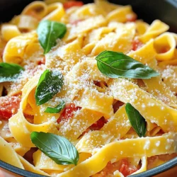 When making creamy tomato basil pasta, you need a few key items: - 8 oz. fettuccine pasta - 2 tablespoons olive oil - 3 cloves garlic, minced - 1 can (14 oz.) crushed tomatoes - 1 cup heavy cream - ½ cup grated Parmesan cheese Fettuccine is perfect for this dish. Its wide noodles hold the sauce well. Olive oil gives the dish a nice richness. Garlic adds a warm, savory flavor. Crushed tomatoes bring a fresh, tangy taste. Heavy cream makes the sauce smooth and rich. Finally, Parmesan cheese adds a salty kick that everyone loves. Seasonings make this dish pop. You will want: - 1 cup fresh basil leaves, chopped - 1 teaspoon dried oregano - 1 teaspoon sugar - Salt and pepper to taste Fresh basil is a must for this recipe. It gives a burst of flavor and a nice color. Dried oregano adds a touch of earthiness. A little sugar balances the acidity of the tomatoes. Salt and pepper enhance all the flavors, making every bite delightful. For a full recipe, check the complete list of ingredients and steps. To cook the pasta, fill a pot with water. Bring it to a boil, then add salt. The salt helps flavor the pasta. Add the fettuccine and stir it gently. Cook for 8-10 minutes until it’s al dente. This means it should be firm but not hard. Drain the pasta, but save ½ cup of the pasta water. This water will help make the sauce creamy later. In a large skillet, pour in the olive oil and heat it on medium. When the oil is hot, add the minced garlic. Sauté the garlic for about 1 minute. You want it to smell great but not burn. If it burns, it tastes bitter. Next, add the crushed tomatoes to the skillet. Stir in the heavy cream and mix well. Add the dried oregano, sugar, salt, and pepper. Let this mixture simmer for about 5 minutes. Stir it occasionally so it doesn't stick. After the sauce is ready, add the cooked fettuccine to the skillet. Toss the pasta in the sauce to coat it well. If the sauce seems too thick, use the reserved pasta water. Add it a little at a time. This will help get the right creamy texture. Finally, stir in the grated Parmesan cheese until it melts. Then, mix in the fresh basil leaves. Your creamy tomato basil pasta is now ready to serve! For the full recipe, make sure to check the recipe section. To get a smooth sauce, heat your olive oil first. Add minced garlic and cook it just until fragrant. This step adds great flavor. Next, pour in crushed tomatoes and heavy cream. Stir them well to blend. If the sauce feels thick, use reserved pasta water to thin it out. Add it slowly until you reach the right creaminess. Want more taste? Consider adding spices like crushed red pepper or Italian seasoning. You can also toss in sautéed onions or bell peppers. For a fresh twist, try adding a splash of lemon juice. These small changes can lift the dish. Watch out for burning the garlic. It can turn bitter very fast. Also, don’t skip simmering the sauce; it helps the flavors meld. Lastly, be careful not to overcook the pasta. It should be al dente for the best texture. Follow these tips, and your creamy tomato basil pasta will shine. For the full recipe, check out the instructions above. {{image_2}} You can easily add protein to creamy tomato basil pasta. Chicken, shrimp, or sausage all work great. For chicken, grill or sauté it until cooked through. Slice it into bite-sized pieces and toss it with the pasta. If you like shrimp, sauté it in olive oil until pink and tender. For sausage, simply cook it until browned and crumble it into the sauce. Each option adds a unique flavor and makes your meal more filling. If you want a vegetarian dish, use plant-based cream or cheese. Almond or coconut cream are great choices for a creamy texture. For cheese, try nutritional yeast or vegan parmesan. These options give you the same rich taste without dairy. You can enjoy the same comfort of creamy tomato basil pasta while keeping it plant-based. To spice things up, add red pepper flakes or diced jalapeños to the sauce. Start with a small amount, then taste and adjust as needed. You can also use a spicy Italian sausage for extra heat. A splash of hot sauce can also elevate the dish. This way, you get a satisfying kick without overpowering the tomato and basil flavors. By exploring these variations, you can make creamy tomato basil pasta your own. Check the Full Recipe for the base to get started! Store leftover creamy tomato basil pasta in an airtight container. Make sure the pasta cools to room temperature before sealing. This helps keep the flavor and texture intact. You can refrigerate it for up to three days. If you want to enjoy it later, label the container with the date. To reheat your pasta, use the stovetop for best results. Place the pasta in a skillet over low heat. Add a splash of water or extra cream to help revive the sauce. Stir gently as it warms to keep the creamy texture. You can also use the microwave. Just cover the bowl and heat in short intervals, stirring in between. This prevents the pasta from drying out. You can freeze creamy tomato basil pasta, but it may change slightly. The cream can separate when thawed. If you freeze it, do so in a freezer-safe container. Use it within three months for the best taste. When ready to eat, thaw it in the fridge overnight. Reheat as described above for a tasty meal. For the full recipe, check back to the beginning of the article. Yes, you can use many types of pasta. Here are some good options: - Penne - Spaghetti - Bowtie - Rigatoni Each shape holds the sauce well. Choose one that you love. Just remember to cook it until it is al dente for the best texture. If you want a lighter option, try these substitutes: - Half-and-half - Coconut cream - Cashew cream - Silken tofu blended These options still give you creaminess without the heaviness. Coconut cream adds a nice flavor. Silken tofu blends well and is a great dairy-free choice. Making this dish vegetarian or vegan is easy. Here are some swaps: - Use vegetable broth instead of chicken broth. - Replace heavy cream with coconut cream or cashew cream. - Omit Parmesan cheese or use a vegan cheese. These changes keep all the yummy flavor while making it plant-based. Enjoy your creamy tomato basil pasta with these simple tweaks! For the full recipe, check out the details above. Creamy tomato basil pasta combines simple ingredients for a rich dish. You learned how to cook perfect fettuccine, make a smooth sauce, and mix them well. Tips on textures, flavors, and mistakes helped you refine your cooking skills. Explore variations with protein or spices to customize your meal. Proper storage and reheating ensure every bite stays delicious. Use this guide to enjoy a tasty pasta dish any time, whether for dinner or a special occasion. Enjoy your cooking journey!