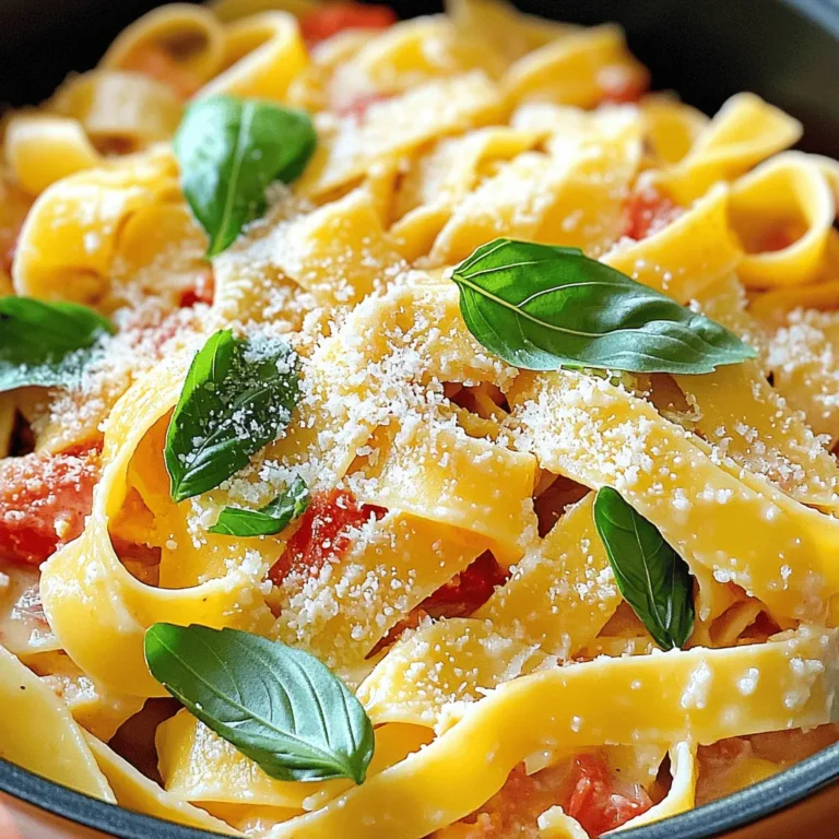 When making creamy tomato basil pasta, you need a few key items: - 8 oz. fettuccine pasta - 2 tablespoons olive oil - 3 cloves garlic, minced - 1 can (14 oz.) crushed tomatoes - 1 cup heavy cream - ½ cup grated Parmesan cheese Fettuccine is perfect for this dish. Its wide noodles hold the sauce well. Olive oil gives the dish a nice richness. Garlic adds a warm, savory flavor. Crushed tomatoes bring a fresh, tangy taste. Heavy cream makes the sauce smooth and rich. Finally, Parmesan cheese adds a salty kick that everyone loves. Seasonings make this dish pop. You will want: - 1 cup fresh basil leaves, chopped - 1 teaspoon dried oregano - 1 teaspoon sugar - Salt and pepper to taste Fresh basil is a must for this recipe. It gives a burst of flavor and a nice color. Dried oregano adds a touch of earthiness. A little sugar balances the acidity of the tomatoes. Salt and pepper enhance all the flavors, making every bite delightful. For a full recipe, check the complete list of ingredients and steps. To cook the pasta, fill a pot with water. Bring it to a boil, then add salt. The salt helps flavor the pasta. Add the fettuccine and stir it gently. Cook for 8-10 minutes until it’s al dente. This means it should be firm but not hard. Drain the pasta, but save ½ cup of the pasta water. This water will help make the sauce creamy later. In a large skillet, pour in the olive oil and heat it on medium. When the oil is hot, add the minced garlic. Sauté the garlic for about 1 minute. You want it to smell great but not burn. If it burns, it tastes bitter. Next, add the crushed tomatoes to the skillet. Stir in the heavy cream and mix well. Add the dried oregano, sugar, salt, and pepper. Let this mixture simmer for about 5 minutes. Stir it occasionally so it doesn't stick. After the sauce is ready, add the cooked fettuccine to the skillet. Toss the pasta in the sauce to coat it well. If the sauce seems too thick, use the reserved pasta water. Add it a little at a time. This will help get the right creamy texture. Finally, stir in the grated Parmesan cheese until it melts. Then, mix in the fresh basil leaves. Your creamy tomato basil pasta is now ready to serve! For the full recipe, make sure to check the recipe section. To get a smooth sauce, heat your olive oil first. Add minced garlic and cook it just until fragrant. This step adds great flavor. Next, pour in crushed tomatoes and heavy cream. Stir them well to blend. If the sauce feels thick, use reserved pasta water to thin it out. Add it slowly until you reach the right creaminess. Want more taste? Consider adding spices like crushed red pepper or Italian seasoning. You can also toss in sautéed onions or bell peppers. For a fresh twist, try adding a splash of lemon juice. These small changes can lift the dish. Watch out for burning the garlic. It can turn bitter very fast. Also, don’t skip simmering the sauce; it helps the flavors meld. Lastly, be careful not to overcook the pasta. It should be al dente for the best texture. Follow these tips, and your creamy tomato basil pasta will shine. For the full recipe, check out the instructions above. {{image_2}} You can easily add protein to creamy tomato basil pasta. Chicken, shrimp, or sausage all work great. For chicken, grill or sauté it until cooked through. Slice it into bite-sized pieces and toss it with the pasta. If you like shrimp, sauté it in olive oil until pink and tender. For sausage, simply cook it until browned and crumble it into the sauce. Each option adds a unique flavor and makes your meal more filling. If you want a vegetarian dish, use plant-based cream or cheese. Almond or coconut cream are great choices for a creamy texture. For cheese, try nutritional yeast or vegan parmesan. These options give you the same rich taste without dairy. You can enjoy the same comfort of creamy tomato basil pasta while keeping it plant-based. To spice things up, add red pepper flakes or diced jalapeños to the sauce. Start with a small amount, then taste and adjust as needed. You can also use a spicy Italian sausage for extra heat. A splash of hot sauce can also elevate the dish. This way, you get a satisfying kick without overpowering the tomato and basil flavors. By exploring these variations, you can make creamy tomato basil pasta your own. Check the Full Recipe for the base to get started! Store leftover creamy tomato basil pasta in an airtight container. Make sure the pasta cools to room temperature before sealing. This helps keep the flavor and texture intact. You can refrigerate it for up to three days. If you want to enjoy it later, label the container with the date. To reheat your pasta, use the stovetop for best results. Place the pasta in a skillet over low heat. Add a splash of water or extra cream to help revive the sauce. Stir gently as it warms to keep the creamy texture. You can also use the microwave. Just cover the bowl and heat in short intervals, stirring in between. This prevents the pasta from drying out. You can freeze creamy tomato basil pasta, but it may change slightly. The cream can separate when thawed. If you freeze it, do so in a freezer-safe container. Use it within three months for the best taste. When ready to eat, thaw it in the fridge overnight. Reheat as described above for a tasty meal. For the full recipe, check back to the beginning of the article. Yes, you can use many types of pasta. Here are some good options: - Penne - Spaghetti - Bowtie - Rigatoni Each shape holds the sauce well. Choose one that you love. Just remember to cook it until it is al dente for the best texture. If you want a lighter option, try these substitutes: - Half-and-half - Coconut cream - Cashew cream - Silken tofu blended These options still give you creaminess without the heaviness. Coconut cream adds a nice flavor. Silken tofu blends well and is a great dairy-free choice. Making this dish vegetarian or vegan is easy. Here are some swaps: - Use vegetable broth instead of chicken broth. - Replace heavy cream with coconut cream or cashew cream. - Omit Parmesan cheese or use a vegan cheese. These changes keep all the yummy flavor while making it plant-based. Enjoy your creamy tomato basil pasta with these simple tweaks! For the full recipe, check out the details above. Creamy tomato basil pasta combines simple ingredients for a rich dish. You learned how to cook perfect fettuccine, make a smooth sauce, and mix them well. Tips on textures, flavors, and mistakes helped you refine your cooking skills. Explore variations with protein or spices to customize your meal. Proper storage and reheating ensure every bite stays delicious. Use this guide to enjoy a tasty pasta dish any time, whether for dinner or a special occasion. Enjoy your cooking journey!