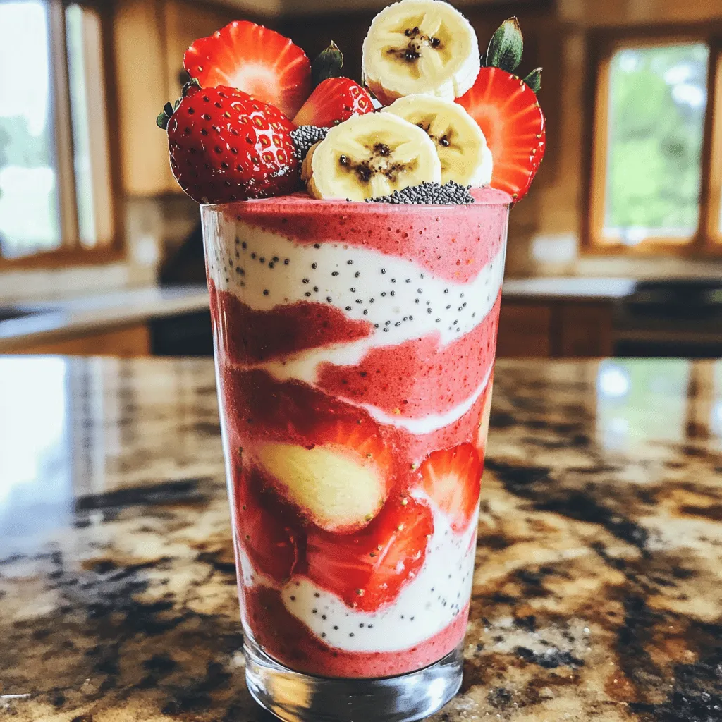 - 1 cup fresh strawberries, hulled - 1 ripe banana, sliced - 1 scoop vanilla protein powder - 1 cup almond milk (or any milk of your choice) - 1 tablespoon almond butter - 1 tablespoon honey (optional) - 1/2 teaspoon vanilla extract - Ice cubes (as needed) To make a tasty strawberry banana protein smoothie, you need fresh ingredients that pack flavor and nutrients. Start with one cup of fresh strawberries. Make sure to hull them, which means you remove the green tops. Next, grab a ripe banana and slice it. This adds natural sweetness and creaminess to the mix. Now, let's add some protein. Use one scoop of vanilla protein powder. This will help keep you full and give you energy. I like to use almond milk, so I add one cup of that. You can pick any milk you enjoy, like cow's milk or oat milk. For extra flavor and creaminess, I include one tablespoon of almond butter. If you want a touch of sweetness, add one tablespoon of honey, but this is optional. A half teaspoon of vanilla extract gives the smoothie a lovely aroma. Finally, toss in some ice cubes to chill and thicken it. This combination creates a delicious, nutritious drink that you can enjoy anytime. For the full recipe, check out the details above. - Rinse and hull the strawberries. - Slice the banana. First, we prepare our fruits. Rinse the strawberries under cold water to wash off dirt. Then, hull them by removing the green tops. This makes them sweet and ready to blend. Next, slice the banana into small pieces. This helps the banana mix well in the smoothie. - Combine ingredients in a blender. - Blend on high until smooth and creamy. Now, it’s time to blend! Add the hulled strawberries and sliced banana to your blender. Include the other ingredients: vanilla protein powder, almond milk, almond butter, honey, and vanilla extract. Blend on high speed. Watch as the colors swirl and mix. Blend until it’s smooth and creamy. If needed, scrape down the sides to blend everything well. - Add more almond milk for thinness or ice cubes for thickness. After blending, check the smoothie’s thickness. If it feels too thick, pour in a bit more almond milk. Blend again until you reach your desired texture. If it’s too thin, toss in a few ice cubes. Blend again until it’s nice and thick. You can enjoy your smoothie right away, or store it for later. This Strawberry Banana Protein Smoothie is tasty and full of nutrition. For the full recipe, check the detailed instructions above. - Taste and Sweetness: You can change the honey amount to fit your taste. If you like it sweeter, add more honey. If you want less sweetness, use less honey. It’s all about what you enjoy. - Garnishing: For a fun look, add fresh fruit or seeds on top. A few strawberry slices or banana wheels make your drink pop. Chia seeds add a nice crunch and extra nutrients too. - Thick vs. Thin: You can make the smoothie thicker or thinner based on what you like. If you want a thicker smoothie, add more ice cubes. For a thinner one, just add a bit more almond milk. Blend again until you reach the right texture. Use a good blender for the best smooth texture. A high-speed blender works great for smoothies. Brands like Vitamix or Ninja are popular choices. They blend well and create a creamy consistency. If you have a lower-power blender, blend in short bursts. This way, you can check the texture and avoid lumps. {{image_2}} You can make your strawberry banana protein smoothie even better. Add some greens like spinach or kale. This will give you extra vitamins and minerals. A handful is all you need. It blends well and you won’t taste it much. Using Greek yogurt adds creaminess and protein. It makes the smoothie thick and rich. Plus, it packs in more protein. This is great for muscle recovery after a workout. Try about a half cup for a smooth texture. Want to change the flavor? Use different fruits! Mango, pineapple, or blueberries work great. Each fruit gives a unique taste and nutrition. Mix and match to find your favorite blend. If you want a dairy-free option, try coconut milk or oat milk. These milks add a different flavor and keep it creamy. They are perfect for those who are lactose intolerant. Need a bit more sweetness? Natural sweeteners like agave or maple syrup are great. They are better than refined sugar and taste delicious. Use them based on how sweet you like your smoothie. For low-calorie options, try sugar-free sweeteners. They give you that sweet taste without the extra calories. Look for options like stevia or monk fruit. You can still enjoy your smoothie without the guilt. These variations can elevate your smoothie. Check out the Full Recipe for all the details. To store any leftover smoothie, pour it into a clean glass jar. Seal it tightly with a lid. This keeps air out. Store the jar in the fridge. The smoothie will stay fresh for up to 24 hours. It’s best to consume your smoothie right away. This helps you enjoy the best flavor and nutrients. You can freeze your smoothie for later use. Pour the smoothie into ice cube trays or freezer-safe bags. This is great for quick snacks or meals. To make smoothie packs, add all ingredients into bags. Label them with the date and contents. When you want a smoothie, just blend the frozen pack with some milk. If you freeze or refrigerate your smoothie, it may separate. To fix this, re-blend it. Pour the smoothie into a blender. Blend on high until it is smooth again. If it’s too thick, add a splash of almond milk. This will bring back the creamy texture. Enjoy your Strawberry Banana Protein Smoothie after blending! Yes, you can! Instead of protein powder, use Greek yogurt or silken tofu. These options add protein, creaminess, and keep your smoothie tasty. Greek yogurt adds a nice tang, while silken tofu gives a smooth texture. Both alternatives keep the nutrition high without losing flavor. To thicken your smoothie, add more fruits or frozen ingredients. Ice cubes work well too. You can also try a banana, which adds creaminess. If you want more nutrition, throw in some oats or chia seeds. These will help make your smoothie more filling and satisfying. Yes! This smoothie can work as a meal replacement. It has protein, healthy fats, and carbs. One serving has around 300 calories, depending on your choices. The almond butter and banana provide energy, while protein keeps you full longer. Adjust the ingredients if you need more calories or nutrients. You can store a smoothie in the fridge for up to 24 hours. Use an airtight container to keep it fresh. If you want to store it longer, freeze it! Just pour it into a freezer-safe container. Thaw it overnight in the fridge when you're ready to enjoy. This blog post shared how to create a delicious strawberry banana protein smoothie. We covered fresh ingredients and their roles, plus easy blending steps. You learned tips for perfecting your smoothie and how to adjust its texture. We also explored variations for more nutrients and flavors, along with storage ideas. In the end, customizing smoothies can make them a fun, healthy treat. You have the tools to create your ideal blend, so enjoy every sip!