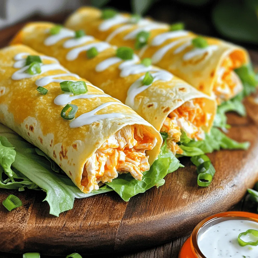 - 2 cups cooked chicken, shredded - 1/4 cup buffalo sauce (adjust to taste) - 1/2 cup cream cheese, softened - 1/2 cup cheddar cheese, shredded - 1/4 cup chopped green onions - 4 large tortillas (flour or whole wheat) - 1 cup lettuce, shredded - 1/2 cup ranch dressing (optional) To make simple buffalo chicken wraps, you need a few key ingredients. Start with cooked chicken. I prefer to use rotisserie chicken for ease. Next, buffalo sauce gives the wraps their signature kick. Adjust the amount based on how spicy you want it. Cream cheese adds creaminess, while cheddar cheese brings flavor. Chopped green onions add freshness and a nice crunch. Choose between flour or whole wheat tortillas based on your taste. Shredded lettuce provides a refreshing crunch. You can add ranch dressing on top for extra flavor. This is optional, but highly recommended. - Try different sauces like barbecue or teriyaki for unique flavors. - Use mozzarella or pepper jack cheese for a twist on taste and texture. - Swap tortillas for lettuce wraps for a low-carb option. These swaps keep the recipe fun and fresh. Feel free to experiment and find what you like best. - Each wrap has about 350 calories, but this can vary based on ingredients. - Contains proteins from chicken and cheese, along with fats from cream cheese. - Buffalo sauce adds flavor but also some sodium. Balance this with fresh veggies. Understanding the nutritional value helps you enjoy your meal while being mindful of what you eat. Plus, the key ingredients offer health benefits. Chicken provides protein, while green onions have vitamins and antioxidants. How to prep the chicken for shredding First, use cooked chicken. You can use rotisserie chicken or boil your own. Let the chicken cool a bit. This makes it easier to handle. Next, use two forks to shred the chicken. Pull the chicken apart into small pieces. This helps the flavors mix well later. Steps to soften cream cheese Take the cream cheese out of the fridge. Leave it at room temperature for about 10 minutes. You can also microwave it for 10 to 15 seconds. Make sure it is soft but not melted. This soft cream cheese will mix easily with the chicken. Mixing the buffalo chicken filling In a large bowl, combine the shredded chicken and buffalo sauce. Stir well until the chicken is fully coated. Then, add the softened cream cheese. Mix it until smooth and creamy. After that, add shredded cheddar cheese and chopped green onions. Be sure to mix everything well. Season it with salt and pepper to taste. Assembling the wraps properly Lay out the tortillas on a flat surface. Start by adding a layer of shredded lettuce on each tortilla. Next, scoop some buffalo chicken mixture onto one end. Do not overfill it, or it will be hard to roll. Rolling techniques for tight wraps To roll, fold the sides of the tortilla in first. Then, roll it tightly from the end with the filling. This helps keep everything inside. If you want, you can cut the wrap in half. This makes it easier to hold and eat. Drizzling ranch dressing and garnishing tips If you like, drizzle ranch dressing over the chicken filling before rolling. This adds a nice creamy taste. For a pop of color, sprinkle extra chopped green onions on top. You can also serve extra buffalo sauce on the side for dipping. Enjoy your simple buffalo chicken wraps! For the full recipe, check out the instructions above. You can easily make these wraps your own. Here’s how: - Adding vegetables for crunch: Try adding sliced bell peppers, cucumbers, or shredded carrots. These veggies give a nice crunch and extra flavor. You can also add some diced celery for that classic buffalo wing taste. - Changing the heat level of buffalo sauce: If you like it spicy, add more buffalo sauce. If you prefer it mild, use less sauce or mix in some honey. You could also try a milder hot sauce for a different flavor. Storing leftovers correctly keeps your wraps fresh and tasty: - Best practices for wrapping and storing leftovers: Wrap each buffalo chicken wrap tightly in plastic wrap. This keeps air out and helps them stay fresh. Place them in an airtight container in the fridge. - Reheating suggestions without losing texture: To reheat, unwrap the wrap and place it in a skillet over low heat. Heat for about 5 minutes on each side. This helps keep the tortilla soft and warm without getting soggy. Pair your wraps with tasty sides and drinks for a complete meal: - Complementary sides that pair well: Serve with carrot sticks, celery, or a fresh salad. These sides add crunch and balance out the spice of the wraps. - Beverage ideas to enhance the meal experience: Cold drinks like iced tea or lemonade are great choices. You could also serve a light beer or a crisp soda to cool down the heat. For the full recipe, check out the detailed steps above. {{image_2}} You can switch up the wrap base for your buffalo chicken. Lettuce wraps are great for a low-carb choice. They keep the meal light and fresh. Just use large leaves of romaine or butter lettuce. Also, if you need gluten-free options, there are many tortillas made from rice or corn. These still taste great and hold all the fillings. Feel free to change the protein in your wraps. Turkey is a tasty alternative. It works well with buffalo sauce and adds a different flavor. If you want a plant-based option, use chickpeas or tofu. You can also grab quick deli meats from the store. These can save time and make meal prep easier. Get creative with flavors! You can try different sauces like BBQ or honey mustard. These add a unique taste to your wraps. If you like a hint of sweetness, toss in apple slices. The crunch of apples balances the spice of the buffalo sauce. It’s fun to mix and match until you find your favorite combination. To make your Buffalo chicken wraps shine, choose a nice platter. A colorful plate adds charm. Lay the wraps side by side for a neat look. You can cut them in half to show the filling. This helps guests see the tasty mix inside. For gatherings, stack them up or arrange in a circle. Add some chips or veggies on the side for fun. Guests will love the mix of colors and textures. Garnishing can take your wraps to the next level. Use fresh herbs like cilantro or parsley for a pop of green. Sprinkle some extra chopped green onions on top for color. You can also add a few slices of jalapeño for spice. When using plates, think about height and balance. A tall stack of wraps looks impressive. You can use small bowls for sauces to add flair. This makes dipping easy and neat. Sauces can make your meal even better. Ranch dressing is a classic choice for dipping. You can also try blue cheese for a bold flavor. For those who like heat, serve extra buffalo sauce. Create a sauce platter with small bowls of different dips. This gives guests options to choose from. Each dip adds a new taste to the wraps. Your guests will enjoy mixing flavors and trying new things. For the full recipe, check out the link! To store Buffalo Chicken Wraps, wrap each one tightly in plastic wrap or foil. Place them in an airtight container to keep them fresh. Store in the fridge for up to three days. This method helps maintain the flavor and texture of the wraps. Yes, you can freeze Buffalo Chicken Wraps. To freeze, wrap each one in plastic wrap and place them in a freezer-safe bag. They can last up to two months in the freezer. When you're ready to eat, thaw them in the fridge overnight before reheating. You can heat them in the oven or microwave until warm. Buffalo Chicken Wraps pair well with many sides. Consider serving them with carrot sticks, celery, or a fresh salad. For a hearty meal, try some crispy fries or potato wedges. For drinks, iced tea and soda are great choices, or try a light beer for a fun twist. The prep time for this recipe is just 15 minutes. Here’s a quick breakdown: - Shred the chicken: 5 minutes. - Mix the buffalo sauce and cream cheese: 3 minutes. - Assemble the wraps: 7 minutes. This quick process makes it easy to whip up a tasty meal in no time. For the full recipe, check out the detailed steps above. This blog post shared how to make tasty Buffalo Chicken Wraps. We covered the key ingredients and tips for swaps. I also detailed preparation steps and easy cooking methods. You learned fun ways to customize your wraps and how to store them. Incorporating various flavors and options keeps meals exciting. Whether for a quick lunch or a festive gathering, these wraps deliver. Enjoy experimenting, and make this your go-to recipe for deliciousness!