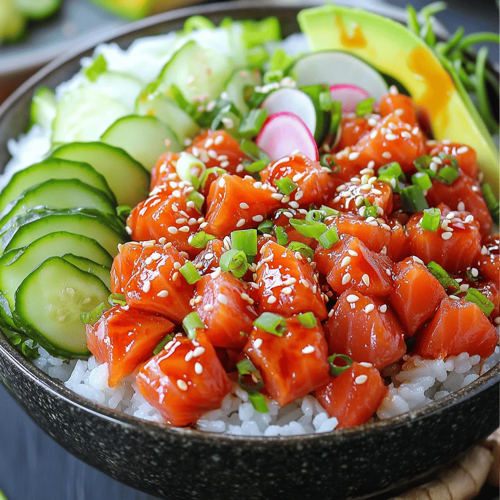- Sushi-grade tuna - Sushi rice - Fresh vegetables and garnishes To create a spicy tuna poke bowl, you need fresh and high-quality ingredients. Sushi-grade tuna is key for the best flavor and safety. Look for bright red, firm tuna. Sushi rice is sticky and helps hold the bowl together. Fresh vegetables add color and crunch. I like to use avocado, cucumber, and radish for variety. These ingredients make the bowl look and taste amazing. - Rice vinegar - Soy sauce - Sesame oil - Sriracha These pantry staples bring the poke bowl to life. Rice vinegar adds a tangy taste and balances the flavors. Soy sauce gives a savory depth that complements the tuna. Sesame oil adds a nutty richness, making every bite special. Sriracha gives a spicy kick. Adjust the sriracha to match your taste. This mix of flavors is what makes the poke bowl unforgettable. - Nori sheets - Pickled ginger - Sesame seeds Optional toppings can elevate your poke bowl. Nori sheets are a fun way to add sea flavor. Cut them into strips and place them around the bowl. Pickled ginger adds a zesty bite and helps cleanse the palate. Sesame seeds give a nutty crunch and look great sprinkled on top. Feel free to use any or all of these for extra flair. For the full recipe, check out the [Full Recipe]. To start, rinse the sushi rice under cold water. Do this until the water runs clear. This step removes excess starch and helps the rice cook better. Next, combine the rinsed rice with water in a medium saucepan. Bring the mixture to a boil over high heat. Once boiling, reduce the heat to low. Cover the pot and let it simmer for about 18 minutes. The rice will absorb the water and become tender. After cooking, remove it from the heat and let it sit, covered, for 10 minutes. This resting time allows the rice to finish cooking perfectly. After it rests, mix rice vinegar, sesame oil, and a pinch of salt in a small bowl. Fluff the rice with a fork and gently stir in the vinegar mixture. This step adds flavor and makes the rice shine. Let it cool to room temperature. While the rice cools, it’s time to prepare the spicy tuna. In a medium bowl, mix the diced sushi-grade tuna with soy sauce and sriracha. The sriracha gives it that spicy kick. Adjust the amount of sriracha based on how spicy you want it. Taste as you mix to ensure it suits your preference. Make sure the tuna is coated evenly with the sauces. This will help the flavor spread throughout each bite. Now comes the fun part: assembling your poke bowl! Start by placing a generous serving of sushi rice in the bottom of your bowl. This will be the base. Next, arrange the spicy tuna on top of the rice. Add slices of avocado, cucumber, and radish around the tuna. This adds colorful layers and fresh flavors. For a finishing touch, sprinkle chopped green onion and sesame seeds over the top. These add crunch and beauty to your dish. Place nori strips around the bowl for garnish. To serve, add a side of pickled ginger. This adds a nice touch and balances the flavors. For a more elegant look, consider adding edible flowers or microgreens. This simple step takes your poke bowl from good to great! For the full recipe, check the section above. Enjoy your delicious creation! Choosing high-quality tuna is key for a great poke bowl. Look for sushi-grade tuna. This type of fish is fresh and safe to eat raw. It should have a bright color and a clean smell. Ask your fishmonger for recommendations. If possible, buy it the same day you plan to use it. Sushi rice is equally important. It has a unique sticky texture. This helps the rice hold together in your bowl. Rinse the rice well before cooking. This removes extra starch and improves texture. The right sauce makes your poke bowl stand out. Start with soy sauce as the base. Add rice vinegar for tanginess. Then, include sesame oil for richness. Mix in sriracha for heat. You can adjust the sriracha based on your taste. If you like it spicy, add more. If you prefer mild, use less. Balance is key! Pair your poke bowl with light side dishes. A simple seaweed salad or edamame complements the flavors. You can also serve it with a small bowl of miso soup. These sides add variety and freshness. For serving, choose bowls that show off your ingredients. A wide, shallow bowl works best. This way, the colorful toppings are visible. Arrange everything neatly. Add garnishes like nori strips or microgreens for a nice touch. For the full recipe, check the section above. Enjoy crafting your spicy tuna poke bowl! {{image_2}} You can switch out the tuna for salmon. Salmon poke bowls are just as tasty. The rich flavor of salmon pairs nicely with the same ingredients. If you prefer a plant-based option, consider using tofu. Firm tofu absorbs flavors well and adds protein. For a fun twist, try adding fruits like mango or pineapple. These fruits bring sweetness that balances the spice. You can also experiment with different sauces for your poke bowl. Consider teriyaki or spicy mayo for new flavor profiles. To make this dish gluten-free, use tamari instead of soy sauce. This simple swap keeps the flavor while meeting dietary needs. For those on a low-carb or keto diet, replace sushi rice with cauliflower rice. It’s a great way to enjoy the bowl without the carbs. For the full recipe, check the section above. To keep your spicy tuna poke bowl fresh, store leftovers in an airtight container. Layer the rice and toppings separately. This helps maintain the rice's texture and the toppings' crunch. Use the poke bowl within two days for the best flavor. Make sure your fridge is at 40°F or colder to keep everything safe. When reheating the rice, use a microwave or a stovetop. For the microwave, add a splash of water and cover the bowl. Heat in short bursts, checking often. On the stovetop, add the rice to a pan with a little water. Stir gently over low heat until warm. Avoid cooking the rice too long. This keeps it fluffy and soft. For the toppings, serve them cold. They add a nice contrast to the warm rice. In the fridge, sushi-grade tuna stays fresh for about two days. Sushi rice lasts a bit longer, around three to four days. Look for signs of spoilage in both. For tuna, check for a dull color or an off smell. For rice, a sour scent or slimy texture means it’s time to toss it. Always trust your senses when it comes to food safety. Use sushi-grade tuna for your poke bowl. This grade means it is safe to eat raw. Look for bright red color and a fresh smell. Ask your fishmonger for recommendations. They can help you find the best quality. Yes, you can prepare poke bowls in advance. Cook the rice and store it in the fridge. Keep the spicy tuna separate until you’re ready to eat. This helps maintain freshness and taste. You can also slice your veggies ahead of time. Just store them in airtight containers. If you can’t find sushi rice, try other grains. Quinoa or brown rice work well. Both have good textures and can hold up with toppings. Rinse them before cooking to improve taste and texture. Spicy tuna poke can be as mild or hot as you like. Start with a little sriracha and add more if needed. Taste as you mix to find your perfect heat level. You can also swap sriracha for a milder sauce if you prefer. You can freeze spicy tuna, but it is best fresh. If you freeze it, wrap it tightly to avoid freezer burn. Thaw it in the fridge overnight before eating. Never refreeze fish that has been thawed; it can affect quality and safety. For a full recipe on how to put together a Spicy Tuna Poke Bowl, check the [Full Recipe]. You now have all the details to make a great spicy tuna poke bowl. Remember the main ingredients: fresh sushi-grade tuna, sushi rice, and vibrant veggies. Use pantry staples like soy sauce and sesame oil to boost flavor. Don’t forget optional toppings for extra flair. Experiment with variations for different tastes. You can even store leftovers correctly to enjoy later. Keep these tips in mind, and you'll impress everyone with your poke bowl skills. Enjoy your culinary adventure!