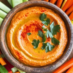 - 2 large red bell peppers - 1 cup cream cheese, softened - 1/2 cup Greek yogurt - 2 cloves garlic, minced - 1 tablespoon lemon juice - 1 teaspoon smoked paprika - Salt and pepper to taste - Fresh parsley, chopped (for garnish) - Cream Cheese alternatives: Use soft tofu or cashew cream for a dairy-free option. - Greek Yogurt options: Plain yogurt or sour cream work well too. - Garlic substitutes: Try garlic powder or roasted garlic for a milder taste. - Vegan options: Replace cream cheese with a vegan cheese spread. Use non-dairy yogurt. - Gluten-free choices: This dip is gluten-free as is. Just check all labels to ensure safety. The right ingredients make this creamy roasted red pepper dip a delight. You can mix and match based on what you have or need. Experimenting with substitutes can lead to tasty surprises. With the full recipe, you can easily whip up this dip. Enjoy the process and the flavors! 1. Oven temperature settings: Start by preheating your oven to 425°F (220°C). This high heat helps to char the peppers well. 2. Preparing the bell peppers: Take two large red bell peppers. Cut each pepper in half, and remove the seeds and stems. Place the halves cut-side down on a baking sheet lined with parchment paper. This helps them roast evenly. 1. Baking time and techniques: Roast the peppers in the preheated oven for about 25 to 30 minutes. Look for the skins to become blistered and charred. This gives the dip a deep, smoky flavor. 2. Steaming for easy peeling: After roasting, move the peppers to a bowl. Cover the bowl with plastic wrap. Let them steam for about 10 minutes. This makes it easy to peel off the skin. 1. Mixing for desired texture: Once the peppers are cool enough, peel off the skins and chop them roughly. In a mixing bowl, combine the chopped roasted peppers with cream cheese, Greek yogurt, minced garlic, lemon juice, smoked paprika, salt, and pepper. 2. Adjusting seasoning: Use a hand mixer or food processor to blend until smooth and creamy. Taste your dip and adjust the seasoning as needed. This step ensures the flavors shine. To get the best flavor, look for peppers that are shiny and firm. They should feel heavy for their size. When roasted, their skins should blister and char. This means they are ready! If you want to roast peppers without an oven, you can use a grill or an air fryer. Both methods give great results and add a nice smoky taste. This dip pairs well with many foods. Try it with crunchy vegetable sticks like carrots and celery. Crispy pita chips or toasted bread also work great. For a fun twist, serve it with grilled chicken or fish. You can even spread it on sandwiches for extra flavor. Get creative and enjoy! To make your dip look amazing, serve it in a nice bowl. Drizzle some olive oil on top for shine. Add a sprinkle of smoked paprika for color. Fresh herbs like parsley can brighten up the dish. Use colorful vegetables around the dip for a beautiful spread. These small touches make a big difference! {{image_2}} To give your dip some heat, try adding jalapeños. Start with one small jalapeño, seeds removed. Chop it finely and mix it in. If you want more warmth, use cayenne pepper or crushed red pepper flakes. These spices can kick up the flavor and spice level. Adjust the amount based on your taste. Herbs can take your dip to the next level. Fresh basil, cilantro, or thyme can add bright notes. To try this, chop a tablespoon of your chosen herb and mix it in. You can also use dried herbs, like oregano or dill. Each herb brings its own unique flavor, enhancing the overall taste of the dip. Experimenting with cheeses can add depth to your dip. Instead of cream cheese, try goat cheese for a tangy twist. For a richer flavor, use mascarpone. You can also mix different cheeses together. Combining cream cheese with feta can give a great taste. Each cheese will change the dip, making it fun to explore. For the best results, check out the Full Recipe to discover the perfect balance of flavors! To keep your creamy roasted red pepper dip fresh, store it in the refrigerator. Use an airtight container to prevent moisture and odors from getting in. Glass containers are great because they do not stain and are easy to clean. You can freeze the dip if you want to save it for later. Just place it in a freezer-safe container. Leave some space at the top, as the dip will expand when frozen. To thaw, move it to the fridge for several hours or overnight. When you’re ready to eat, reheat it gently in the microwave or on the stove. Stir well to get a smooth texture again. The dip lasts about five days in the fridge. If frozen, it can last up to three months. Check for signs of spoilage like off smells or mold. If it looks or smells bad, it’s best to throw it away. Always trust your senses when it comes to food safety. Yes, you can use jarred roasted red peppers. They are convenient and save time. However, jarred peppers may lack the smoky flavor of freshly roasted ones. They can also be a bit softer, which might change the dip's texture. If you choose jarred peppers, make sure to drain them well before using. To scale the recipe, simply increase each ingredient. For example, if you want to serve eight people, double the amounts in the recipe. Keep the ratios the same. This way, you maintain the dip's rich flavor. Mix everything in a larger bowl and blend as usual. Yes, you can serve this dip warm. To warm it, gently heat it in a pot on low heat. Stir often to avoid burning. You can also microwave it for a short time. Just make sure to check it frequently. Serve it warm with bread or chips for a cozy snack. This blog covered how to make a tasty red pepper dip. We explored ingredient options, cooking steps, and storage tips. You learned about substitutes and dietary choices. Different variations help you create unique flavors. Remember to serve it fresh and store it well. Enjoy trying new herbs or spicy twists to keep it fun. With these tips, your dip will delight everyone. Enjoy every bite and get creative in the kitchen!