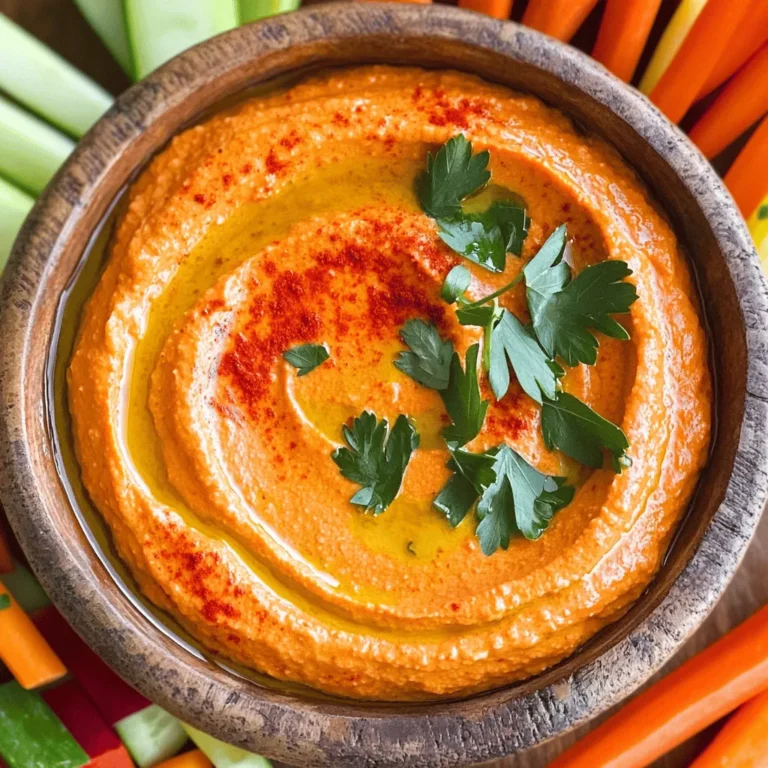 - 2 large red bell peppers - 1 cup cream cheese, softened - 1/2 cup Greek yogurt - 2 cloves garlic, minced - 1 tablespoon lemon juice - 1 teaspoon smoked paprika - Salt and pepper to taste - Fresh parsley, chopped (for garnish) - Cream Cheese alternatives: Use soft tofu or cashew cream for a dairy-free option. - Greek Yogurt options: Plain yogurt or sour cream work well too. - Garlic substitutes: Try garlic powder or roasted garlic for a milder taste. - Vegan options: Replace cream cheese with a vegan cheese spread. Use non-dairy yogurt. - Gluten-free choices: This dip is gluten-free as is. Just check all labels to ensure safety. The right ingredients make this creamy roasted red pepper dip a delight. You can mix and match based on what you have or need. Experimenting with substitutes can lead to tasty surprises. With the full recipe, you can easily whip up this dip. Enjoy the process and the flavors! 1. Oven temperature settings: Start by preheating your oven to 425°F (220°C). This high heat helps to char the peppers well. 2. Preparing the bell peppers: Take two large red bell peppers. Cut each pepper in half, and remove the seeds and stems. Place the halves cut-side down on a baking sheet lined with parchment paper. This helps them roast evenly. 1. Baking time and techniques: Roast the peppers in the preheated oven for about 25 to 30 minutes. Look for the skins to become blistered and charred. This gives the dip a deep, smoky flavor. 2. Steaming for easy peeling: After roasting, move the peppers to a bowl. Cover the bowl with plastic wrap. Let them steam for about 10 minutes. This makes it easy to peel off the skin. 1. Mixing for desired texture: Once the peppers are cool enough, peel off the skins and chop them roughly. In a mixing bowl, combine the chopped roasted peppers with cream cheese, Greek yogurt, minced garlic, lemon juice, smoked paprika, salt, and pepper. 2. Adjusting seasoning: Use a hand mixer or food processor to blend until smooth and creamy. Taste your dip and adjust the seasoning as needed. This step ensures the flavors shine. To get the best flavor, look for peppers that are shiny and firm. They should feel heavy for their size. When roasted, their skins should blister and char. This means they are ready! If you want to roast peppers without an oven, you can use a grill or an air fryer. Both methods give great results and add a nice smoky taste. This dip pairs well with many foods. Try it with crunchy vegetable sticks like carrots and celery. Crispy pita chips or toasted bread also work great. For a fun twist, serve it with grilled chicken or fish. You can even spread it on sandwiches for extra flavor. Get creative and enjoy! To make your dip look amazing, serve it in a nice bowl. Drizzle some olive oil on top for shine. Add a sprinkle of smoked paprika for color. Fresh herbs like parsley can brighten up the dish. Use colorful vegetables around the dip for a beautiful spread. These small touches make a big difference! {{image_2}} To give your dip some heat, try adding jalapeños. Start with one small jalapeño, seeds removed. Chop it finely and mix it in. If you want more warmth, use cayenne pepper or crushed red pepper flakes. These spices can kick up the flavor and spice level. Adjust the amount based on your taste. Herbs can take your dip to the next level. Fresh basil, cilantro, or thyme can add bright notes. To try this, chop a tablespoon of your chosen herb and mix it in. You can also use dried herbs, like oregano or dill. Each herb brings its own unique flavor, enhancing the overall taste of the dip. Experimenting with cheeses can add depth to your dip. Instead of cream cheese, try goat cheese for a tangy twist. For a richer flavor, use mascarpone. You can also mix different cheeses together. Combining cream cheese with feta can give a great taste. Each cheese will change the dip, making it fun to explore. For the best results, check out the Full Recipe to discover the perfect balance of flavors! To keep your creamy roasted red pepper dip fresh, store it in the refrigerator. Use an airtight container to prevent moisture and odors from getting in. Glass containers are great because they do not stain and are easy to clean. You can freeze the dip if you want to save it for later. Just place it in a freezer-safe container. Leave some space at the top, as the dip will expand when frozen. To thaw, move it to the fridge for several hours or overnight. When you’re ready to eat, reheat it gently in the microwave or on the stove. Stir well to get a smooth texture again. The dip lasts about five days in the fridge. If frozen, it can last up to three months. Check for signs of spoilage like off smells or mold. If it looks or smells bad, it’s best to throw it away. Always trust your senses when it comes to food safety. Yes, you can use jarred roasted red peppers. They are convenient and save time. However, jarred peppers may lack the smoky flavor of freshly roasted ones. They can also be a bit softer, which might change the dip's texture. If you choose jarred peppers, make sure to drain them well before using. To scale the recipe, simply increase each ingredient. For example, if you want to serve eight people, double the amounts in the recipe. Keep the ratios the same. This way, you maintain the dip's rich flavor. Mix everything in a larger bowl and blend as usual. Yes, you can serve this dip warm. To warm it, gently heat it in a pot on low heat. Stir often to avoid burning. You can also microwave it for a short time. Just make sure to check it frequently. Serve it warm with bread or chips for a cozy snack. This blog covered how to make a tasty red pepper dip. We explored ingredient options, cooking steps, and storage tips. You learned about substitutes and dietary choices. Different variations help you create unique flavors. Remember to serve it fresh and store it well. Enjoy trying new herbs or spicy twists to keep it fun. With these tips, your dip will delight everyone. Enjoy every bite and get creative in the kitchen!