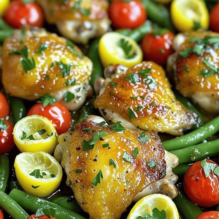 - 4 boneless, skinless chicken thighs - 2 tablespoons olive oil - 3 tablespoons lemon juice (freshly squeezed) - Zest of 1 lemon - 1 teaspoon dried oregano - 1 teaspoon dried thyme - 4 cloves garlic, minced - Salt and pepper to taste - 1 cup cherry tomatoes, halved - 1 cup green beans, trimmed - Fresh parsley for garnish These ingredients work together to create a bright and zesty flavor. The chicken thighs are juicy and tender, while the lemon adds freshness. Cherry tomatoes burst with sweetness, and green beans provide a nice crunch. - Large mixing bowl or zip-top bag - Oven-safe skillet - Measuring spoons and cups Using the right tools helps make the cooking process easier. A mixing bowl allows for easy marinating, while an oven-safe skillet lets you cook everything in one pan. This method saves time and cleanup. Each serving has about 350 calories, 20 grams of fat, 30 grams of protein, and 10 grams of carbohydrates. This dish is not only tasty but also packs a good amount of nutrients. You get protein from the chicken and vitamins from the veggies. To explore how to make this dish step by step, check out the Full Recipe. - Preheat your oven to 400°F (200°C). - In a small bowl, mix together the olive oil, lemon juice, lemon zest, oregano, thyme, minced garlic, salt, and pepper to create a marinade. Marinating the chicken is key for great flavor. You can let it sit for at least 15 minutes at room temperature. For deeper taste, marinate it for up to 2 hours in the fridge. This allows the chicken to soak up all the zesty goodness. Use a large mixing bowl or a zip-top bag to coat the chicken well. The longer you let it marinate, the more flavorful it becomes. After marinating, arrange the chicken in a large oven-safe skillet. Lay it in a single layer. Surround the chicken with the halved cherry tomatoes and trimmed green beans. Pour any leftover marinade over the veggies for extra flavor. Bake the skillet in the preheated oven for 25-30 minutes. Make sure the chicken reaches an internal temperature of 165°F. The vegetables should be tender and bright. Once done, let the skillet rest for 5 minutes before serving. This helps all the juices settle. Enjoy your One Pan Lemon Herb Chicken with a touch of fresh parsley on top for a pop of color! To make the most of your One Pan Lemon Herb Chicken, marinating is key. Use a simple mix of olive oil, lemon juice, herbs, and garlic. Marinate the chicken for at least 15 minutes. For a richer taste, let it sit for up to two hours in the fridge. This helps the chicken soak up all those tasty flavors. After cooking, let your chicken rest for five minutes. This keeps the juices inside, making each bite tender and juicy. To ensure your chicken is juicy and tender, don't overcrowd the skillet. Place the chicken thighs in a single layer. This allows them to cook evenly. Use an oven-safe skillet to make the cooking process simple. Bake at 400°F for about 25-30 minutes. Always check that the chicken reaches 165°F inside. This guarantees it is safe to eat and perfectly cooked. Serve your chicken with sides that complement its bright flavors. Roasted potatoes or a fresh salad work well. You can also add crusty bread to soak up any sauce. For a pop of color, garnish with fresh parsley. A sprinkle of lemon zest adds an extra touch. This makes your meal look as good as it tastes. For the full recipe, check out the detailed instructions. {{image_2}} You can switch up the chicken cuts in this recipe. Try using boneless chicken breasts instead of thighs. If you prefer, you can use skin-on chicken for extra flavor. You might even opt for turkey thighs or a plant-based protein like tofu for a vegetarian twist. For vegetables, cherry tomatoes and green beans work great, but you can get creative! Zucchini, bell peppers, or asparagus make excellent substitutes. Just adjust the cooking time if you pick softer veggies. Want more flavor? Add spices like paprika or red pepper flakes for heat. Smoked paprika gives a nice depth, while red pepper adds a kick. You can also mix in cumin for a warm, earthy note. Changing herbs can also bring new tastes. Instead of oregano and thyme, try rosemary or basil. Fresh herbs can really brighten the dish. Just remember to add them toward the end of cooking for the best flavor. This recipe can cater to different needs. For a gluten-free option, ensure the marinade does not contain any hidden gluten. The ingredients listed are already gluten-free. If you're watching carbs, you can skip the tomatoes and beans. Instead, add cauliflower rice or zucchini noodles. These swaps keep your meal low in carbs while still being delicious. To keep your One Pan Lemon Herb Chicken fresh, store leftovers in an airtight container. This helps lock in flavors and moisture. The dish stays fresh in the fridge for up to three days. Make sure to let it cool before sealing it to avoid condensation. If you want to freeze this meal, follow these steps: - Cool the chicken completely. - Place it in a freezer-safe bag or container. - It can last up to three months in the freezer. When you're ready to eat, take it out and thaw it overnight in the fridge. Reheat it in the oven at 350°F until warm. To keep the chicken tasty, add a splash of lemon juice while reheating. This dish is great for meal prep. You can make it on Sunday for the week ahead. Here are some easy tips: - Portion the chicken and veggies into meal prep containers. - Store them with a side of rice or quinoa for a complete meal. - These portions make it simple to grab and go during busy weekdays. You should marinate the chicken for at least 15 minutes. If you want more flavor, let it sit for up to 2 hours in the fridge. This longer time allows the chicken to soak up all the tasty lemon and herb flavors. Yes, you can use bone-in chicken thighs. Just remember that they will take longer to cook. Make sure the internal temperature reaches 165°F to ensure they are safe to eat. The bone adds great flavor and keeps the meat juicy, but adjust your cooking time to 30-40 minutes. If you don't have green beans, you can use other veggies. Good options include asparagus, broccoli, or snap peas. Each will bring its own taste and texture, making the dish unique. Just cut them to a similar size so they cook evenly. Yes, this recipe is perfect for meal prep. You can cook a larger batch and store it in the fridge. Keep the chicken and veggies in airtight containers. They will last for up to four days. Reheat them in the oven or microwave when you're ready to eat. Enjoy a quick, tasty meal on busy days! This blog post outlined a simple and tasty chicken recipe. You learned about key ingredients, tools, and step-by-step cooking instructions. We also discussed flavor tips and variations based on your needs. Storing leftovers and meal prep ideas were covered to help you enjoy this dish later. Use this recipe to impress at dinner or save time with meal prep. Cooking can be fun and easy! Enjoy your culinary journeys, and happy cooking!