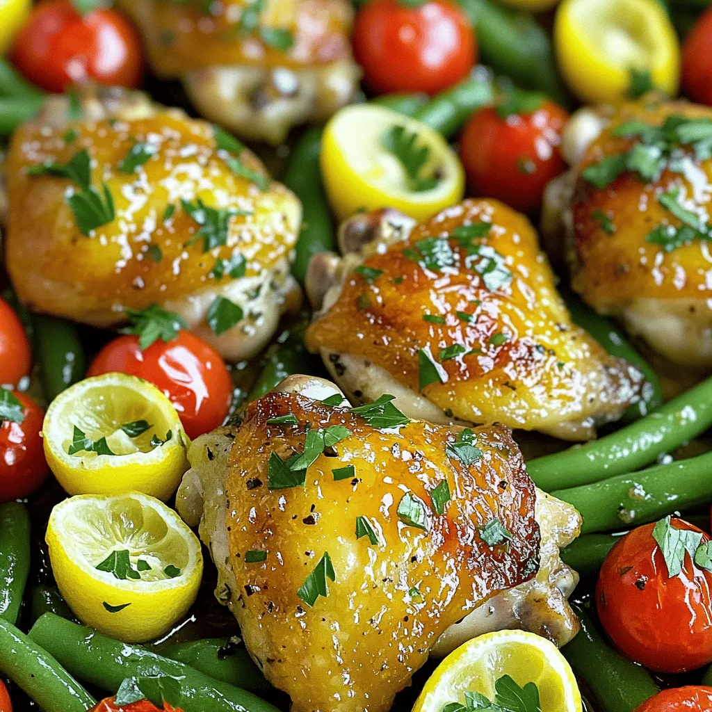 - 4 boneless, skinless chicken thighs - 2 tablespoons olive oil - 3 tablespoons lemon juice (freshly squeezed) - Zest of 1 lemon - 1 teaspoon dried oregano - 1 teaspoon dried thyme - 4 cloves garlic, minced - Salt and pepper to taste - 1 cup cherry tomatoes, halved - 1 cup green beans, trimmed - Fresh parsley for garnish These ingredients work together to create a bright and zesty flavor. The chicken thighs are juicy and tender, while the lemon adds freshness. Cherry tomatoes burst with sweetness, and green beans provide a nice crunch. - Large mixing bowl or zip-top bag - Oven-safe skillet - Measuring spoons and cups Using the right tools helps make the cooking process easier. A mixing bowl allows for easy marinating, while an oven-safe skillet lets you cook everything in one pan. This method saves time and cleanup. Each serving has about 350 calories, 20 grams of fat, 30 grams of protein, and 10 grams of carbohydrates. This dish is not only tasty but also packs a good amount of nutrients. You get protein from the chicken and vitamins from the veggies. To explore how to make this dish step by step, check out the Full Recipe. - Preheat your oven to 400°F (200°C). - In a small bowl, mix together the olive oil, lemon juice, lemon zest, oregano, thyme, minced garlic, salt, and pepper to create a marinade. Marinating the chicken is key for great flavor. You can let it sit for at least 15 minutes at room temperature. For deeper taste, marinate it for up to 2 hours in the fridge. This allows the chicken to soak up all the zesty goodness. Use a large mixing bowl or a zip-top bag to coat the chicken well. The longer you let it marinate, the more flavorful it becomes. After marinating, arrange the chicken in a large oven-safe skillet. Lay it in a single layer. Surround the chicken with the halved cherry tomatoes and trimmed green beans. Pour any leftover marinade over the veggies for extra flavor. Bake the skillet in the preheated oven for 25-30 minutes. Make sure the chicken reaches an internal temperature of 165°F. The vegetables should be tender and bright. Once done, let the skillet rest for 5 minutes before serving. This helps all the juices settle. Enjoy your One Pan Lemon Herb Chicken with a touch of fresh parsley on top for a pop of color! To make the most of your One Pan Lemon Herb Chicken, marinating is key. Use a simple mix of olive oil, lemon juice, herbs, and garlic. Marinate the chicken for at least 15 minutes. For a richer taste, let it sit for up to two hours in the fridge. This helps the chicken soak up all those tasty flavors. After cooking, let your chicken rest for five minutes. This keeps the juices inside, making each bite tender and juicy. To ensure your chicken is juicy and tender, don't overcrowd the skillet. Place the chicken thighs in a single layer. This allows them to cook evenly. Use an oven-safe skillet to make the cooking process simple. Bake at 400°F for about 25-30 minutes. Always check that the chicken reaches 165°F inside. This guarantees it is safe to eat and perfectly cooked. Serve your chicken with sides that complement its bright flavors. Roasted potatoes or a fresh salad work well. You can also add crusty bread to soak up any sauce. For a pop of color, garnish with fresh parsley. A sprinkle of lemon zest adds an extra touch. This makes your meal look as good as it tastes. For the full recipe, check out the detailed instructions. {{image_2}} You can switch up the chicken cuts in this recipe. Try using boneless chicken breasts instead of thighs. If you prefer, you can use skin-on chicken for extra flavor. You might even opt for turkey thighs or a plant-based protein like tofu for a vegetarian twist. For vegetables, cherry tomatoes and green beans work great, but you can get creative! Zucchini, bell peppers, or asparagus make excellent substitutes. Just adjust the cooking time if you pick softer veggies. Want more flavor? Add spices like paprika or red pepper flakes for heat. Smoked paprika gives a nice depth, while red pepper adds a kick. You can also mix in cumin for a warm, earthy note. Changing herbs can also bring new tastes. Instead of oregano and thyme, try rosemary or basil. Fresh herbs can really brighten the dish. Just remember to add them toward the end of cooking for the best flavor. This recipe can cater to different needs. For a gluten-free option, ensure the marinade does not contain any hidden gluten. The ingredients listed are already gluten-free. If you're watching carbs, you can skip the tomatoes and beans. Instead, add cauliflower rice or zucchini noodles. These swaps keep your meal low in carbs while still being delicious. To keep your One Pan Lemon Herb Chicken fresh, store leftovers in an airtight container. This helps lock in flavors and moisture. The dish stays fresh in the fridge for up to three days. Make sure to let it cool before sealing it to avoid condensation. If you want to freeze this meal, follow these steps: - Cool the chicken completely. - Place it in a freezer-safe bag or container. - It can last up to three months in the freezer. When you're ready to eat, take it out and thaw it overnight in the fridge. Reheat it in the oven at 350°F until warm. To keep the chicken tasty, add a splash of lemon juice while reheating. This dish is great for meal prep. You can make it on Sunday for the week ahead. Here are some easy tips: - Portion the chicken and veggies into meal prep containers. - Store them with a side of rice or quinoa for a complete meal. - These portions make it simple to grab and go during busy weekdays. You should marinate the chicken for at least 15 minutes. If you want more flavor, let it sit for up to 2 hours in the fridge. This longer time allows the chicken to soak up all the tasty lemon and herb flavors. Yes, you can use bone-in chicken thighs. Just remember that they will take longer to cook. Make sure the internal temperature reaches 165°F to ensure they are safe to eat. The bone adds great flavor and keeps the meat juicy, but adjust your cooking time to 30-40 minutes. If you don't have green beans, you can use other veggies. Good options include asparagus, broccoli, or snap peas. Each will bring its own taste and texture, making the dish unique. Just cut them to a similar size so they cook evenly. Yes, this recipe is perfect for meal prep. You can cook a larger batch and store it in the fridge. Keep the chicken and veggies in airtight containers. They will last for up to four days. Reheat them in the oven or microwave when you're ready to eat. Enjoy a quick, tasty meal on busy days! This blog post outlined a simple and tasty chicken recipe. You learned about key ingredients, tools, and step-by-step cooking instructions. We also discussed flavor tips and variations based on your needs. Storing leftovers and meal prep ideas were covered to help you enjoy this dish later. Use this recipe to impress at dinner or save time with meal prep. Cooking can be fun and easy! Enjoy your culinary journeys, and happy cooking!