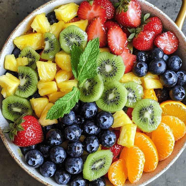 - 1 cup blueberries - 1 cup strawberries, hulled and sliced - 1 cup pineapple, diced - 1 cup kiwi, peeled and sliced - 1 cup orange segments - 3 tablespoons honey - 2 tablespoons fresh lime juice - Zest of 1 lime - Fresh mint leaves for garnish (optional) This salad shines because of its bright, fresh fruits. Each fruit adds its own flavor and texture. Blueberries burst with sweetness. Strawberries bring a slight tartness. Pineapple offers a tropical twist, while kiwi adds a fun, tangy bite. Orange segments add juiciness and zest. To make this dish, you need simple ingredients. You can find them easily at local markets or grocery stores. Fresh, ripe fruits work best, bringing out their natural sweetness. Honey and lime juice blend smoothly, making a delightful dressing. The lime zest adds an extra kick, enhancing the taste. If you like mint, use it as a garnish. It gives a fresh aroma and looks pretty. This fruit salad is easy to make and perfect for any meal. You can serve it at brunch, a picnic, or as a dessert. The bright colors and flavors will impress your guests. For the full recipe, follow the steps ahead! Start with the fruit prep. First, rinse the blueberries under cold water. This removes dirt and keeps them fresh. Next, hull and slice the strawberries. Cut off the green tops, then slice them into thin pieces. Dice the pineapple into small cubes. For the kiwi, peel the skin and slice it into rounds. Finally, segment the oranges by cutting away the peel and pith, leaving the juicy fruit. This gives a bright pop of color to your salad. In a small bowl, it's time to make the dressing. Whisk together three tablespoons of honey, two tablespoons of fresh lime juice, and the zest of one lime. Mix until the honey dissolves completely. This honey-lime dressing adds sweetness and tang to the fruit. Now, let’s combine everything. Toss all the prepared fruits in a large bowl. Drizzle the honey-lime mixture over the fruit. Gently toss everything together, making sure every piece of fruit gets some dressing. This step is key for flavor. Allow the salad to sit for about 10-15 minutes. This lets the flavors meld together, making each bite burst with taste. Enjoy your refreshing and simple delight! For the full recipe, check [Full Recipe]. - Use ripe fruits for optimal flavor: Ripe fruits taste better and add natural sweetness. Check the color and feel of each fruit. A soft touch means it’s ready to eat. - Adjust honey based on sweetness preference: If you like your fruit salad sweeter, add more honey. If you prefer less sugar, use less honey. This lets you control the taste. - Pre-cut fruits ahead of time: Save time by cutting your fruits the night before. Store them in the fridge for easy assembly. This makes preparing the salad a breeze. - Use a serrated knife for strawberries: A serrated knife makes cutting strawberries easy. It prevents squishing and keeps your fruit looking nice. This simple trick helps you get clean cuts with less mess. For the full recipe, check out the detailed steps to create this delicious dish! {{image_2}} You can easily change the honey lime fruit salad to fit your taste. Here are some fun ideas: - Adding other seasonal fruits: Try using peaches, cherries, or watermelon! These fruits bring their own sweet flavors. You can mix and match based on what you have. The salad will still taste great with your choices. - Incorporating nuts for crunch: Adding nuts can give your salad a nice texture. Almonds, walnuts, or pecans work well. Chop them up and sprinkle them on top before serving. This adds a tasty crunch to each bite. You can also turn this fruit salad into a full meal. Here are some easy additions: - Adding yogurt for creaminess: A dollop of yogurt can make your salad creamy. Use Greek yogurt for extra protein. Just mix it in or serve it on the side for a nice touch. - Pairing with granola for a breakfast option: Granola adds a crunchy bite and helps fill you up. Just sprinkle some on top. This makes a great breakfast or snack that is both tasty and healthy. Feel free to explore these variations to find your perfect blend. You can always refer to the Full Recipe for guidance on the base salad. To keep your Honey Lime Fruit Salad fresh, you should store leftovers in an airtight container. This helps prevent moisture loss and keeps the flavors intact. Always keep it refrigerated to maintain its taste and texture. If you have extra mint leaves, add them just before serving to keep them fresh. For the best taste, consume your fruit salad within 2-3 days. After this time, the fruits may lose their crispness and flavor. You want to enjoy the salad at its peak freshness, so make sure to eat it within this window. If you notice any changes in color or texture, it's best to toss it out. Yes, you can use many fruits in this salad. Try mango, grapes, or peaches. Each fruit adds its own flavor. You can mix and match based on what you like. Seasonal fruits taste best. Feel free to get creative! To keep fruits fresh, use lemon juice. A little lemon juice on cut fruit helps slow browning. Store fruits in airtight containers to keep them fresh. Keeping them cool also helps. Remember to add the dressing right before serving. Yes, you can make this salad ahead of time. Prepare the fruits and dressing separately. Mix them just before you eat. This keeps the salad fresh and crisp. It’s great for lunch or a snack later. For the full recipe, check out the link above! This blog post shares how to make a delicious fruit salad. We covered the best ingredients, from berries to citrus. You learned how to prepare each fruit and mix in a tasty dressing. We also explored tips for easy prep and ways to customize your salad. Don’t forget to store leftovers properly for the best taste. Whether adding yogurt or nuts, feel free to make it your own. Dive in and enjoy this fresh, healthy treat!