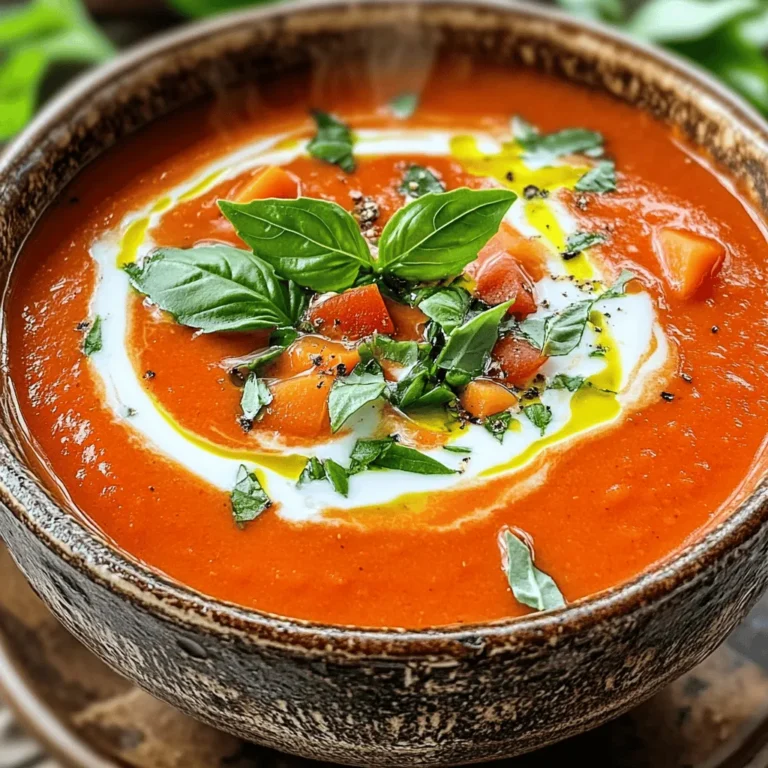 To make a great homemade tomato soup, you need some key ingredients that bring flavor and depth. Here’s what you should gather: - 6 ripe tomatoes, chopped - 1 medium onion, finely chopped - 3 cloves garlic, minced - 1 carrot, peeled and diced - 2 cups vegetable broth - 1 cup coconut milk (or heavy cream for a richer taste) - 1 tablespoon olive oil - 1 teaspoon dried basil - 1 teaspoon sugar - Salt and pepper to taste - Fresh basil leaves for garnish These ingredients work together to create a rich and warm soup. The tomatoes give a fresh taste, while the coconut milk adds creaminess. You can adjust the soup based on what is in season. In summer, use fresh garden tomatoes for a sweeter flavor. In fall, add roasted peppers or pumpkin for a cozy touch. Winter is perfect for using canned tomatoes when fresh ones are hard to find. You can also mix in seasonal herbs like thyme or rosemary to change the flavor profile. Having the right tools makes cooking easier. Here are some things I recommend: - A large pot for cooking the soup - A wooden spoon for stirring - A sharp knife for chopping - A cutting board for prep - An immersion blender for pureeing (or a regular blender) - Measuring cups and spoons for accuracy These tools help you create a smooth and tasty soup. Each one plays a role in ensuring your cooking process is simple and efficient. For the complete guide to this recipe, check out the Full Recipe. Start by gathering your ingredients. You will need: - 6 ripe tomatoes, chopped - 1 medium onion, finely chopped - 3 cloves garlic, minced - 1 carrot, peeled and diced - 2 cups vegetable broth - 1 cup coconut milk (or heavy cream for a richer taste) - 1 tablespoon olive oil - 1 teaspoon dried basil - 1 teaspoon sugar - Salt and pepper to taste - Fresh basil leaves for garnish Wash your tomatoes well. Chop them into small pieces. Next, finely chop the onion and garlic. Peel and dice the carrot into small bits. Heat the olive oil in a large pot over medium heat. Add the chopped onion and minced garlic. Cook until they turn soft and clear, about 5 minutes. This step adds great flavor to your soup. Now, stir in the diced carrot. Cook for another 3 to 4 minutes. You want the carrot to soften a bit, but not mushy. Then, add the chopped tomatoes, vegetable broth, dried basil, and sugar. Bring the mixture to a simmer. Cover the pot and let it cook for about 20 minutes. This allows the tomatoes and carrots to soften completely. After cooking, use an immersion blender to puree the soup until smooth. If you don’t have one, transfer the soup in batches to a blender. Blend until creamy. Return the soup to the pot over low heat. Stir in the coconut milk and season with salt and pepper to taste. Heat through for another 5 minutes. Serve your homemade tomato soup hot. Use large bowls for a cozy feel. For a nice touch, add a swirl of coconut milk on top. Sprinkle some freshly chopped basil for color and flavor. Enjoy with a slice of crusty bread or a grilled cheese sandwich for a comforting meal. This recipe, known as Heavenly Creamy Tomato Soup, is both simple and satisfying. To make your soup taste great, you can add a few simple things. Fresh herbs, like basil or thyme, can boost the flavor. You can also squeeze some lemon juice for brightness. If you like spice, a pinch of red pepper flakes adds heat. Roasting the tomatoes before cooking can deepen their taste. Use good quality broth; it makes a big difference in flavor. When making tomato soup, avoid using unripe tomatoes. They can taste sour and not sweet. Don't skip the sugar; it balances the acidity from the tomatoes. Overcooking can lead to a dull flavor, so keep an eye on the time. If you blend too long, your soup can become too thin. Make sure to season well with salt and pepper to bring out all the flavors. Tomato soup pairs well with many sides. A classic choice is a grilled cheese sandwich. The crunch and cheese complement the soup nicely. You could also serve it with crusty bread for dipping. A side salad with fresh greens adds a nice touch. For a fun twist, try serving it with crispy bacon bits on top. Enjoy your comforting meal! {{image_2}} To make a creamy tomato soup, you should add coconut milk or heavy cream. This gives the soup a rich flavor and smooth texture. Start with the basic recipe. Once you blend the soup, stir in the coconut milk. Heat it gently for a few minutes. You can also sprinkle some cheese on top before serving for extra creaminess. For a vegan version, just skip the coconut milk and heavy cream. Use vegetable broth as your base. Instead of cream, you can blend in some soaked cashews for a creamy feel. This gives the soup a nice body without dairy. You can also add extra veggies like bell peppers or zucchini for more nutrients and flavor. If you like heat, try adding some spices. A pinch of red pepper flakes or a dash of hot sauce can spice things up. You can also toss in diced jalapeños when cooking the onions. This will give your soup a nice kick without overpowering the tomato flavor. Serve it with a dollop of sour cream to cool it down a bit. For more ideas, check out the Full Recipe. Store your leftover soup in a container with a tight lid. Make sure it cools down first. Place it in the fridge if you plan to eat it within a few days. It stays fresh for about three to four days. If you want to keep it longer, freezing is best. When you are ready to enjoy your soup again, use a pot for the best taste. Pour the soup in and heat it over low to medium heat. Stir it often to prevent sticking. You can also use a microwave. Heat it in short bursts, stirring in between. Make sure it gets hot all the way through. To freeze tomato soup, cool it completely first. Then, pour it into freezer-safe bags or containers. Leave some space at the top, as the soup expands when frozen. Label the bags with the date. It keeps well for up to three months. When you want some, just thaw it overnight in the fridge and reheat. For the full recipe, check the details above. Yes, you can use canned tomatoes for this recipe. They work well when fresh tomatoes are not in season. Look for whole or diced canned tomatoes. Just drain them and add them to the pot. This will save you time and still give you great flavor. Homemade tomato soup lasts about 5 days in the fridge. Make sure to store it in an airtight container. Before serving, just heat it on the stove or in the microwave. If you want to keep it longer, consider freezing it. You can serve many things with tomato soup. Grilled cheese is a classic choice. It pairs well with crusty bread or a fresh salad. For a fun twist, try adding some croutons or a sprinkle of cheese on top. Each option enhances the comforting taste of the soup. For the complete recipe, check out the Full Recipe link. Homemade tomato soup is simple and rewarding. We explored key ingredients and cooking tools. You learned how to prepare, cook, and serve this comforting dish. I shared tips for better flavors and common mistakes to avoid. We also discussed tasty variations and storage tips for later enjoyment. Homemade tomato soup brings warmth and joy to any meal. Now, you can create your own perfect bowl! Enjoy each spoonful and make it your own.