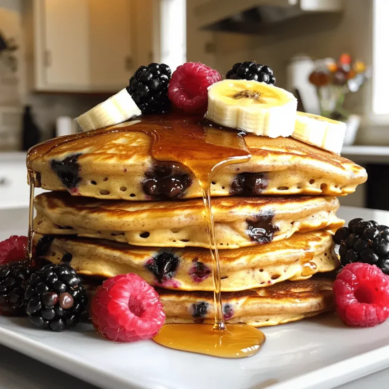 This recipe for chocolate chip pancakes is simple and quick. You can whip it up in about 20 minutes. The pancakes are fluffy and packed with tasty chocolate chips. They make a great breakfast or snack. Here are the main ingredients you will need: - 1 cup all-purpose flour - 2 tablespoons sugar - 1 tablespoon baking powder - 1/2 teaspoon baking soda - 1/4 teaspoon salt - 1 cup buttermilk (or regular milk with 1 tablespoon vinegar) - 1 large egg - 2 tablespoons melted butter (plus extra for cooking) - 1/2 teaspoon vanilla extract - 1/2 cup chocolate chips These ingredients blend perfectly to create soft, sweet pancakes. You can make your pancakes even better with some fun toppings. Consider these options: - Fresh berries - Banana slices - Maple syrup These toppings add color, flavor, and extra joy to your meal. Enjoy mixing and matching to find your favorite combinations! 1. Start by gathering all your ingredients. This helps you stay organized. 2. In a medium bowl, mix the dry ingredients: flour, sugar, baking powder, baking soda, and salt. Whisk until they blend well. 3. In another bowl, combine the wet ingredients: buttermilk, egg, melted butter, and vanilla. Stir until smooth. 4. Pour the wet mix into the dry mix. Fold gently until just combined. A few lumps are okay; don’t overmix. 5. Carefully add the chocolate chips into the batter. 1. Heat a non-stick skillet or griddle over medium heat. Add a little butter to the pan. 2. Once hot, pour about 1/4 cup of batter for each pancake. 3. Wait until bubbles form on the surface. The edges should look set, usually after 2-3 minutes. 4. Flip the pancake and cook for another 1-2 minutes. They should turn golden brown. 5. Remove the pancakes and keep them warm. Repeat with the remaining batter. - Use fresh ingredients for the best flavor. - Avoid overmixing; it can make the pancakes tough. - Make sure your skillet is at the right heat. Too hot can burn them, too low can make them soggy. - Keep the pancakes warm in a low oven while cooking the rest. - Serve them with fresh berries or banana slices for an extra treat. - For a full recipe, check out the Chocolate Chip Pancake Delight section above. When making chocolate chip pancakes, avoid common pitfalls. One big mistake is overmixing the batter. This makes pancakes tough. Gently mix until just combined. It’s okay to have lumps. Another mistake is cooking at too high a heat. This can burn the outside while leaving the inside raw. Keep the heat medium for even cooking. Lastly, don't skip the melted butter. It adds flavor and helps with texture. To make fluffy pancakes, use fresh baking powder. Old baking powder loses its power. Also, separate the wet and dry ingredients. Mix them just before cooking. Letting the batter sit too long can make it dense. For extra fluffiness, add a bit of baking soda. The bubbles help lift the pancakes. Use buttermilk or add vinegar to regular milk for a light texture. Serve your chocolate chip pancakes warm. You can add fresh berries or banana slices on top. A drizzle of maple syrup makes them even better. For a twist, try whipped cream or a scoop of ice cream. You can also sprinkle nuts or coconut for added crunch. Enjoy these treats as breakfast or dessert! Check out the Full Recipe to get started. {{image_2}} You can easily make gluten-free chocolate chip pancakes. Just use a gluten-free flour blend. Make sure the blend has xanthan gum for better texture. Follow the same steps from the Full Recipe. These pancakes will be fluffy and tasty, just like the original. If you want vegan chocolate chip pancakes, swap a few ingredients. Use almond milk or oat milk instead of dairy milk. Replace the egg with a flax egg, which you make by mixing one tablespoon of ground flaxseed with three tablespoons of water. Let it sit for five minutes to thicken. Use coconut oil instead of butter. Again, follow the same steps from the Full Recipe. You will enjoy a light and yummy pancake! Add unique flavors to your pancakes for fun twists. Try mixing in a teaspoon of cinnamon for warmth. You can also use dark chocolate chips or white chocolate chips for different tastes. For a fruity twist, fold in fresh blueberries or sliced strawberries. These small changes can make your pancakes exciting and delicious! After a fun breakfast, you might have some pancakes left. To store them, let the pancakes cool down first. Once cool, stack them with a piece of parchment paper in between each pancake. This step keeps them from sticking together. Place the stack in an airtight container. You can store them in the fridge for up to three days. When you're ready to eat those leftover pancakes, you have a few options. The best way is to use a skillet. Heat it over medium heat and add a bit of butter. Place your pancake in the skillet for about one minute on each side. This method keeps them soft and tasty. You can also use a microwave. Place the pancake on a plate and cover it with a damp paper towel. Heat for about 20-30 seconds. Freezing pancakes is easy and great for quick meals. To freeze, follow these steps: first, let the pancakes cool completely. Then, stack them with parchment paper in between. This keeps them from freezing as one solid block. Next, place the stack in a freezer-safe bag or container. You can freeze them for up to two months. When you want one, just reheat it using the instructions above. This makes breakfast a breeze! For the full recipe, check out the section above. Yes, you can make chocolate chip pancakes without buttermilk. If you don’t have buttermilk, use regular milk. Just add one tablespoon of vinegar to the milk. Let it sit for five minutes. This will give you a similar tangy flavor. It’s an easy swap that works great! You can tell your pancakes are done when bubbles form on the surface. Look for the edges to look set and a bit dry. This usually takes about 2-3 minutes on one side. When you flip them, cook for another 1-2 minutes until golden brown. A perfectly cooked pancake has a slight bounce when you press it. If you don’t have chocolate chips, there are many tasty options. You can use chopped nuts like walnuts or pecans. Dried fruit like raisins or cranberries also works well. For a fun twist, try adding peanut butter chips or white chocolate. Your pancakes will still taste amazing! In this post, we explored how to make delicious chocolate chip pancakes. We covered the key ingredients and optional toppings to enhance flavor. The step-by-step instructions guide you through preparations and cooking. I shared tips for avoiding common mistakes and achieving fluffy results. You can also try gluten-free or vegan variations. Lastly, I discussed storage and reheating for leftovers and answered common questions. Now, you're ready to enjoy homemade pancakes anytime! Happy cooking!
