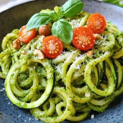- 300g pasta of your choice - 2 medium zucchinis - 1 cup fresh basil leaves - 1/2 cup walnuts or pine nuts - 2 cloves garlic - 1/2 cup grated Parmesan cheese or nutritional yeast - 1/4 cup extra virgin olive oil - Salt and pepper to taste - Cherry tomatoes and additional basil for garnish When making Zucchini Pesto Pasta, you need simple and fresh ingredients. The pasta acts as the base, and you can choose spaghetti or penne. The zucchinis add a nice crunch and lightness. Fresh basil is key for that vibrant pesto flavor. You can use walnuts or pine nuts to create a creamy texture. Garlic gives a punch, while Parmesan cheese enhances the taste. Extra virgin olive oil helps blend everything smoothly. Don't forget to season with salt and pepper. For garnish, cherry tomatoes and extra basil make your dish pop with color. - Large pot - Non-stick skillet - Food processor - Measuring cups and spoons You will need a few tools to prepare this dish. A large pot is essential for boiling the pasta. A non-stick skillet helps cook the zucchini without sticking. A food processor is a must for making that smooth pesto. Lastly, measuring cups and spoons will ensure you get the right amounts. Having the right equipment makes cooking easier and more fun! For the full recipe, check the details above. - Bring a large pot of salted water to a boil. - Add 300g of your favorite pasta. Cook it as per the package instructions. - Once done, reserve 1 cup of pasta water. Drain the rest and set aside. - While the pasta cooks, heat a non-stick skillet over medium heat. - Add 2 medium zucchinis, spiralized or sliced. Sauté for 3-4 minutes until tender. - In a food processor, combine 1 cup fresh basil leaves, 1/2 cup walnuts, and 2 cloves minced garlic. - Add 1/2 cup grated Parmesan cheese. Pulse until finely chopped. - With the processor running, slowly drizzle in 1/4 cup extra virgin olive oil. Blend until it’s smooth. - In the same pot you used for the pasta, combine the drained pasta, sautéed zucchini, and the fresh pesto. - Toss everything gently until well mixed. If it seems dry, add some reserved pasta water. Adjust it to your liking. This Zucchini Pesto Pasta is a fresh and flavorful delight. You can find the full recipe above for more details! To make smooth pesto, use a good food processor. Start with the dry ingredients first. Pulse the basil, nuts, and garlic until finely chopped. This method helps prevent lumps. When adding olive oil, drizzle it in slowly while the processor runs. This creates a creamy texture. If your pesto is too thick, add a tablespoon of reserved pasta water. This helps reach the right consistency. To adjust the flavor, taste as you go. If you want a stronger garlic flavor, add another clove. For a nuttier taste, toss in more walnuts or pine nuts. Adding lemon juice brightens the flavor too. A pinch of salt can also enhance the taste of your pesto. When cooking zucchini, you want to keep its shape and texture. Start by heating a non-stick skillet over medium heat. Add the zucchini and sauté for just 3-4 minutes. Stir gently, so the pieces stay crisp. Overcooking can lead to mushy zucchini, which ruins the dish. To prevent excess moisture, make sure to pat the zucchini dry before cooking. If you notice water pooling in the pan, drain it off. This keeps your pasta from becoming watery. You want every bite to be full of flavor. For a beautiful presentation, garnish your dish with halved cherry tomatoes. Their sweetness offsets the pesto's richness. Add extra basil leaves for a fresh touch. You can also sprinkle more Parmesan cheese on top for depth. Pair this dish with a simple green salad or crusty bread. A light white wine, like Pinot Grigio, complements the flavors nicely. This makes your meal feel complete and satisfying. For the full recipe, don't forget to check out the instructions above! {{image_2}} You can make your Zucchini Pesto Pasta more filling by adding protein. Chicken, shrimp, or tofu work well. For chicken, grill or sauté it until cooked through. Shrimp cooks quickly, so add it to the pan for just a few minutes. If using tofu, press it to remove excess moisture, then sauté until golden. Remember to adjust cooking times based on the protein you choose. This way, everything will come together perfectly. For a vegan twist, you can swap out the cheese. Use nutritional yeast for a cheesy flavor without dairy. Mashed avocado can also add creaminess. You might consider adding sun-dried tomatoes for extra taste. These swaps keep the dish plant-based while still being tasty and satisfying. Don't feel limited to traditional pasta. Explore gluten-free options like rice or quinoa pasta. Whole grain pasta is another great choice, adding more fiber. You can also try spiralized vegetables, like zucchini or carrots, for a fun twist. Each option can bring a new flavor and texture to your Zucchini Pesto Pasta. To keep your zucchini pesto pasta fresh, store it in an airtight container. Place it in the fridge right after it cools down. This helps stop bacteria growth. The dish stays fresh for about 3 to 4 days. Make sure to check for any signs of spoilage before reheating. You can freeze portions of zucchini pesto pasta for later. First, let the pasta cool completely. Then, place it in freezer-safe bags or containers. Remove as much air as possible to avoid freezer burn. This dish can last up to 2 months in the freezer. When you’re ready to eat, thaw it overnight in the fridge. To reheat, warm it gently in a pot over low heat. Add a splash of olive oil or a bit of reserved pasta water. This keeps the dish creamy and full of flavor. Enjoy! Making Zucchini Pesto Pasta takes about 30 minutes in total. You spend 10 minutes prepping and 20 minutes cooking. This quick recipe is perfect for busy nights. Yes, you can use different nuts for the pesto. Pine nuts are a great choice and give a classic flavor. You can also try cashews or almonds. Just remember to adjust the taste as needed. You can add many veggies to this dish. Consider cherry tomatoes for sweetness. Spinach or kale can add nutrients and color. Bell peppers or peas can also enhance the flavor. This recipe works well for meal prep. Cook the pasta and make the pesto ahead. Store them in separate containers. Just reheat and mix them together when ready to eat. This pasta pairs well with a crisp salad or garlic bread. Try a side of roasted veggies for extra flavor. You can also serve it with grilled chicken or fish for a hearty meal. For the full recipe, check out the instructions above. You’ve learned how to make a tasty Zucchini Pesto Pasta. We covered essential ingredients, cooking steps, and tips to improve your dish. Remember to adjust flavors and feel free to add protein or vegetables. This meal is great for leftovers and meal prep too. Enjoy creating this quick, healthy dish that can impress anyone at the table. Happy cooking!