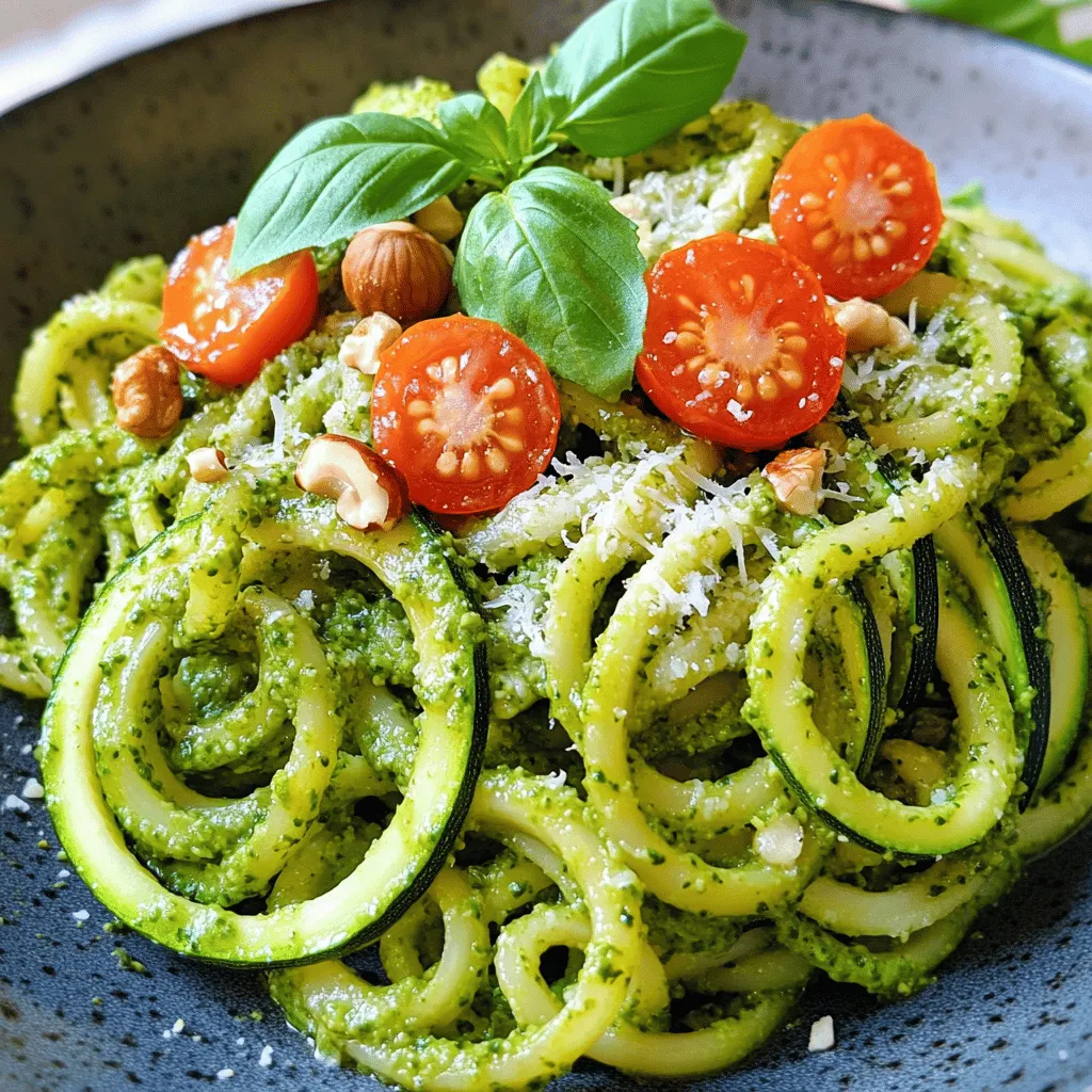 - 300g pasta of your choice - 2 medium zucchinis - 1 cup fresh basil leaves - 1/2 cup walnuts or pine nuts - 2 cloves garlic - 1/2 cup grated Parmesan cheese or nutritional yeast - 1/4 cup extra virgin olive oil - Salt and pepper to taste - Cherry tomatoes and additional basil for garnish When making Zucchini Pesto Pasta, you need simple and fresh ingredients. The pasta acts as the base, and you can choose spaghetti or penne. The zucchinis add a nice crunch and lightness. Fresh basil is key for that vibrant pesto flavor. You can use walnuts or pine nuts to create a creamy texture. Garlic gives a punch, while Parmesan cheese enhances the taste. Extra virgin olive oil helps blend everything smoothly. Don't forget to season with salt and pepper. For garnish, cherry tomatoes and extra basil make your dish pop with color. - Large pot - Non-stick skillet - Food processor - Measuring cups and spoons You will need a few tools to prepare this dish. A large pot is essential for boiling the pasta. A non-stick skillet helps cook the zucchini without sticking. A food processor is a must for making that smooth pesto. Lastly, measuring cups and spoons will ensure you get the right amounts. Having the right equipment makes cooking easier and more fun! For the full recipe, check the details above. - Bring a large pot of salted water to a boil. - Add 300g of your favorite pasta. Cook it as per the package instructions. - Once done, reserve 1 cup of pasta water. Drain the rest and set aside. - While the pasta cooks, heat a non-stick skillet over medium heat. - Add 2 medium zucchinis, spiralized or sliced. Sauté for 3-4 minutes until tender. - In a food processor, combine 1 cup fresh basil leaves, 1/2 cup walnuts, and 2 cloves minced garlic. - Add 1/2 cup grated Parmesan cheese. Pulse until finely chopped. - With the processor running, slowly drizzle in 1/4 cup extra virgin olive oil. Blend until it’s smooth. - In the same pot you used for the pasta, combine the drained pasta, sautéed zucchini, and the fresh pesto. - Toss everything gently until well mixed. If it seems dry, add some reserved pasta water. Adjust it to your liking. This Zucchini Pesto Pasta is a fresh and flavorful delight. You can find the full recipe above for more details! To make smooth pesto, use a good food processor. Start with the dry ingredients first. Pulse the basil, nuts, and garlic until finely chopped. This method helps prevent lumps. When adding olive oil, drizzle it in slowly while the processor runs. This creates a creamy texture. If your pesto is too thick, add a tablespoon of reserved pasta water. This helps reach the right consistency. To adjust the flavor, taste as you go. If you want a stronger garlic flavor, add another clove. For a nuttier taste, toss in more walnuts or pine nuts. Adding lemon juice brightens the flavor too. A pinch of salt can also enhance the taste of your pesto. When cooking zucchini, you want to keep its shape and texture. Start by heating a non-stick skillet over medium heat. Add the zucchini and sauté for just 3-4 minutes. Stir gently, so the pieces stay crisp. Overcooking can lead to mushy zucchini, which ruins the dish. To prevent excess moisture, make sure to pat the zucchini dry before cooking. If you notice water pooling in the pan, drain it off. This keeps your pasta from becoming watery. You want every bite to be full of flavor. For a beautiful presentation, garnish your dish with halved cherry tomatoes. Their sweetness offsets the pesto's richness. Add extra basil leaves for a fresh touch. You can also sprinkle more Parmesan cheese on top for depth. Pair this dish with a simple green salad or crusty bread. A light white wine, like Pinot Grigio, complements the flavors nicely. This makes your meal feel complete and satisfying. For the full recipe, don't forget to check out the instructions above! {{image_2}} You can make your Zucchini Pesto Pasta more filling by adding protein. Chicken, shrimp, or tofu work well. For chicken, grill or sauté it until cooked through. Shrimp cooks quickly, so add it to the pan for just a few minutes. If using tofu, press it to remove excess moisture, then sauté until golden. Remember to adjust cooking times based on the protein you choose. This way, everything will come together perfectly. For a vegan twist, you can swap out the cheese. Use nutritional yeast for a cheesy flavor without dairy. Mashed avocado can also add creaminess. You might consider adding sun-dried tomatoes for extra taste. These swaps keep the dish plant-based while still being tasty and satisfying. Don't feel limited to traditional pasta. Explore gluten-free options like rice or quinoa pasta. Whole grain pasta is another great choice, adding more fiber. You can also try spiralized vegetables, like zucchini or carrots, for a fun twist. Each option can bring a new flavor and texture to your Zucchini Pesto Pasta. To keep your zucchini pesto pasta fresh, store it in an airtight container. Place it in the fridge right after it cools down. This helps stop bacteria growth. The dish stays fresh for about 3 to 4 days. Make sure to check for any signs of spoilage before reheating. You can freeze portions of zucchini pesto pasta for later. First, let the pasta cool completely. Then, place it in freezer-safe bags or containers. Remove as much air as possible to avoid freezer burn. This dish can last up to 2 months in the freezer. When you’re ready to eat, thaw it overnight in the fridge. To reheat, warm it gently in a pot over low heat. Add a splash of olive oil or a bit of reserved pasta water. This keeps the dish creamy and full of flavor. Enjoy! Making Zucchini Pesto Pasta takes about 30 minutes in total. You spend 10 minutes prepping and 20 minutes cooking. This quick recipe is perfect for busy nights. Yes, you can use different nuts for the pesto. Pine nuts are a great choice and give a classic flavor. You can also try cashews or almonds. Just remember to adjust the taste as needed. You can add many veggies to this dish. Consider cherry tomatoes for sweetness. Spinach or kale can add nutrients and color. Bell peppers or peas can also enhance the flavor. This recipe works well for meal prep. Cook the pasta and make the pesto ahead. Store them in separate containers. Just reheat and mix them together when ready to eat. This pasta pairs well with a crisp salad or garlic bread. Try a side of roasted veggies for extra flavor. You can also serve it with grilled chicken or fish for a hearty meal. For the full recipe, check out the instructions above. You’ve learned how to make a tasty Zucchini Pesto Pasta. We covered essential ingredients, cooking steps, and tips to improve your dish. Remember to adjust flavors and feel free to add protein or vegetables. This meal is great for leftovers and meal prep too. Enjoy creating this quick, healthy dish that can impress anyone at the table. Happy cooking!