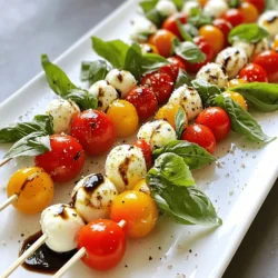 - 1 pint cherry tomatoes - 8 oz fresh mozzarella balls (bocconcini) - Fresh basil leaves - 2 tablespoons balsamic glaze - 1 tablespoon olive oil - Salt and pepper to taste - Skewers (6-inch or 8-inch) To make these easy Caprese skewers, gather your ingredients first. I love using ripe cherry tomatoes for their sweetness. Fresh mozzarella balls add creaminess. You can find bocconcini at most grocery stores. Don't skip the fresh basil; it gives a bright flavor. Balsamic glaze adds a nice tang, while olive oil brings richness. A sprinkle of salt and pepper finishes it perfectly. Use skewers that are 6 or 8 inches long. This size is ideal for assembling the skewers without making them too heavy. When you have all your ingredients ready, you will create a dish that looks great and tastes even better. For the full recipe, you can follow my detailed instructions. 1. Start by washing the cherry tomatoes and basil leaves under cold water. 2. Gently dry them with a paper towel. 3. If the mozzarella balls are larger than the tomatoes, slice them in half. 1. Begin threading a cherry tomato onto a skewer. 2. Follow with a basil leaf, then a mozzarella ball. 3. Repeat this until the skewer is filled. 4. Leave some space on each end for easy handling. 5. Drizzle the assembled skewers with olive oil and balsamic glaze. 6. Sprinkle with salt and pepper for extra flavor. 1. Arrange the skewers on a serving platter. 2. Drizzle any leftover balsamic glaze for a nice touch. 3. Optionally, chill the skewers in the fridge for 15 minutes. 4. Chilling enhances the refreshing taste! These simple steps make perfect Easy Caprese Skewers for any event. Enjoy the fresh flavors! You can find the Full Recipe above for more details. To make your skewers look great, use similar-sized ingredients. This keeps each skewer balanced. If the mozzarella balls are too big, slice them in half. This helps fit them perfectly with the cherry tomatoes. Keep your ingredients fresh before you assemble. Store cherry tomatoes and mozzarella in the fridge. Place them in a sealed container. This keeps them crisp and ready for your skewers. Add more flavor with simple seasonings. Fresh herbs like oregano or thyme work well. Just sprinkle them over the skewers before serving. You can also mix some garlic powder with the olive oil for a tasty twist. These skewers pair well with many dishes. Serve them as a side with grilled chicken or fish. They also go great with a fresh salad or pasta. The flavors complement each other nicely. Use a long white platter for serving. This makes the colors pop. Arrange your skewers in a line for a nice visual effect. You can also stand them upright in a glass for a fun touch. For garnishing, add extra basil leaves around the platter. This adds color and freshness. You can also drizzle a bit of balsamic glaze on top for an elegant finish. These simple tips elevate your Caprese skewers and make them look stunning for any gathering. {{image_2}} For your Easy Caprese Skewers, you can swap out mozzarella with other cheeses. Here are some options: - Feta cheese for a tangy twist. - Goat cheese adds creaminess. - Vegan mozzarella for a plant-based choice. You can also add seasonal ingredients for extra flavor. Consider using: - Grilled zucchini in summer. - Roasted butternut squash in fall. - Fresh berries for a sweet touch. You can make these skewers even more fun by adding other vegetables. Try these ideas: - Bell peppers give a crunchy bite. - Cucumber slices add refreshing coolness. - Cherry peppers for a spicy kick. You can also serve the skewers in creative ways. Here are a few: - Toss them in a salad for a fresh meal. - Wrap them in a tortilla for a quick lunch. To change the flavor, try adding pesto or vinaigrettes. This creates a new taste you might love. Here are some ideas: - Drizzle pesto on top for a herby touch. - Use lemon vinaigrette for brightness. You can also adjust the ingredient ratios to fit your liking. If you love basil, add more leaves. Prefer less cheese? Just use fewer mozzarella balls. These little tweaks make your skewers perfect for you. Check out the Full Recipe to get started! To store leftover skewers in the fridge, wrap them tightly in plastic wrap. This keeps them fresh for a while. You can also place them in a shallow container with a lid. Use an airtight container for best results. It helps maintain the flavors and textures. You cannot freeze Caprese skewers. Freezing changes the taste and texture of fresh ingredients. If you want to prepare in advance, you can assemble the skewers a few hours before serving. Just keep them chilled in the fridge until ready to serve. Prepared skewers last up to three days in the fridge. Keep an eye out for signs of spoilage. If the tomatoes look mushy or the cheese has a strange smell, it's time to toss them. Always trust your senses when checking for freshness. Enjoy your Easy Caprese Skewers! You can find the Full Recipe for a quick guide. You can easily prepare Caprese skewers ahead. Start by washing the cherry tomatoes and basil. Dry them well. Assemble the skewers but don’t drizzle them with olive oil or glaze yet. Store the skewers in the fridge in a sealed container. This keeps them fresh. Drizzle with oil and glaze right before serving. This way, they taste fresh and look great. Yes, you can use different cheeses! Try using feta, goat cheese, or even cheddar. Each cheese brings its own unique flavor. Feta adds a tangy bite, while goat cheese gives creaminess. Cheddar can give a sharp taste. Just ensure the cheese pairs well with tomatoes and basil. Look for a thick, rich balsamic glaze. A good store-bought option is often labeled as “balsamic reduction.” You can also make your own by simmering balsamic vinegar until it thickens. This homemade version is fresh and customizable. A high-quality glaze enhances the flavor of your skewers perfectly. You can find more tips in the Full Recipe. Caprese skewers are a fun and tasty treat. You learned the right ingredients, simple steps, and helpful tips to make them shine. Don't forget the storage info to keep your leftovers fresh. Feel free to experiment with flavors and ingredients for a personal touch. Enjoy these skewers at your next gathering or as a quick snack. With their fresh taste and colorful look, they’re sure to impress. Happy skewer-making!