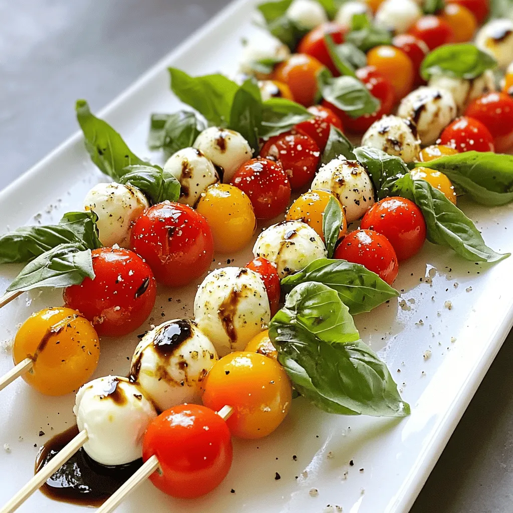 - 1 pint cherry tomatoes - 8 oz fresh mozzarella balls (bocconcini) - Fresh basil leaves - 2 tablespoons balsamic glaze - 1 tablespoon olive oil - Salt and pepper to taste - Skewers (6-inch or 8-inch) To make these easy Caprese skewers, gather your ingredients first. I love using ripe cherry tomatoes for their sweetness. Fresh mozzarella balls add creaminess. You can find bocconcini at most grocery stores. Don't skip the fresh basil; it gives a bright flavor. Balsamic glaze adds a nice tang, while olive oil brings richness. A sprinkle of salt and pepper finishes it perfectly. Use skewers that are 6 or 8 inches long. This size is ideal for assembling the skewers without making them too heavy. When you have all your ingredients ready, you will create a dish that looks great and tastes even better. For the full recipe, you can follow my detailed instructions. 1. Start by washing the cherry tomatoes and basil leaves under cold water. 2. Gently dry them with a paper towel. 3. If the mozzarella balls are larger than the tomatoes, slice them in half. 1. Begin threading a cherry tomato onto a skewer. 2. Follow with a basil leaf, then a mozzarella ball. 3. Repeat this until the skewer is filled. 4. Leave some space on each end for easy handling. 5. Drizzle the assembled skewers with olive oil and balsamic glaze. 6. Sprinkle with salt and pepper for extra flavor. 1. Arrange the skewers on a serving platter. 2. Drizzle any leftover balsamic glaze for a nice touch. 3. Optionally, chill the skewers in the fridge for 15 minutes. 4. Chilling enhances the refreshing taste! These simple steps make perfect Easy Caprese Skewers for any event. Enjoy the fresh flavors! You can find the Full Recipe above for more details. To make your skewers look great, use similar-sized ingredients. This keeps each skewer balanced. If the mozzarella balls are too big, slice them in half. This helps fit them perfectly with the cherry tomatoes. Keep your ingredients fresh before you assemble. Store cherry tomatoes and mozzarella in the fridge. Place them in a sealed container. This keeps them crisp and ready for your skewers. Add more flavor with simple seasonings. Fresh herbs like oregano or thyme work well. Just sprinkle them over the skewers before serving. You can also mix some garlic powder with the olive oil for a tasty twist. These skewers pair well with many dishes. Serve them as a side with grilled chicken or fish. They also go great with a fresh salad or pasta. The flavors complement each other nicely. Use a long white platter for serving. This makes the colors pop. Arrange your skewers in a line for a nice visual effect. You can also stand them upright in a glass for a fun touch. For garnishing, add extra basil leaves around the platter. This adds color and freshness. You can also drizzle a bit of balsamic glaze on top for an elegant finish. These simple tips elevate your Caprese skewers and make them look stunning for any gathering. {{image_2}} For your Easy Caprese Skewers, you can swap out mozzarella with other cheeses. Here are some options: - Feta cheese for a tangy twist. - Goat cheese adds creaminess. - Vegan mozzarella for a plant-based choice. You can also add seasonal ingredients for extra flavor. Consider using: - Grilled zucchini in summer. - Roasted butternut squash in fall. - Fresh berries for a sweet touch. You can make these skewers even more fun by adding other vegetables. Try these ideas: - Bell peppers give a crunchy bite. - Cucumber slices add refreshing coolness. - Cherry peppers for a spicy kick. You can also serve the skewers in creative ways. Here are a few: - Toss them in a salad for a fresh meal. - Wrap them in a tortilla for a quick lunch. To change the flavor, try adding pesto or vinaigrettes. This creates a new taste you might love. Here are some ideas: - Drizzle pesto on top for a herby touch. - Use lemon vinaigrette for brightness. You can also adjust the ingredient ratios to fit your liking. If you love basil, add more leaves. Prefer less cheese? Just use fewer mozzarella balls. These little tweaks make your skewers perfect for you. Check out the Full Recipe to get started! To store leftover skewers in the fridge, wrap them tightly in plastic wrap. This keeps them fresh for a while. You can also place them in a shallow container with a lid. Use an airtight container for best results. It helps maintain the flavors and textures. You cannot freeze Caprese skewers. Freezing changes the taste and texture of fresh ingredients. If you want to prepare in advance, you can assemble the skewers a few hours before serving. Just keep them chilled in the fridge until ready to serve. Prepared skewers last up to three days in the fridge. Keep an eye out for signs of spoilage. If the tomatoes look mushy or the cheese has a strange smell, it's time to toss them. Always trust your senses when checking for freshness. Enjoy your Easy Caprese Skewers! You can find the Full Recipe for a quick guide. You can easily prepare Caprese skewers ahead. Start by washing the cherry tomatoes and basil. Dry them well. Assemble the skewers but don’t drizzle them with olive oil or glaze yet. Store the skewers in the fridge in a sealed container. This keeps them fresh. Drizzle with oil and glaze right before serving. This way, they taste fresh and look great. Yes, you can use different cheeses! Try using feta, goat cheese, or even cheddar. Each cheese brings its own unique flavor. Feta adds a tangy bite, while goat cheese gives creaminess. Cheddar can give a sharp taste. Just ensure the cheese pairs well with tomatoes and basil. Look for a thick, rich balsamic glaze. A good store-bought option is often labeled as “balsamic reduction.” You can also make your own by simmering balsamic vinegar until it thickens. This homemade version is fresh and customizable. A high-quality glaze enhances the flavor of your skewers perfectly. You can find more tips in the Full Recipe. Caprese skewers are a fun and tasty treat. You learned the right ingredients, simple steps, and helpful tips to make them shine. Don't forget the storage info to keep your leftovers fresh. Feel free to experiment with flavors and ingredients for a personal touch. Enjoy these skewers at your next gathering or as a quick snack. With their fresh taste and colorful look, they’re sure to impress. Happy skewer-making!