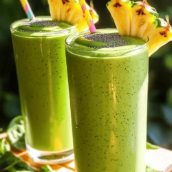 - Fresh spinach (1 cup) - Ripe banana (1) - Fresh lime juice (to taste) - Frozen pineapple chunks (1/2 cup) - Frozen mango chunks (1/2 cup) - Coconut water (1/2 cup) - Plain Greek yogurt (1/2 cup) - Chia seeds (1 tablespoon) - Honey or agave syrup (optional, 1 tablespoon) I love using fresh ingredients in my Tropical Green Smoothie. The fresh spinach adds a nice green color and lots of nutrients. The ripe banana sweetens the drink and gives it a creamy texture. A squeeze of fresh lime juice brightens the flavor perfectly. For a fruity twist, I use frozen pineapple and mango chunks. They make the smoothie cold and refreshing. Plus, they are great for adding natural sweetness without extra sugar. I also add coconut water. It hydrates and gives a subtle tropical taste. Plain Greek yogurt makes the smoothie creamy and adds protein. Chia seeds are my secret for a nutritional boost; they provide fiber and healthy fats. If you like your smoothie sweeter, honey or agave syrup works well. These ingredients come together to create a delicious drink. For the full recipe, check out the details above. First, wash and dry 1 cup of fresh spinach. Make sure to remove any dirt or grit. Then, peel and cut 1 ripe banana into smaller pieces. This makes blending easier. Next, prepare your frozen fruits. You will need 1/2 cup each of frozen pineapple and frozen mango chunks. Now, it's time to blend! In a blender, combine the spinach, banana, 1/2 cup of frozen pineapple, and 1/2 cup of frozen mango. Pour in 1/2 cup of coconut water and 1/2 cup of plain Greek yogurt. Add 1 tablespoon of chia seeds and a squeeze of lime juice for a zesty touch. Blend on high until you achieve a smooth and creamy texture. If needed, stop and scrape down the sides of the blender. After blending, taste your smoothie. If you want it sweeter, add 1 tablespoon of honey or agave syrup. Blend again for a few seconds. Pour the smoothie into glasses or bowls. For an extra special touch, garnish with more chia seeds or some slices of fresh fruit. Enjoy your delicious Tropical Green Smoothie! For the full recipe, refer to the beginning of this article. Choosing ripe bananas is key. A ripe banana is sweet and creamy. Look for yellow skin with brown spots. This means it’s ready for your smoothie. For fresh spinach, pick bright green leaves. Avoid yellow or brown spots. Fresh spinach adds nutrients and flavor. When it comes to frozen tropical fruits, choose quality brands. Look for fruit with no added sugar. Pineapple and mango should be bright in color. This means they are ripe and tasty. You can also freeze your own fruit. Just chop and freeze them in a bag. This gives you control over freshness. To get the right thickness, use the right amount of liquid. If your smoothie is too thick, add more coconut water. Start with half a cup and adjust as needed. For a thicker smoothie, use less liquid or add more yogurt. Blending is important too. Start on low speed to mix ingredients. Then switch to high speed for a smooth finish. If you see lumps, stop blending and scrape the sides. Blend again until smooth. This ensures a creamy texture. To boost nutrition, consider adding superfoods. Chia seeds are great; they add fiber and protein. Protein powders can help if you need extra energy. Just one scoop can make a difference. Other nutrient-rich add-ins include flaxseeds or spinach. They both add healthy fats and vitamins. You can also try nut butter for creaminess. Each adds its own unique flavor and health benefits. For the full recipe, check out the Tropical Green Smoothie 🥭. {{image_2}} You can change up the fruit in your Tropical Green Smoothie. Try adding kiwi for a tangy twist. Papaya also works well, giving your drink a creamy texture. You can mix and match your favorite fruits. For greens, consider kale or Swiss chard. These options add nutrition and a different taste. Each choice brings a unique flavor to your smoothie. If you want a dairy-free version, swap Greek yogurt for coconut yogurt. This keeps it creamy and adds a hint of coconut flavor. For sweetness, use maple syrup or agave instead of honey. These options are great for vegans. They let you enjoy the smoothie without any animal products. To add more flavor, consider spices like ginger or turmeric. They not only taste great but also add health benefits. Fresh herbs like mint can give your smoothie a refreshing lift. Just add a few leaves to the blender and blend it up. These small changes can take your Tropical Green Smoothie to the next level. For the full recipe, check out the details above. To store leftover smoothies, pour them into a clean glass jar. Leave some space at the top. Seal the jar tightly with a lid. This keeps air out and helps maintain freshness. If you want to store it longer, you can freeze the smoothie. Use an ice cube tray to freeze small portions. Then, transfer the cubes to a freezer bag. This way, you can blend a quick smoothie later. Pre-portion ingredients for quick smoothies. Place the spinach, banana, and frozen fruit in freezer bags. Store them in the freezer. When you want a smoothie, just grab a bag. For dry ingredients like chia seeds, keep them in a labeled jar. This makes them easy to access. You can also mix your dry ingredients ahead of time. This way, you have everything ready for a fast drink. You can keep prepared smoothies in the fridge for up to 24 hours. After that, they may lose flavor and nutrients. If the smoothie changes color or smells sour, it has gone bad. Always check before drinking. Freshness matters for taste and health. To enjoy the Tropical Green Smoothie at its best, drink it soon after making it. For more detailed instructions, refer to the [Full Recipe]. Yes, you can use fresh fruits. However, the texture and flavor will change. Frozen fruits make the smoothie cold and thick. Fresh fruits may result in a thinner drink. If you choose fresh fruit, add ice to keep it chilled. To thicken your smoothie, try these tips: - Use more frozen fruit. This adds body and chill. - Add a banana. Bananas make the smoothie creamy. - Include extra Greek yogurt. It adds protein and thickness. - Blend less. A shorter blend keeps some texture. Yes, the Tropical Green Smoothie can aid in weight loss. It is low in calories and packed with nutrients. Here’s a quick breakdown: - Spinach is low in calories but high in fiber. - Fruits provide natural sweetness and vitamins. - Greek yogurt adds protein, which helps you feel full. This smoothie is refreshing and nutritious. You can check the Full Recipe for a detailed guide to make it! This blog post covered how to create a delicious Tropical Green Smoothie. I shared the best fresh and frozen ingredients and gave you step-by-step instructions. You learned tips for picking the best produce and ways to boost your smoothie’s flavor and nutrition. Remember, you can easily customize it to fit your taste! Have fun experimenting with different fruits and ingredients. Enjoy your healthy smoothie and all its benefits!